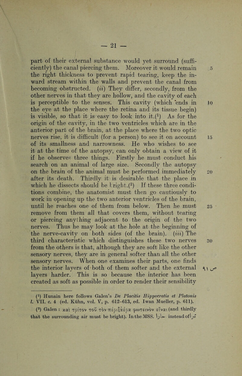 part of their external substance would yet surround (suffi¬ ciently) the canal piercing them. Moreover it would remain the right thickness to prevent rapid tearing, keep the in¬ ward stream within the walls and prevent the canal from becoming obstructed, (ii) They differ, secondly, from the other nerves in that they are hollow, and the cavity of each is perceptible to the senses. This cavity (which ends in the eye at the place where the retina and its tissue begin) is visible, so that it is easy to look into it.f1) As for the origin of the cavity, in the two ventricles which are in the anterior part of the brain, at the place wdiere the two optic nerves rise, it is difficult (for a person) to see it on account of its smallness and narrowness. He wTho washes to see it at the time of the autopsy, can only obtain a view of it if he observes three things. Firstly he must conduct his search on an animal of large size. Secondly the autopsy on the brain of the animal must be performed immediately after its death. Thirdly it is desirable that the place in which he dissects should be lright.(2) If these three condi¬ tions combine, the anatomist must then go cautiously to work in opening up the two anterior ventricles of the brain, until he reaches one of them from below. Then he must remove from them all that covers them, without tearing or piercing anything adjacent to the origin of the two nerves. Thus he may look at the hole at the beginning of the nerve-cavity on both sides (of the brain). (Hi) The third characteristic which distinguishes these twTo nerves from the others is that, although they are soft like the other sensory nerves, they are in general softer than all the other sensory nerves. When one examines their parts, one finds the interior layers of both of them softer and the external layers harder. This is so because the interior has been created as soft as possible in order to render their sensibility (1) Hunain here follows Galen’s De Placitis Hipporratis et Platonis l. VII. c. 4 (ed. Kuhn, vol. V, p. 612-613, ed. I wan Mueller, p. 611). (2) Galen : xat rprrov tou tov Trspt^aspa <pcoT£ivov etvai (and thirdly that the surrounding air must be bright). In the MSS. IjU- instead of I_y> 5 10 15 20 25 30