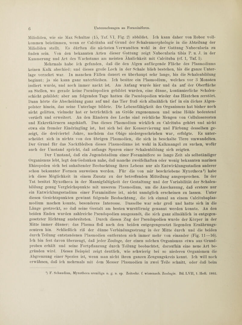 Milioliden, wie sie Max Schnitze (15, Tat. VI, Fig. 2) abbildet. Ich kann daher von Roboz voll¬ kommen beistimmen, wenn er Calcituba auf Grund der Schalenmorphologie in die Abteilung der Milioliden stellt. Es dürften die nächsten Verwandten wohl in der Gattung Nubecularia zu finden sein. Von den bekannten Arten dieser Gattung zeigt Nubecularia tibia P. u. J. in der Kammerung und Art des Wachstums am meisten Ähnlichkeit mit Calcituba (cf. 1, Taf. I). Mehrmals habe ich gefunden, daß die den Algen aufliegende Fläche des Plasmodiums keinen Kalk abschied; und dieses große Loch in der Schale blieb bestehen, bis die ganze Unter¬ lage verzehrt war. In manchen Fällen dauert es überhaupt sehr lange, bis die Schalenbildung beginnt; ja sie kann ganz unterbleiben. Ich besitze ein Plasmodium, welches vor 3 Monaten isoliert wurde, und noch immer nackt ist. Am Anfang wurde hier und da auf der Oberfläche an Stellen, wo gerade keine Pseudopodien gebildet wurden, eine dünne, kontinuierliche Schalen¬ schicht gebildet; aber am folgenden Tage hatten die Pseudopodien wieder das Häutchen zerstört. Dann hörte die Abscheidung ganz auf und das Tier fraß sich allmählich tief in ein dickes Algen¬ polster hinein, das seine Unterlage bildete. Die Lebensfähigkeit des Organismus hat bisher noch nicht gelitten, vielmehr hat er beträchtlich an Größe zugenommen und seine Höhle bedeutend vertieft und erweitert. An den Rändern des Lochs sind reichliche Mengen von Celluloseresten und Exkretkörnern angehäuft. Das dieses Plasmodium wirklich zu Calcituba gehört und nicht etwa ein fremder Eindringling ist, hat sich bei der Konservierung und Färbung desselben ge¬ zeigt, die dreiviertel Jahre, nachdem das Obige niedergeschrieben war, erfolgte. Es unter¬ scheidet sich in nichts von den übrigen Plasmodien, die sich in beschälte Tiere umwandelten. Der Grund für das Nacktbleiben dieses Plasmodiums ist wohl in Kalkmangel zu suchen, wofür auch der Umstand spricht, daß anfangs Spuren einer Schalenbildung sich zeigten. Der Umstand, daß ein Jugendstadium einer Foraminifere so lange Zeit als selbständiger Organismus lebt, legt den Gedanken nahe, daß manche zweifelhaften oder wenig bekannten marinen Rhizopoden sich bei anhaltender Beobachtung ihres Lebens nur als Entwicklungsstadien anderer schon bekannter Formen ausweisen werden. Für die von mir beschriebene Myxotheca1) habe ich diese Möglichkeit in einem Zusatz zu der betreffenden Mitteilung ausgesprochen. In der Tat besitzt Myxotheca in der Mannigfaltigkeit der Gestaltung und der Variabilität der Schalen¬ bildung genug Vergleichspunkte mit unserem Plasmodium, um die Anschauung, daß erstere nur ein Entwicklungsstadium einer Foraminifere ist, nicht unmöglich erscheinen zu lassen. Unter diesen Gesichtspunkten gewinnt folgende Beobachtung, die ich einmal an einem Calcitubaplas- modium machen konnte, besonderes Interesse. Dasselbe war sehr groß und hatte sich in die Länge gestreckt, so daß seine Gestalt am besten wurstförmig genannt werden konnte. An den beiden Enden wurden zahlreiche Pseudopodien ausgesandt, die sich ganz allmählich in entgegen¬ gesetzter Richtung ausbreiteten. Durch diesen Zug der Pseudopodien wurde der Körper in der Mitte immer dünner; das Plasma floß nach den beiden entgegengesetzt liegenden Ernährungs¬ zentren hin. Schließlich riß der dünne Verbindungsstrang in der Mitte durch und die beiden durch Teilung entstandenen Plasmodien entfernten sich immer mehr von einander (Fig. 11—16). Ich bin fest davon überzeugt, daß jeder Zoologe, der einen solchen Organismus etwa aus Grund¬ proben erhält und seine Fortpflanzung durch Teilung beobachtet, daraufhin eine neue Art be¬ gründen wird. Dieses Beispiel zeigt deutlich, wie schwierig bei so niederen Organismen die Abgrenzung einer Spezies ist, wenn man nicht ihren ganzen Zeugungskreis kennt. Ich will noch erwähnen, daß ich mehrmals mit dem Messer Plasmodien in zwei Teile schnitt, oder daß beim