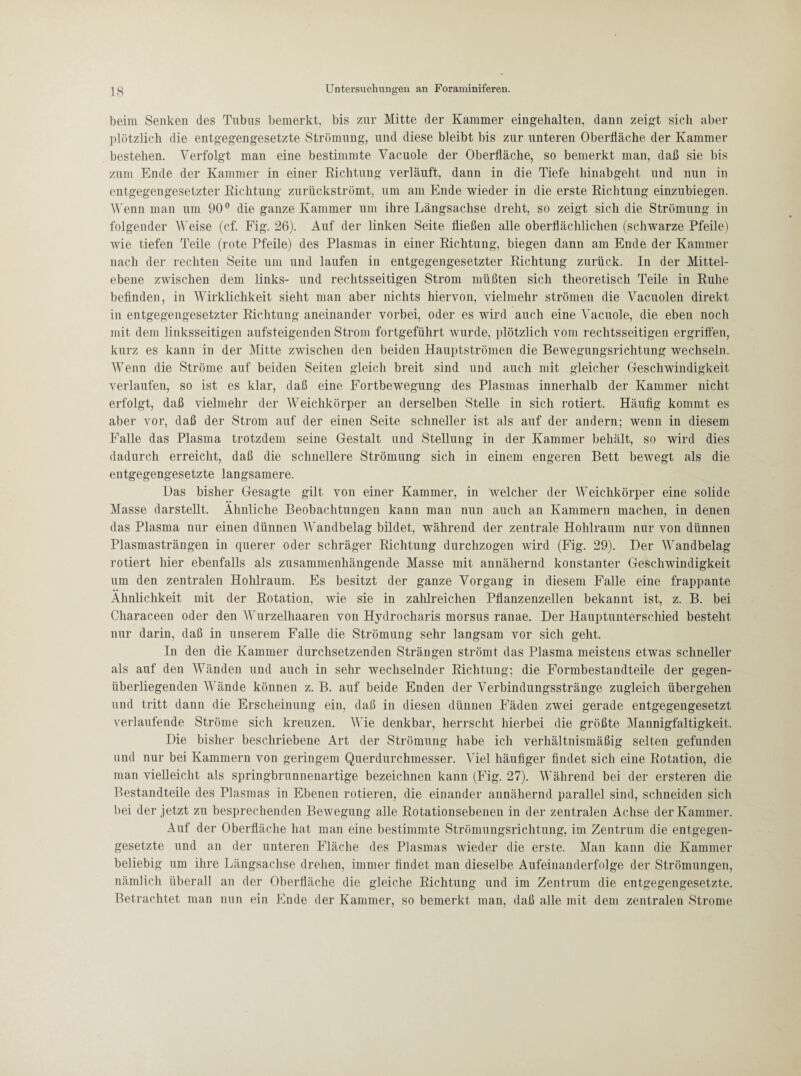 beim Senken des Tubus bemerkt, bis zur Mitte der Kammer eingehalten, dann zeigt sich aber plötzlich die entgegengesetzte Strömung, und diese bleibt bis zur unteren Oberfläche der Kammer bestehen. Verfolgt man eine bestimmte Vacuole der Oberfläche, so bemerkt man, daß sie bis zum Ende der Kammer in einer Richtung verläuft, dann in die Tiefe hinabgeht und nun in entgegengesetzter Richtung zurückströmt, um am Ende wieder in die erste Richtung einzubiegen. Wenn man um 90° die ganze Kammer um ihre Längsachse dreht, so zeigt sich die Strömung in folgender Weise (cf. Fig. 26). Auf der linken Seite fließen alle oberflächlichen (schwarze Pfeile) wie tiefen Teile (rote Pfeile) des Plasmas in einer Richtung, biegen dann am Ende der Kammer nach der rechten Seite um und laufen in entgegengesetzter Richtung zurück. In der Mittel¬ ebene zwischen dem links- und rechtsseitigen Strom müßten sich theoretisch Teile in Ruhe befinden, in Wirklichkeit sieht man aber nichts hiervon, vielmehr strömen die Vacuolen direkt in entgegengesetzter Richtung aneinander vorbei, oder es wird auch eine Vacuole, die eben noch mit dem linksseitigen aufsteigenden Strom fortgeführt wurde, plötzlich vom rechtsseitigen ergriffen, kurz es kann in der Mitte zwischen den beiden Hauptströmen die Bewegungsrichtung wechseln. Wenn die Ströme auf beiden Seiten gleich breit sind und auch mit gleicher Geschwindigkeit verlaufen, so ist es klar, daß eine Fortbewegung des Plasmas innerhalb der Kammer nicht erfolgt, daß vielmehr der Weichkörper an derselben Stelle in sich rotiert. Häufig kommt es aber vor, daß der Strom auf der einen Seite schneller ist als auf der andern; wenn in diesem Falle das Plasma trotzdem seine Gestalt und Stellung in der Kammer behält, so wird dies dadurch erreicht, daß die schnellere Strömung sich in einem engeren Bett bewegt als die entgegengesetzte langsamere. Das bisher Gesagte gilt von einer Kammer, in welcher der Weichkörper eine solide Masse darstellt. Ähnliche Beobachtungen kann man nun auch an Kammern machen, in denen das Plasma nur einen dünnen Wandbelag bildet, während der zentrale Hohlraum nur von dünnen Plasmasträngen in cpierer oder schräger Richtung durchzogen wird (Fig. 29). Der Wandbelag rotiert hier ebenfalls als zusammenhängende Masse mit annähernd konstanter Geschwindigkeit um den zentralen Hohlraum. Es besitzt der ganze Vorgang in diesem Falle eine frappante Ähnlichkeit mit der Rotation, wie sie in zahlreichen Pflanzenzellen bekannt ist, z. B. bei Characeen oder den Wurzelhaaren von Hydrocharis morsus ranae. Der Hauptunterschied besteht nur darin, daß in unserem Falle die Strömung sehr langsam vor sich geht. In den die Kammer durchsetzenden Strängen strömt das Plasma meistens etwas schneller als auf den Wänden und auch in sehr wechselnder Richtung; die Formbestandteile der gegen¬ überliegenden Wände können z. B. auf beide Enden der Verbindungsstränge zugleich übergehen und tritt dann die Erscheinung ein, daß in diesen dünnen Fäden zwei gerade entgegengesetzt verlaufende Ströme sich kreuzen. Wie denkbar, herrscht hierbei die größte Mannigfaltigkeit. Die bisher beschriebene Art der Strömung habe ich verhältnismäßig selten gefunden und nur bei Kammern von geringem Querdurchmesser. Viel häufiger findet sich eine Rotation, die man vielleicht als springbrunnenartige bezeichnen kann (Fig. 27). Während bei der ersteren die Bestandteile des Plasmas in Ebenen rotieren, die einander annähernd parallel sind, schneiden sich bei der jetzt zu besprechenden Bewegung alle Rotationsebenen in der zentralen Achse der Kammer. Auf der Oberfläche hat man eine bestimmte Strömungsrichtung, im Zentrum die entgegen¬ gesetzte und an der unteren Fläche des Plasmas wieder die erste. Man kann die Kammer beliebig um ihre Längsachse drehen, immer findet man dieselbe Aufeinanderfolge der Strömungen, nämlich überall an der Oberfläche die gleiche Richtung und im Zentrum die entgegengesetzte. Betrachtet man nun ein Ende der Kammer, so bemerkt man, daß alle mit dem zentralen Strome