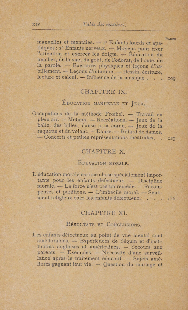 P AGHS manuelles et mentales, — i° Enfants lourds et apa¬ thiques ; 2° Enfants nerveux. — Moyens pour fixer l’attention et exercer les doigts. —- Éducation du toucher, de la vue, du goût, de l’odorat, de l’ouïe, de la parole. — Exercices physiques et leçons d’ha¬ billement. - Leçons d’intuition. —■ Dessin, écriture, lecture et calcul. — Influence de la musique . . . 109 CHAPITRE IX. Éducation manuelle et Jeux. Occupations de la méthode Frœbeî. — Travail en plein air. — Métiers. — Récréations. — Jeux de la balle, des billes, danse à la corde. — Jeux de la raquette et du volant. — Danse. — Billard de dames. —- Concerts et petites représentations théâtrales. . 129 CHAPITRE X, s Education morale. L'éducation morale est une chose spécialement impor¬ tante pour les enfants défectueux. — Discipline morale. — La force n’est pas un remède. — Récom¬ penses et punitions. — L’imbécile moral. — Senti¬ ment religieux chez les enfants défectueux. . . . i36 CHAPITRE XL Résultats et Conclusions. Les enfants défectueux au point de vue mental sont améliorables. — Expériences de Séguin et d’insti¬ tutions anglaises et américaines. — Secours aux parents. — Exemples. — Nécessité d’une surveil¬ lance après le traitement éducatif. — Sujets amé¬ liorés gagnant leur vie. — Question du mariage et