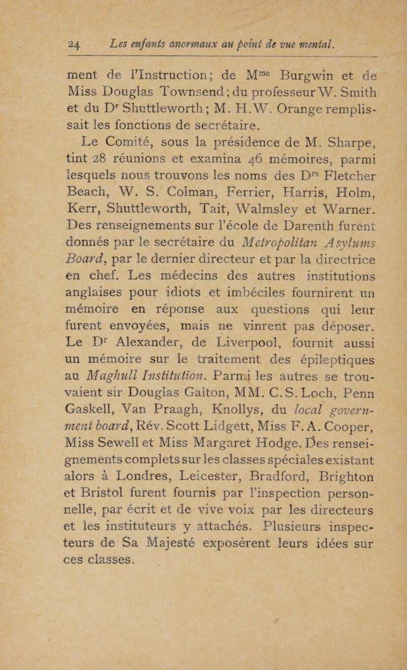 ment de FInstruction ; de Mme Burgwin et de Miss Douglas Townsend;du professeurW. Smith et du Dr Shuttleworth ; M, H.W. Orange remplis¬ sait les fonctions de secrétaire. Le Comité, sous la présidence de M, Sharpe, tint 28 réunions et examina 46 mémoires, parmi lesquels nous trouvons les noms des Drs Fletcher Beach, W, S. Colman, Ferrier, Harris, Holm, Kerr, Shuttleworth, Tait, Walmsley et Warner. Des renseignements sur Fécole de Darenth furent donnés par le secrétaire du Metropolitan Asylums Board, par le dernier directeur et par la directrice en chef. Les médecins des autres institutions anglaises pour idiots et imbéciles fournirent un mémoire en réponse aux questions qui leur furent envoyées, mais ne vinrent pas déposer. Le Dr Alexander, de Liverpool, fournit aussi un mémoire sur le traitement des épileptiques au Maghull Institution. Parmi les autres se trou¬ vaient sir Douglas Galton, MM. C, S. Loch, Penn Gaskell, Van Praagh, Knollys, du local govern¬ ment board, Rév. Scott Lidgett, Miss F. A. Cooper, Miss Sewell et Miss Margaret Hodge. Des rensei¬ gnements complets sur les classes spéciales existant alors à Londres, Leicester, Bradford, Brighton et Bristol furent fournis par Finspection person¬ nelle, par écrit et de vive voix par les directeurs et les instituteurs y attachés. Plusieurs inspec¬ teurs de Sa Majesté exposèrent leurs idées sur ces classes.