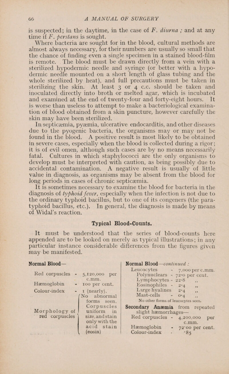 is suspected; in the daytime, in the case of F. diurna ; and at any time if F. per stuns is sought. Where bacteria are sought for in the blood, cultural methods are almost always necessary, for their numbers are usually so small that the chance of linding even a single specimen in a stained blood-hlm is remote. The blood must be drawn directly from a vein with a sterilized hypodermic needle and syringe (or better with a hypo¬ dermic needle mounted on a short length of glass tubing and the whole sterilized by heat), and full precautions must be taken in sterilizing the skin. At least 3 or 4 c.c. should be taken and inoculated directly into broth or melted agar, which is incubated and examined at the end of twenty-four and forty-eight hours. It is worse than useless to attempt to make a bacteriological examina¬ tion of blood obtained from a skin puncture, however carefully the skin may have been sterilized. In septicaemia, pyaemia, ulcerative endocarditis, and other diseases due to the pyogenic bacteria, the organisms may or may not be found in the blood. A positive result is most likely to be obtained in severe cases, especially when the blood is collected during a rigor; it is of evil omen, although such cases are by no means necessarily fatal. Cultures in which staphylococci are the only organisms to develop must be interpreted with caution, as being possibly due to accidental contamination. A negative result is usually of little value in diagnosis, as organisms may be absent from the blood for long periods in cases of chronic septicsemia. It is sometimes necessary to examine the blood for bacteria in the diagnosis of typhoid fever, especially when the infection is not due to the ordinary typhoid bacillus, but to one of its congeners (the para¬ typhoid bacillus, etc.). In general, the diagnosis is made by means of Widal’s reaction. Typical Blood-Counts. It must be understood that the series of blood-counts here appended are to be looked on merely as typical illustrations; in any particular instance considerable differences from the figures given may be manifested. Normal Blood— Red corpuscles Haemoglobin Colour-index Morphology of red corpuscles 5,120,000 pei c.mm. 100 per cent. 1 (nearly). 'No abnormal forms seen Corpuscles uniform ir size, and stair only with the acid stair (eosin) Normal Blood—continued : Leucocytes 7,000 per c.mm. Polynuclears - 72*0 per cent. Lymphocytes - 22*8 Eosinophiles - 2-4 ,, Large hyalines 2*4 ,, Mast-cells - 0*4 ,, No other forms of leucocytes seen. Secondary Anaemia from repeated slight haemorrhages— Red corpuscles - 4,200,000 per c.mm. Haemoglobin - 72'oo per cent. Colour-index • *85