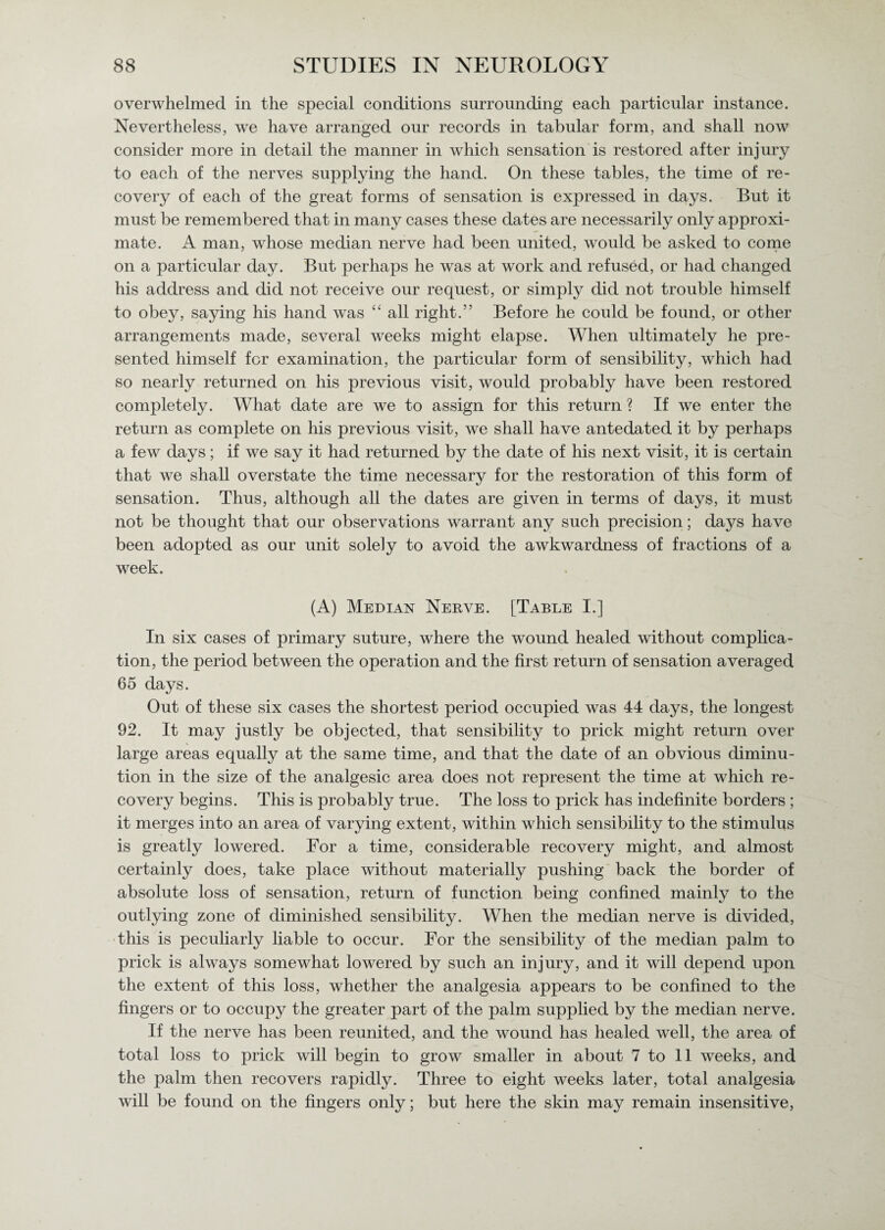 overwhelmed in the special conditions surrounding each particular instance. Nevertheless, we have arranged our records in tabular form, and shall now consider more in detail the manner in which sensation is restored after injury to each of the nerves supplying the hand. On these tables, the time of re¬ covery of each of the great forms of sensation is expressed in days. But it must be remembered that in many cases these dates are necessarily only approxi¬ mate. A man, whose median nerve had been united, would be asked to come on a particular day. But perhaps he was at work and refused, or had changed his address and did not receive our request, or simply did not trouble himself to obey, saying his hand was “ all right.” Before he could be found, or other arrangements made, several weeks might elapse. When ultimately he pre¬ sented himself for examination, the particular form of sensibility, which had so nearly returned on his previous visit, would probably have been restored completely. What date are we to assign for this return ? If we enter the return as complete on his previous visit, we shall have antedated it by perhaps a few days; if we say it had returned by the date of his next visit, it is certain that we shall overstate the time necessary for the restoration of this form of sensation. Thus, although all the dates are given in terms of days, it must not be thought that our observations warrant any such precision; days have been adopted as our unit solely to avoid the awkwardness of fractions of a week. (A) Median Nerve. [Table I.] In six cases of primary suture, where the wound healed without complica¬ tion, the period between the operation and the first return of sensation averaged 65 days. Out of these six cases the shortest period occupied was 44 days, the longest 92. It may justly be objected, that sensibility to prick might return over large areas equally at the same time, and that the date of an obvious diminu¬ tion in the size of the analgesic area does not represent the time at which re¬ covery begins. This is probably true. The loss to prick has indefinite borders ; it merges into an area of varying extent, within which sensibility to the stimulus is greatly lowered. For a time, considerable recovery might, and almost certainly does, take place without materially pushing back the border of absolute loss of sensation, return of function being confined mainly to the outlying zone of diminished sensibility. When the median nerve is divided, this is peculiarly liable to occur. For the sensibility of the median palm to prick is always somewhat lowered by such an injury, and it will depend upon the extent of this loss, whether the analgesia appears to be confined to the fingers or to occupy the greater part of the palm supplied by the median nerve. If the nerve has been reunited, and the wound has healed well, the area of total loss to prick will begin to grow smaller in about 7 to 11 weeks, and the palm then recovers rapidly. Three to eight weeks later, total analgesia will be found on the fingers only; but here the skin may remain insensitive,