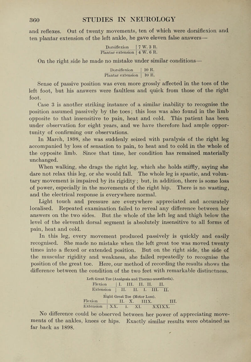 and reflexes. Out of twenty movements, ten of which were dorsiflexion and ten plantar extension of the left ankle, he gave eleven false answers— Dorsiflexion | 7 W. 3 R. Plantar extension | 4 W. 6 R. On the right side he made no mistake under similar conditions— Dorsiflexion | 10 R. Plantar extension | 10 R. Sense of passive position was even more grossly affected in the toes of the left foot, but his answers were faultless and quick from those of the right foot. Case 3 is another striking instance of a similar inability to recognise the position assumed passively by the toes; this loss was also found in the limb opposite to that insensitive to pain, heat and cold. This patient has been under observation for eight years, and we have therefore had ample oppor¬ tunity of confirming our observations. In March, 1898, she was suddenly seized with paralysis of the right leg accompanied by loss of sensation to pain, to heat and to cold in the whole of the opposite limb. Since that time, her condition has remained materially unchanged. When walking, she drags the right leg, which she holds stiffly, saying she dare not relax this leg, or she would fall. The whole leg is spastic, and volun¬ tary movement is impaired by its rigidity; but, in addition, there is some loss of power, especially in the movements of the right hip. There is no wasting, and the electrical response is everywhere normal. Light touch and pressure are everywhere appreciated and accurately localised. Repeated examination failed to reveal any difference between her answers on the two sides. But the whole of the left leg and thigh below the level of the eleventh dorsal segment is absolutely insensitive to all forms of pain, heat and cold. In this leg, every movement produced passively is quickly and easily recognised. She made no mistake when the left great toe was moved twenty times into a flexed or extended position. But on the right side, the side of the muscular rigidity and weakness, she failed repeatedly to recognise the position of the great toe. Here, our method of recording the results shows the difference between the condition of the two feet with remarkable distinctness. Left Great Toe (Analgesia and Thermo-anajsthesia). Flexion | I. III. II. II. II. Extension | II. II. I. III. II. Right Great Toe (Motor Loss). Flexion | II. X. IIIX._III. Extension | XX. E XL XXIXX! No difference could be observed between her power of appreciating move¬ ments of the ankles, knees or hips. Exactly similar results were obtained as far back as 1898.