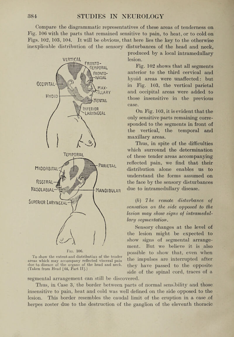 Compare the diagrammatic representatives of these areas of tenderness on Fig. 106 with the parts that remained sensitive to pain, to heat, or to cold on Figs. 102, 103, 104. It will be obvious, that here lies the key to the otherwise inexplicable distribution of the sensory disturbances of the head and neck, produced by a local intramedullary lesion. Fig. 102 shows that all segments anterior to the third cervical and hyoid areas were unaffected: but in Fig. 103, the vertical parietal and occipital areas were added to those insensitive in the previous case. On Fig. 103, it is evident that the only sensitive parts remaining corre¬ sponded to the segments in front of the vertical, the temporal and maxillary areas. Thus, in spite of the difficulties which surround the determination of these tender areas accompanying reflected pain, we find that their distribution alone enables us to understand the forms assumed on the face by the sensory disturbances due to intramedullarv disease. (b) The remote disturbance of sensation on the side opposed to the lesion may shoiv signs of intramedul¬ lary segmentation. Sensory changes at the level of the lesion might be expected to show signs of segmental arrange¬ ment. But we believe it is also possible to show that, even when the impulses are interrupted after they have passed to the opposite side of the spinal cord, traces of a segmental arrangement can still be discovered. Thus, in Case 3, the border between parts of normal sensibility and those insensitive to pain, heat and cold was well defined on the side opposed to the lesion. This border resembles the caudal limit of the eruption in a case of herpes zoster due to the destruction of the ganglion of the eleventh thoracic To show the extent and distribution of the tender areas which may accompany reflected visceral pain due to disease of the organs of the head and neck. (Taken from Head [44, Part II].)