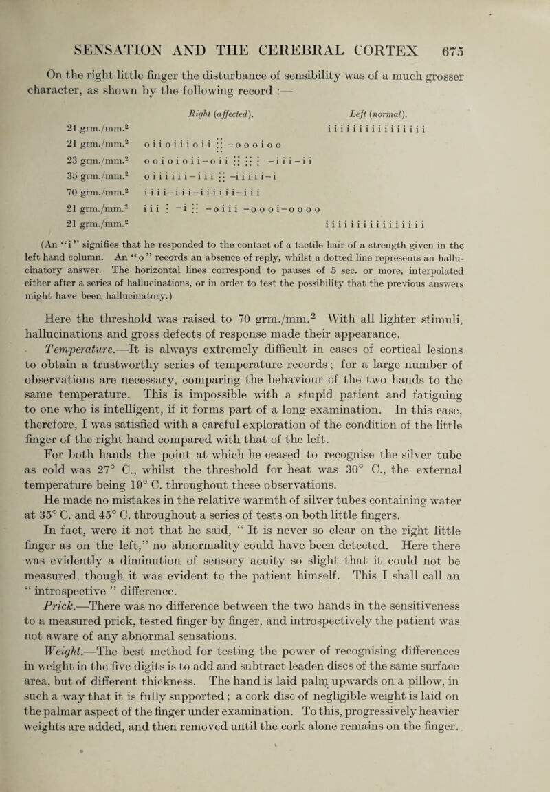 On the right little finger the disturbance of sensibility was of a much grosser character, as shown by the following record :— 21 grm./mm.2 21 grm./mm.2 23 grm./mm.2 35 grm./mm.2 70 grm./mm.2 21 grm./mm.2 21 grm./mm.2 Right (affected). Left (normal). i i i i i i i i i i i i i i i i oiioiiioii :: -oooioo ooioioii-oii •• •• • -iii-ii oiiiiii-iii jj -iiiii-i iiii—iii-iiiiii-iii i i i * ~ i ;; -oiii -oooi-oooo iiiiiiiiiiiiiiii (An “ i ” signifies that he responded to the contact of a tactile hair of a strength given in the left hand column. An “ o ” records an absence of reply, whilst a dotted line represents an hallu¬ cinatory answer. The horizontal lines correspond to pauses of 5 sec. or more, interpolated either after a series of hallucinations, or in order to test the possibility that the previous answers might have been hallucinatory.) Here the threshold was raised to 70 grm./mm.2 With all lighter stimuli, hallucinations and gross defects of response made their appearance. Temperature.—It is always extremely difficult in cases of cortical lesions to obtain a trustworthy series of temperature records; for a large number of observations are necessary, comparing the behaviour of the two hands to the same temperature. This is impossible with a stupid patient and fatiguing to one who is intelligent, if it forms part of a long examination. In this case, therefore, I was satisfied with a careful exploration of the condition of the little finger of the right hand compared with that of the left. For both hands the point at which he ceased to recognise the silver tube as cold was 27° C., whilst the threshold for heat was 30° C., the external temperature being 19° C. throughout these observations. He made no mistakes in the relative warmth of silver tubes containing water at 35° C. and 45° C. throughout a series of tests on both little fingers. In fact, were it not that he said, “It is never so clear on the right little finger as on the left,” no abnormality could have been detected. Here there was evidently a diminution of sensory acuity so slight that it could not be measured, though it was evident to the patient himself. This I shall call an “ introspective ” difference. Prick.—There was no difference between the two hands in the sensitiveness to a measured prick, tested finger by finger, and introspectively the patient was not aware of any abnormal sensations. Weight.—The best method for testing the power of recognising differences in weight in the five digits is to add and subtract leaden discs of the same surface area, but of different thickness. The hand is laid palm upwards on a pillow, in such a way that it is fully supported; a cork disc of negligible weight is laid on the palmar aspect of the finger under examination. To this, progressively heavier weights are added, and then removed until the cork alone remains on the finger.