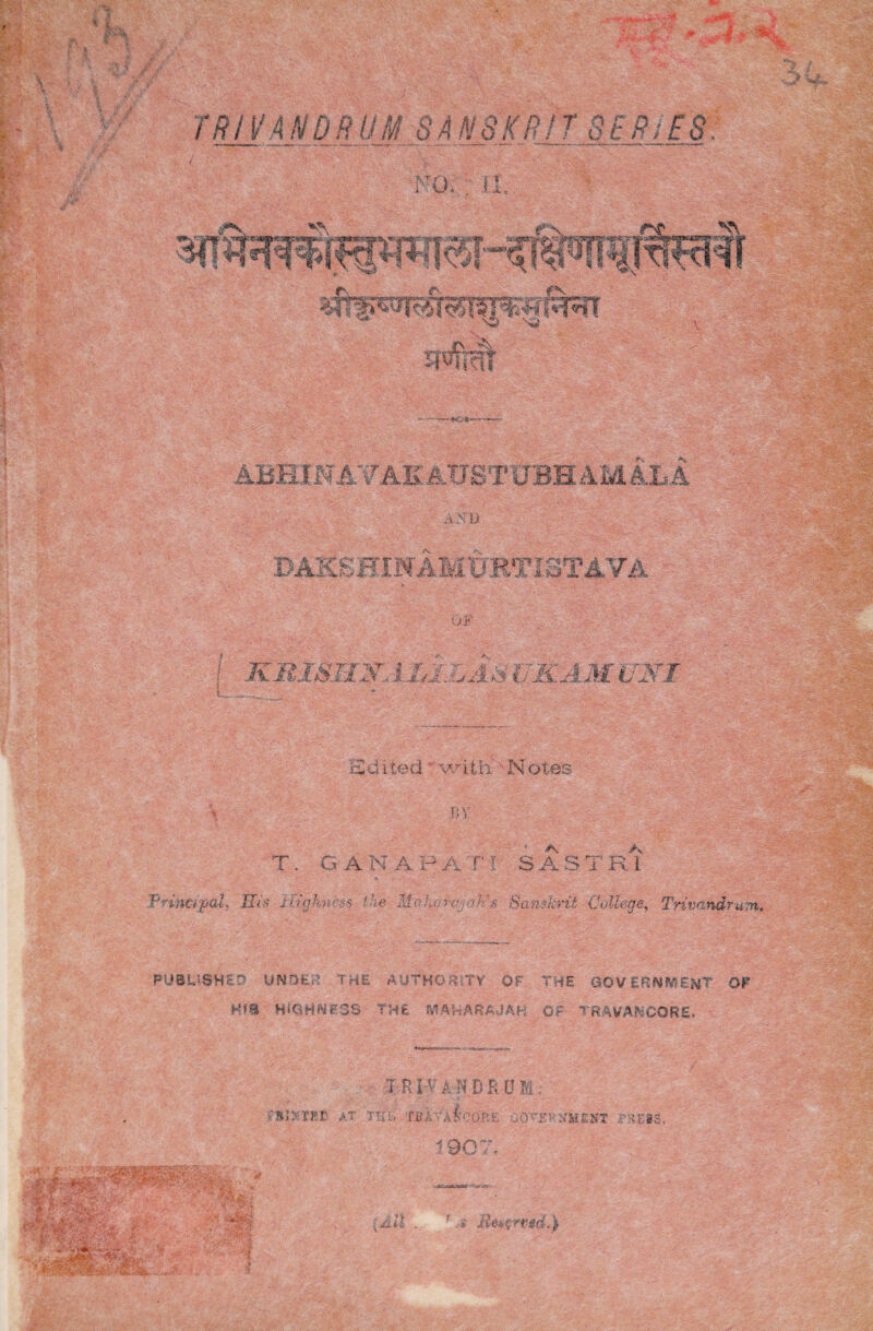 TRIVANDRUM SANSKRIT SBRSS, ABB tNATAK ATJST UBH AM ALA mv BAKE HI MAM Is KTISTAVA OF KMJSJiy lliiJjAii IMAM UNI Edited' witM Notes i M T . G A N A P A • PI SAS T Rl THncrpaL Sis I&gJmessthe Malwmjair's Sanskrit College, Trivandrum PUBLISHES UNDER THE AUTHORITY OF THE GOVERNMENT OF H*8 HiQHNI'SS THE MAHARAJAH Of VAN CONE* T R1 ¥ A N. D R U M. HMXYB& AT THE TbITAKCORE GQ”S10;MEKT FREISs