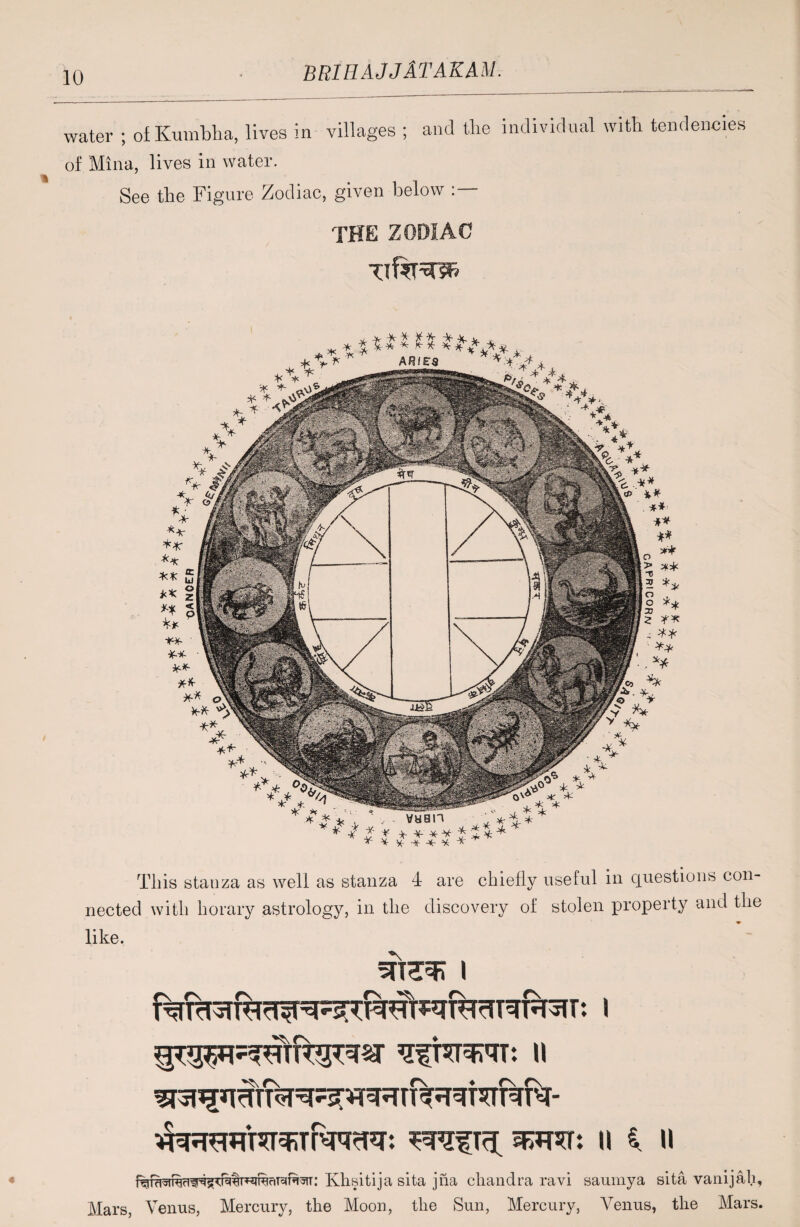 water ; of Kumbha, lives in villages ; and the individual with tendencies of Mina, lives in water. See the Figure Zodiac, given below THE ZODIAC This stanza as well as stanza 4 are chiefly useful in questions con¬ nected with horary astrology, in the discovery of stolen property and the like. i u i n Khsitija sita jna chandra ravi saumya sita vanijah. Mercury, the Moon, the Sun, Mercury, Arenus, the Mars. Mars, Venus,