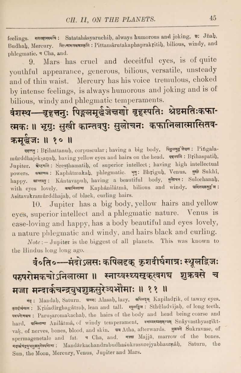 feelings. : Satataliasyaruchib, always humorous and joking. Jnah, Budhah, Mercury. : Pittamarutakaphaprakyitib, bilious, windy, and phlegmatic. ^ Cha, and. 9. Mars lias cruel and deceitful eyes, is of quite youthful appearance, generous, bilious, versatile, unsteady and of thin waist. Mercury has his voice tremulous, choked by intense feelings, is always humorous and joking and is of bilious, windy and phlegmatic temperaments. II |l : Byihattanuh, corpuscular ; having a big body. Pingala- murddhaj eksap ab, having yellow eyes and hairs on the head, ^fVTTri . Lphaspatib, Jupiter. : Sresthamatib, of superior intellect ; having high intellectual powers. fcMiRTO': Kapliatmakah, phlegmatic. *ur: Bhpigub, Venus. §# Sukhi, happy. : Kantavapuh, having a beautiful body, : Sulochanab, with eyes lovely. Kaplianilatma, bilious and windy, . Asitavakramurddliajab, of black, curling hairs. 10. Jupiter lias a big body, yellow hairs and yellow eyes, superior intellect and a phlegmatic nature. Venus is ease-loving and happy, has a body beautiful and eyes lovely, a nature phlegmatic and windy, and hairs black and curling. NoteJupiter is the biggest of all planets. This was known to the Hindus long long ago. JRTT II II ^ : Mandal?, Saturn. Alasah, lazy, Ivapiladpk, of tawny eyes. : Kyisadirghagatrab, lean and tall, ; Sthuladvijah, of long teeth. ; Parusaromakacliah, the hairs of the body and head being coaise and hard, ^trt Anilatma, of windy temperament. Snayvasthyaspkt- vak, of nerves, bones, blood, and skin, m Atha, afterwards. && Sukravase, of spermagenetale and fat. * Cha, and. Majja, marrow of the bones. : Mandarkachandrabudhasukrasurejyabhaumah, Saturn, the Sun, the Moon, Mercury, Venus, Jupiter and Mars.