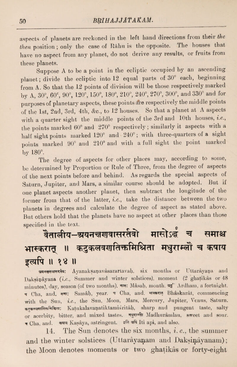 0 aspects of planets are reckoned in the left hand directions from their the then position ; only the case of Rahu is the opposite. The houses that have no aspect from any planet, do not derive any results, or fruits from these planets. Suppose A to be a point in the ecliptic occupied by an ascending planet; divide the ecliptic into 12 equal parts of 30° each, beginning from A. So that the 12 points of division will be those respectively marked by A, 30°, 60c, 90°, 120°, 150°, 180°, 210°, 240°, 270°, 300°, and 330° and for purposes of planetary aspects, these points rffe respectively the middle points of the 1st, 2nd, 3rd, 4th, Ac., to 12 houses. So that a planet at A aspects with a quarter sight the middle points of the 3rd and 10th houses, i.e., the points marked 60° and 270° respectively ; similarly it aspects with a half sight points marked 120° and 240 ; with three-quarters ol a sight points marked 90° and 210° and with a full sight the point marked by 180°. The degree of aspects for other places may, according to some, be determined by Proportion or Rule of Three, from the degree of aspects of the next points before and behind. As regards the special aspects of Saturn, Jupiter, and Mars, a similar course should be adopted. Rut if one planet aspects another planet, then subtract the longitude of the former from that of the latter, i.e., take the distance between the two planets in degrees and calculate the degree of aspect as stated abo\ e. Rut others hold that the planets have no aspect at other places than those specified in the text. ii ii Ayanaksaijavasarartavah, six months or Uttarayaga and Daksigayana (i.e., Summer and winter solstices), moment (2 ghatikas or 48 minutes), day, season (of two months). ^: Masah, month, Ardham, a fortnight. ^ Cha, and. Sam ah, year, q Cha, and. Bhaskarat, commencing with the Sun, i.e., the Sun, Moon, Mars, Mercury, Jupiter, Venus, Saturn. Katukalavanatiktamisritah, sharp and pungent taste, salty ■o * or acerbity, bitter, and mixed tastes. Madhuramlau, sweet and sour. Cha, and. w Kasaya, astringent, v* ^ Iti api, and also. 14. The Sun denotes the six months, i. ethe summer and the winter solstices (Uttarayanam and Daksinayanam); the Moon denotes moments or two ghatikas or forty-eight