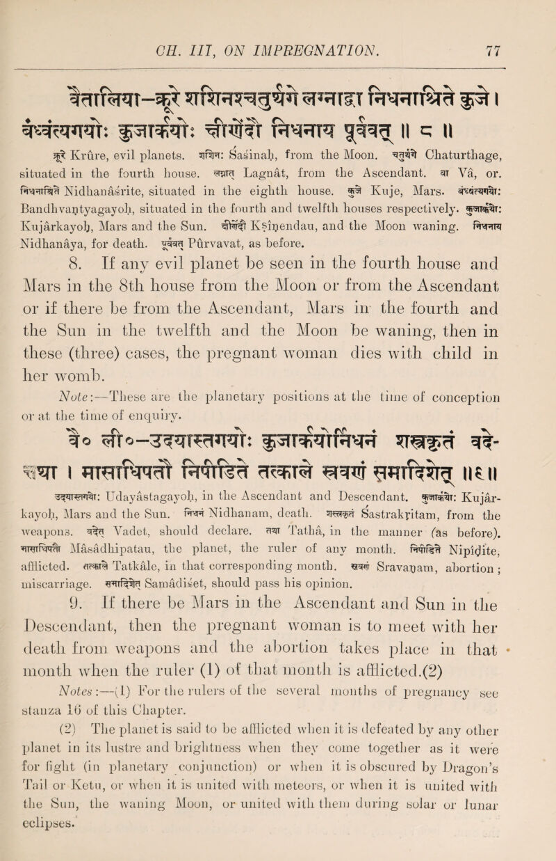 ^qjiqr: <^h»g[ II q || ^ Krure, evil planets, sjhr: Sasinah, from the Moon. Rsft Chaturtliage, situated in the fourth house. Lagnat, from the Ascendant, 3T Va, or. r^rttr Nidhanasrite, situated in the eighth house, Kuje, Mars, Bandhvaptyagayoh, situated in the fourth and twelfth houses respectively, Kujarkayoh, Mars and the Sun. Kfflnendau, and the Aloon waning. t%rr Nidhanaya, for death, vyR Purvavat, as before. 8. If any evil planet be seen in the fourth house and Mars in the 8th house from the Moon or from the Ascendant or if there be from the Ascendant, Mars in the fourth and the Sun in the twelfth and the Moon be waning, then in these (three) cases, the pregnant woman dies with child in her womb. Note:—-These are the planetary positions at the time of conception or at the time of enquiry. W I RHTTWt FRTTR Wnf^RT II £ II ®\ Udayastagayoh, in the Ascendant and Descendant, Kujar¬ kayoh, Alars and the Sun. utr Nidhanam, death. Sastrakpitam, from the weapons. ^ Yadet, should declare, crt Tatha, in the manner fas before). *nwrcuT Alasadhipatau, the planet, the ruler of any month. Nipfflite, afflicted, Tatkale, in that corresponding month, Sravapam, abortion ; miscarriage. Samadiset, should pass his opinion. 9. If there be Mars in the Ascendant and Sun in the Descendant, then the pregnant woman is to meet with her death from weapons and the abortion takes place in that • month when the ruler (1) of that month is afflicted.(2) Notes:—(1) For the rulers of the several months of pregnancy see stanza 16 of this Chapter. (2) The planet is said to he afflicted when it is defeated by any other planet in its lustre and brightness when they come together as it were for fight (in planetary conjunction) or when it is obscured by Dragon’s Tail or Ketu, or when it is united with meteors, or when it is united with the Sun, the waning Moon, or united with them during solar or lunar eclipses.