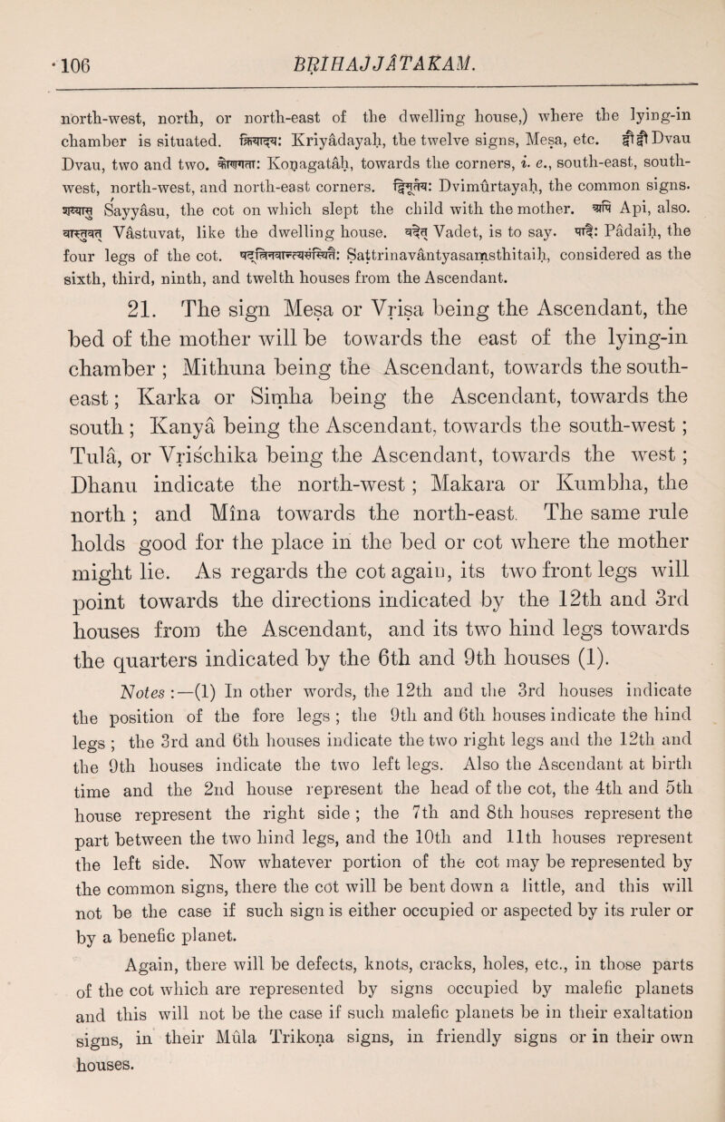 north-west, north, or north-east of the dwelling honse,) where the lying-in chamber is situated, taiqpi: Kriyadayah, the twelve signs, Mesa, etc. jf^Dvau Dvau, two and two. Ivo^agatah, towards the corners, i. e., south-east, south¬ west, north-west, and north-east corners, fjjfofa: Dvimurtayah, the common signs. Sayyasu, the cot on which slept the child with the mother, wq Api, also. eiT^tpiu Vastuvat, like the dwelling house. Vadet, is to say. Padaih, the four legs of the cot. Sattrinavantyasamsthitaih, considered as the sixth, third, ninth, and twelth houses from the Ascendant. 21. The sign Mesa or Vrisa being the Ascendant, the bed of the mother will be towards the east of the lying-in chamber ; Mithuna being the Ascendant, towards the south¬ east ; Karka or Simha being the Ascendant, towards the south ; Kanya being the Ascendant, towards the south-west; Tula, or Vrischika being the Ascendant, towards the west; Dhanu indicate the north-west ; Makara or Kumbha, the north ; and Mina towards the north-east. The same rule holds good for the place in the bed or cot where the mother might lie. As regards the cot again, its two front legs will point towards the directions indicated by the 12th and 3rd houses from the Ascendant, and its two hind legs towards the quarters indicated by the 6th and 9th houses (1). Notes :—(1) In other words, the 12th and the 3rd houses indicate the position of the fore legs ; the 9th and 6th houses indicate the hind legs ; the 3rd and 6th houses indicate the two right legs and the 12th and the 9th houses indicate the two left legs. Also the Ascendant at birth time and the 2nd house represent the head of the cot, the 4th and 5th house represent the right side ; the 7th and 8th houses represent the part between the two hind legs, and the 10th and 11th houses represent the left side. Now whatever portion of the cot may be represented by the common signs, there the cot will be bent down a little, and this will not be the case if such sign is either occupied or aspected by its ruler or by a benefic planet. Again, there will be defects, knots, cracks, holes, etc., in those parts of the cot which are represented by signs occupied by malefic planets and this will not be the case if such malefic planets be in their exaltation signs, in their Mula Trikona signs, in friendly signs or in their own houses.