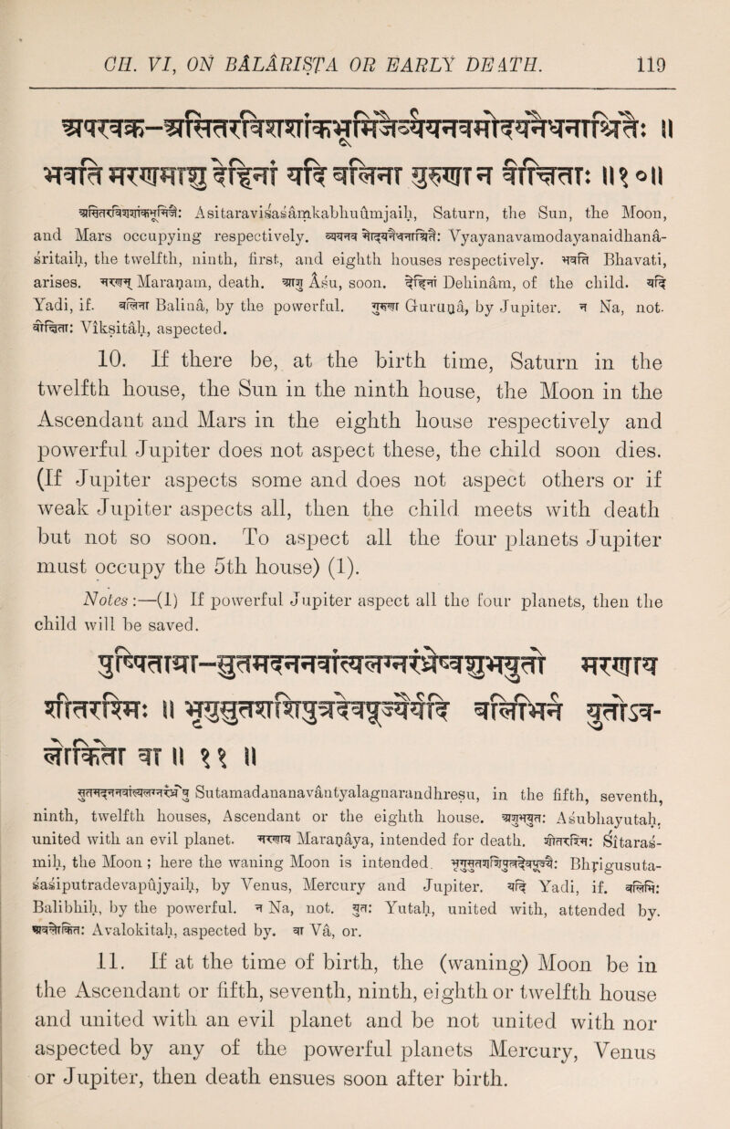 qftsrfsrcr gwT?r fft^Trm n^oii Asitaravisasamkabhuumjaili, Saturn, the Sun, the Moon, and Mars occupying respectively, Vyayanavamodayanaidhana- gritaih, the twelfth, ninth, first, and eighth houses respectively, wn Bhavati, arises, Maranam, death. ^ Asu, soon. Dehinam, of the child. ^ Yadi, if. s*rrt Balina, by the powerful. W!ir Guruua, by Jupiter. ^ Na, not. ^T%n: Viksitah, aspected. 10. If there be, at the birth time, Saturn in the twelfth house, the Sun in the ninth house, the Moon in the Ascendant and Mars in the eighth house respectively and powerful Jupiter does not aspect these, the child soon dies, (If Jupiter aspects some and does not aspect others or if weak Jupiter aspects all, then the child meets with death but not so soon. To aspect all the four planets Jupiter must occupy the 5th house) (1). Notes:—(1) If powerful Jupiter aspect ail the four planets, then the child will be saved. MfrRRST: U n n u ^ Sutamadananavantyalagnarandhresu, in the fifth, seventh, ninth, twelfth houses, Ascendant or the eighth house. spprcci: A subhayutah. united with an evil planet, wrc Marapaya, intended for death. sncrcrbu Sfitaras- mih, the Moon; here the waning Moon is intended, Bhpgusuta- sasiputradevapujyaih, by Venus, Mercury and Jupiter. ^ Yadi, if. Balibhih, by the powerful. ^ Na, not. 5a: Yutah, united with, attended by. Avalokitah, aspected by. 3T Va, or. 11. If at the time of birth, the (waning) Moon be in the Ascendant or fifth, seventh, ninth, eighth or twelfth house and united with an evil planet and be not united with nor aspected by any of the powerful planets Mercury, Venus or Jupiter, then death ensues soon after birth.