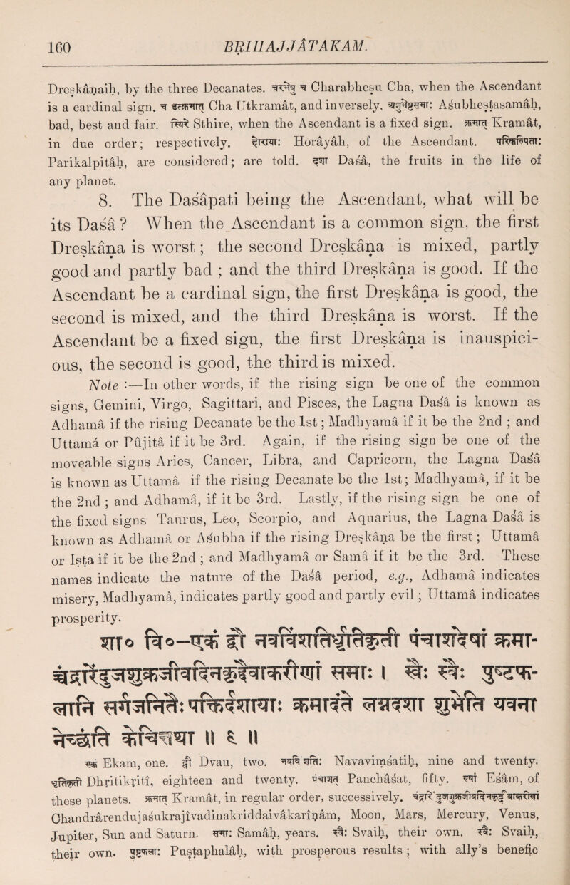 4 I)reskanaili, by the three Decanates. ^5 ^ Charabhesu Cha, when the Ascendant is a cardinal sign. ^ Cha Utkramat, and inversely, suptgw: Asubhestasamah, bad, best and fair, reu Sthire, when the Ascendant is a fixed sign, mm Kramat, in due order; respectively. ifiw: Iiorayah, of the Ascendant. Parikalpitah, are considered; are told, ^ Dasa, the fruits in the life of any planet. 8. The Dasapati being the Ascendant, what will be its Dasa? When the Ascendant is a common sign, the first Dreskana is worst; the second Dreskana is mixed, partly good and partly bad ; and the third Dreskana is good. If the Ascendant be a cardinal sign, the first Dreskana is good, the second is mixed, and the third Dreskana is worst. If the Ascendant be a fixed sign, the first Dreskana is inauspici¬ ous, the second is good, the third is mixed. Note :— In other words, if the rising sign be one of the common signs, Gemini, Virgo, Sagittari, and Pisces, the Lagna Dasa is known as Adhama if the rising Decanate be the 1st; Madhyama if it be the 2nd ; and Uttama or Pujita if it be 3rd. Again, if the rising sign be one of the moveable signs Aries, Cancer, Libra, and Capricorn, the Lagna Da^a is known as Uttama if the rising Decanate be the 1st; Madhyama, if it be the 2nd ; and Adhama, if it be 3rd. Lastly, if the rising sign be one of the fixed signs Taurus, Leo, Scorpio, and Aquarius, the Lagna Dasa is known as Adhama or A subha if the rising Dreskana be the first; Uttama or Ista if it be the 2nd ; and Madhyama or Sama if it be the 3rd. These names indicate the nature of the Dasa period, e.g., Adhama indicates misery, Madhyama, indicates partly good and partly evil; Uttama indicates prosperity. fao—1^ fr seht- fv r\ #\ 9 ^ - H3TT: I W. hmv. 5OTT# sihrrf '•n* II S. II Ekam, one. Dvau, two. wVsiffi: Navavimsatih, nine and twenty. ^t^tt Dhptikptl, eighteen and twenty, Panchasat, fifty, w Esam, of these planets, autra Kramat, in regular order, successively. Chandrarendujasukrajivadinakriddaivakarinam, Moon, Mars, Mercury, Venus, Jupiter, Sun and Saturn, ^t: Samah, years. Svaili, their own. Svaih, their own. Pustaplialah, with prosperous results; with ally’s benefic