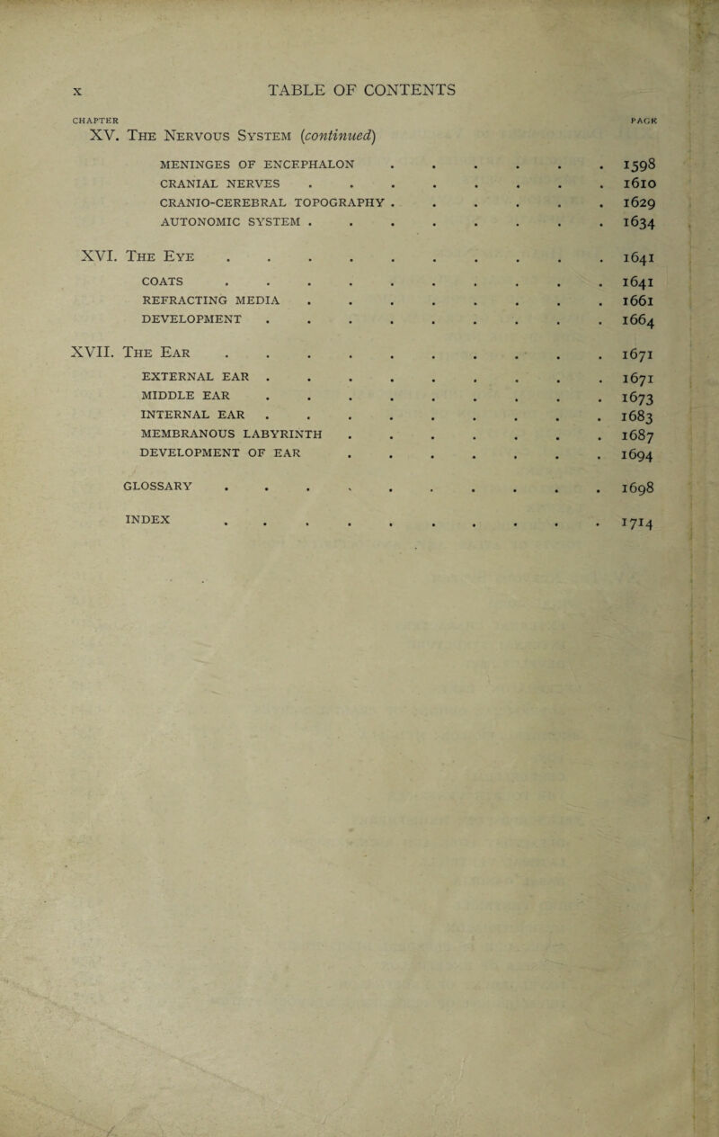 CHAPTER XV. The Nervous System (continued) MENINGES OF ENCEPHALON CRANIAL NERVES CRANIO-CEREBRAL TOPOGRAPHY AUTONOMIC SYSTEM . XVI. The Eye .... COATS .... REFRACTING MEDIA DEVELOPMENT XVII. The Ear .... EXTERNAL EAR . MIDDLE EAR INTERNAL EAR MEMBRANOUS LABYRINTH DEVELOPMENT OF EAR GLOSSARY .... PACK 1593 l6lO 1629 1634 I64I I64I l66l I664 I67I I67I 1673 I683 I687 1694 I698 INDEX I7I4