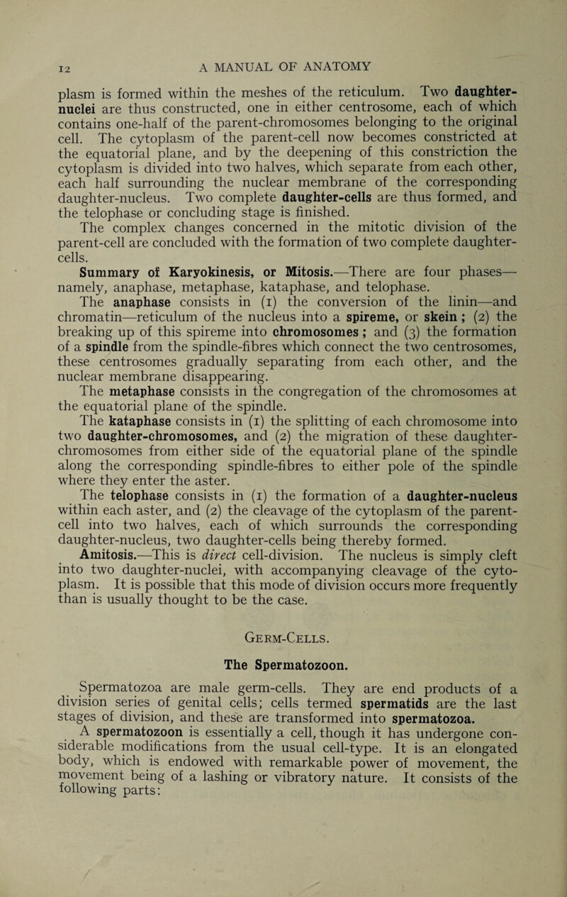 plasm is formed within the meshes of the reticulum. Two daughter- nuclei are thus constructed, one in either centrosome, each of which contains one-half of the parent-chromosomes belonging to the original cell. The cytoplasm of the parent-cell now becomes constricted at the equatorial plane, and by the deepening of this constriction the cytoplasm is divided into two halves, which separate from each other, each half surrounding the nuclear membrane of the corresponding daughter-nucleus. Two complete daughter-cells are thus formed, and the telophase or concluding stage is finished. The complex changes concerned in the mitotic division of the parent-cell are concluded with the formation of two complete daughter- cells. Summary of Karyokinesis, or Mitosis.—There are four phases— namely, anaphase, metaphase, kataphase, and telophase. The anaphase consists in (i) the conversion of the linin—and chromatin—reticulum of the nucleus into a spireme, or skein ; (2) the breaking up of this spireme into chromosomes ; and (3) the formation of a spindle from the spindle-fibres which connect the two centrosomes, these centrosomes gradually separating from each other, and the nuclear membrane disappearing. The metaphase consists in the congregation of the chromosomes at the equatorial plane of the spindle. The kataphase consists in (1) the splitting of each chromosome into two daughter-chromosomes, and (2) the migration of these daughter- chromosomes from either side of the equatorial plane of the spindle along the corresponding spindle-fibres to either pole of the spindle where they enter the aster. The telophase consists in (1) the formation of a daughter-nucleus within each aster, and (2) the cleavage of the cytoplasm of the parent¬ cell into two halves, each of which surrounds the corresponding daughter-nucleus, two daughter-cells being thereby formed. Amitosis.—This is direct cell-division. The nucleus is simply cleft into two daughter-nuclei, with accompanying cleavage of the cyto¬ plasm. It is possible that this mode of division occurs more frequently than is usually thought to be the case. Germ-Cells. The Spermatozoon. Spermatozoa are male germ-cells. They are end products of a division series of genital cells; cells termed spermatids are the last stages of division, and these are transformed into spermatozoa. A spermatozoon is essentially a cell, though it has undergone con¬ siderable modifications from the usual cell-type. It is an elongated body, which is endowed with remarkable power of movement, the movement being of a lashing or vibratory nature. It consists of the following parts: