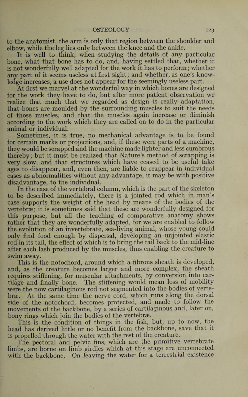 to the anatomist, the arm is only that region between the shoulder and elbow, while the leg lies only between the knee and the ankle. It is well to think, when studying the details of any particular bone, what that bone has to do, and, having settled that, whether it is not wonderfully well adapted for the work it has to perform; whether any part of it seems useless at first sight; and whether, as one’s know¬ ledge increases, a use does not appear for the seemingly useless part. At first we marvel at the wonderful way in which bones are designed for the work they have to do, but after more patient observation we realize that much that we regarded as design is really adaptation, that bones are moulded by the surrounding muscles to suit the needs of those muscles, and that the muscles again increase or diminish according to the work which they are called on to do in the particular animal or individual. Sometimes, it is true, no mechanical advantage is to be found for certain marks or projections, and, if these were parts of a machine, they would be scrapped and the machine made lighter and less cumbrous thereby; but it must be realized that Nature’s method of scrapping is very slow, and that structures which have ceased to be useful take ages to disappear, and, even then, are liable to reappear in individual cases as abnormalities without any advantage, it may be with positive disadvantage, to the individual. In the case of the vertebral column, which is the part of the skeleton to be described immediately, there is a jointed rod which in man’s case supports the weight of the head by means of the bodies of the vertebrae; it is sometimes said that these are wonderfully designed for this purpose, but all the teaching of comparative anatomy shows rather that they are wonderfully adapted, for we are enabled to follow the evolution of an invertebrate, sea-living animal, whose young could only find food enough by dispersal, developing an unjointed elastic rod in its tail, the effect of which is to bring the tail back to the mid-line after each lash produced by the muscles, thus enabling the creature to swim away. This is the notochord, around which a fibrous sheath is developed, and, as the creature becomes larger and more complex, the sheath requires stiffening, for muscular attachments, by conversion into car¬ tilage and finally bone. The stiffening would mean loss of mobility were the now cartilaginous rod not segmented into the bodies of verte¬ brae. At the same time the nerve cord, which runs along the dorsal side of the notochord, becomes protected, and made to follow the movements of the backbone, by a series of cartilaginous and, later on, bony rings which join the bodies of the vertebrae. This is the condition of things in the fish, but, up to now, the head has derived little or no benefit from the backbone, save that it is propelled through the water with the rest of the creature. The pectoral and pelvic fins, which are the primitive vertebrate limbs, are borne on limb girdles which at this stage are unconnected with the backbone. On leaving the water for a terrestrial existence