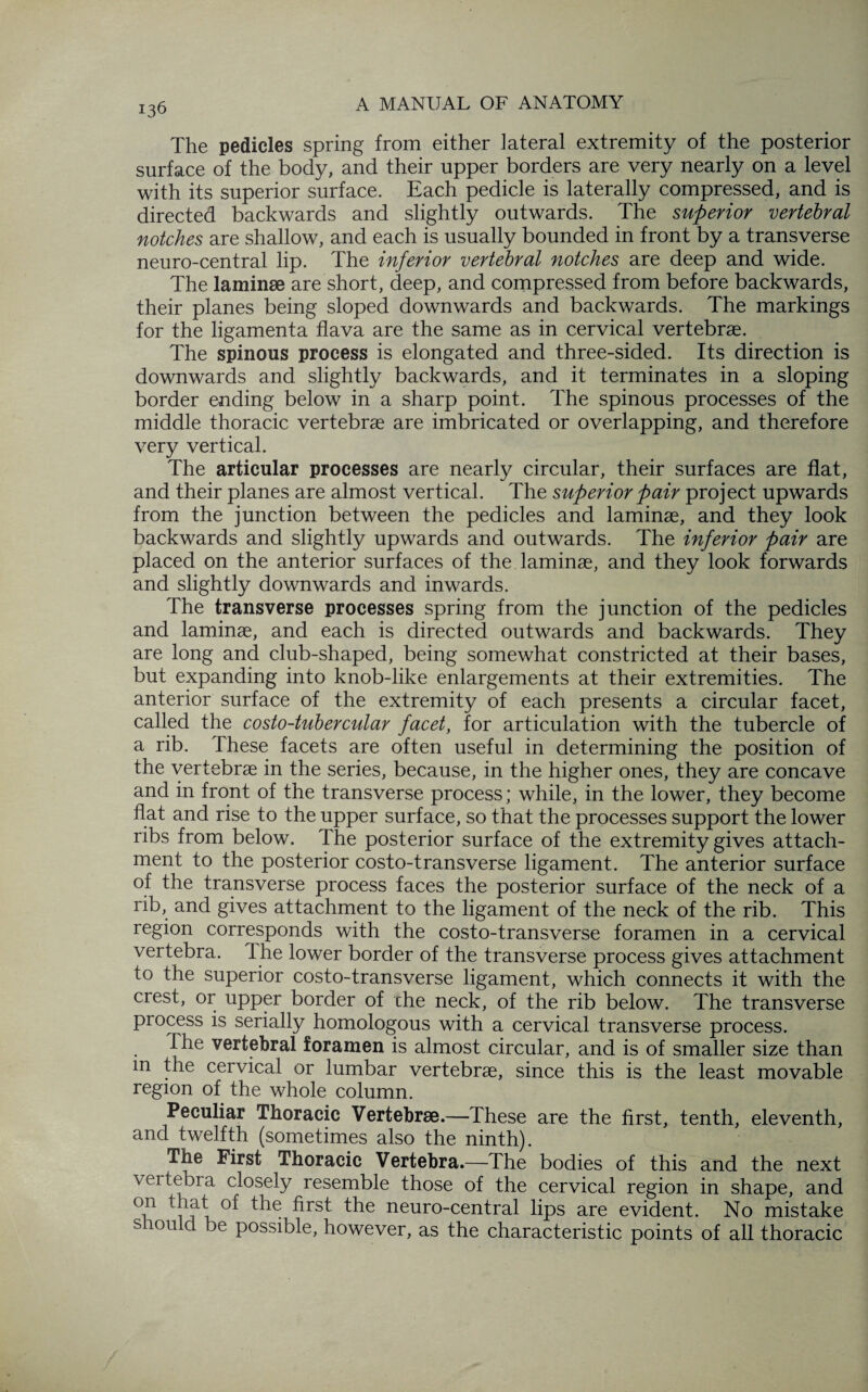 The pedicles spring from either lateral extremity of the posterior surface of the body, and their upper borders are very nearly on a level with its superior surface. Each pedicle is laterally compressed, and is directed backwards and slightly outwards. The superior vertebral notches are shallow, and each is usually bounded in front by a transverse neuro-central lip. The inferior vertebral notches are deep and wide. The laminae are short, deep, and compressed from before backwards, their planes being sloped downwards and backwards. The markings for the ligamenta flava are the same as in cervical vertebrae. The spinous process is elongated and three-sided. Its direction is downwards and slightly backwards, and it terminates in a sloping border ending below in a sharp point. The spinous processes of the middle thoracic vertebrae are imbricated or overlapping, and therefore very vertical. The articular processes are nearly circular, their surfaces are flat, and their planes are almost vertical. The superior pair project upwards from the junction between the pedicles and laminae, and they look backwards and slightly upwards and outwards. The inferior pair are placed on the anterior surfaces of the laminae, and they look forwards and slightly downwards and inwards. The transverse processes spring from the junction of the pedicles and laminae, and each is directed outwards and backwards. They are long and club-shaped, being somewhat constricted at their bases, but expanding into knob-like enlargements at their extremities. The anterior surface of the extremity of each presents a circular facet, called the costo-tubercular facet, for articulation with the tubercle of a rib. These facets are often useful in determining the position of the vertebras in the series, because, in the higher ones, they are concave and in front of the transverse process; while, in the lower, they become flat and rise to the upper surface, so that the processes support the lower ribs from below. The posterior surface of the extremity gives attach¬ ment to the posterior costo-transverse ligament. The anterior surface of the transverse process faces the posterior surface of the neck of a rib, and gives attachment to the ligament of the neck of the rib. This region corresponds with the costo-transverse foramen in a cervical vertebra. The lower border of the transverse process gives attachment to the superior costo-transverse ligament, which connects it with the crest, or upper border of che neck, of the rib below. The transverse process is serially homologous with a cervical transverse process. The vertebral foramen is almost circular, and is of smaller size than m the cervical or lumbar vertebrae, since this is the least movable region of the whole column. Peculiar Thoracic Vertebrae.—These are the first, tenth, eleventh, and twelfth (sometimes also the ninth). The First Thoracic Vertebra.—The bodies of this and the next vertebra closely resemble those of the cervical region in shape, and °in t °f the neuro-central lips are evident. No mistake s rou d be possible, however, as the characteristic points of all thoracic