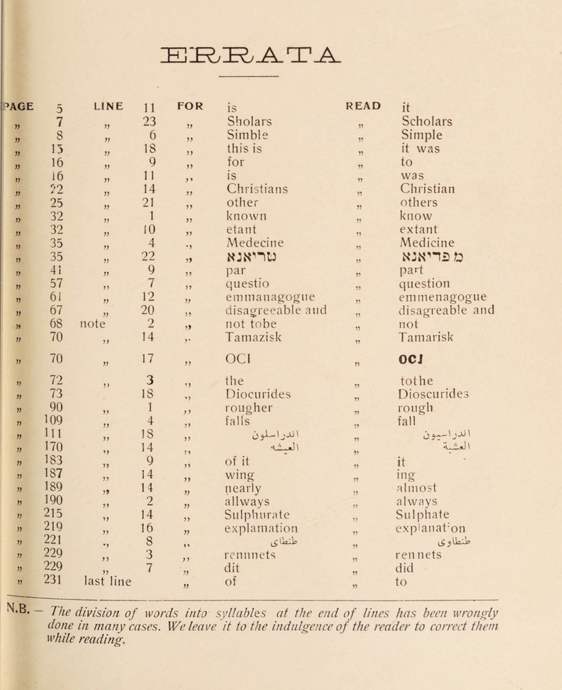 ERRATA PAGE v n » » n n •n )> j) » « w » n » » n » » » )) » » » » » » 5 7 8 13 16 16 72 25 32 32 35 35 41 57 61 67 68 70 70 72 73 90 109 111 170 183 187 189 190 215 219 221 229 229 231 LINE 11 FOR is READ it 1) 23 77 Sholars 77 Scholars V 6 77 Simble 77 Simple 77 18 77 this is 77 it was 7) 9 77 for 77 to 77 11 7 7 is 77 was 77 14 77 Christians 77 Christian 77 21 77 other 77 others 77 1 77 known 77 know 77 10 77 etant 77 extant 77 4 •7 Medecine 77 Medicine 77 22 71 NJNnU 77 77 9 77 par 77 part 77 7 77 questio 77 question 77 12 77 emmanagogue 77 em menagog 77 20 77 disagreeable and 77 disagreable lote 2 71 not tobe 77 not 77 14 y * Tamazisk 77 Tamarisk 77 17 77 OC1 77 OCJ 71 3 the 77 tot he 18 Diocu rides 77 Dioscurides 77 1 77 rougher 77 rough 77 4 77 falls 77 fair 77 18 77 o jR- 'jR' 77 6^'jR' 77 14 77 •ci—jJ 1 )7 77 9 77 of it 77 it 77 14 77 wing 77 ing 71 14 77 nearly 77 almost 77 2 77 allways 77 always 77 14 77 Sulphurate 77 Sulphate 77 16 77 explanation 77 expianat'on *7 8 77 ^ UajJo 77 7 7 3 7 7 rennnets 77 ren nets 77 7 77 dit 77 did last line 77 of 77 to N.B. — The division of words into syllables at the end of lines has been wrongly done in many cases. We leave it to the indulgence of the reader to correct them while reading.