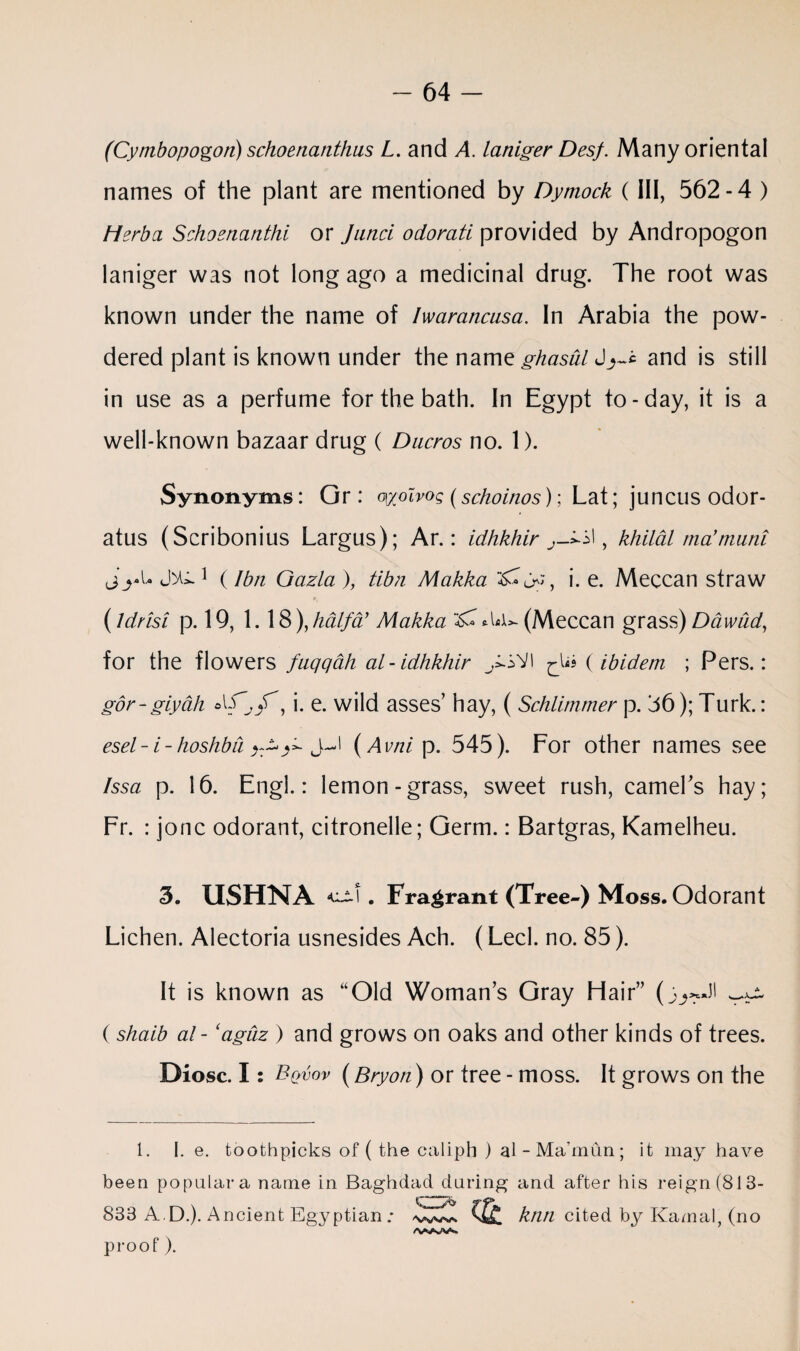 (Cymbopogon) schoenanthus L. and A. laniger Desf. Many oriental names of the plant are mentioned by Dymock (III, 562-4 ) Herb a Schoenanthi or Junci odoratl provided by Andropogon laniger was not long ago a medicinal drug. The root was known under the name of Iwarancusa. In Arabia the pow¬ dered plant is known under the name ghasul and is still in use as a perfume for the bath. In Egypt to-day, it is a well-known bazaar drug ( Ducros no. 1). Synonyms: Gr : oyolvoq (schoinos); Lat; juncus odor- atus (Scribonius Largus); Ar.: idhkhir j-'^\, khildl tna’muni <3JMi.1 (Ibn Gazla ), tibn Makka , i. e. Meccan straw (Idrisi p. 19, 1.18), Haifa’ Makka (Meccan grass) Ddwud, for the flowers fuqqah al-idhkhir >oVI (ibidem ; Pers.: gdr-giydh Afjf, i. e. wild asses’ hay, ( Schlimmer p. 56); Turk.: esel- i-hoshbd j-i (Avni p. 545). For other names see Issa p. 16. Engl.: lemon-grass, sweet rush, camel's hay; Fr. : jonc odorant, citronelle; Germ.: Bartgras, Kamelheu. 3. USHNA . Fragrant (Tree-) Moss. Odorant Lichen. Alectoria usnesides Ach. (Led. no. 85). It is known as “Old Woman’s Gray Hair” (j^JI ( shaib al - (aguz ) and grows on oaks and other kinds of trees. Diosc. I: Bovov (Bryon) or tree - moss. It grows on the 1. I. e. toothpicks of ( the caliph ) al-Ma’mun; it may have been popular a name in Baghdad during and after his reign (813- 833 A.D.). Ancient Egyptian ; knti cited by Kamal, (no proof).