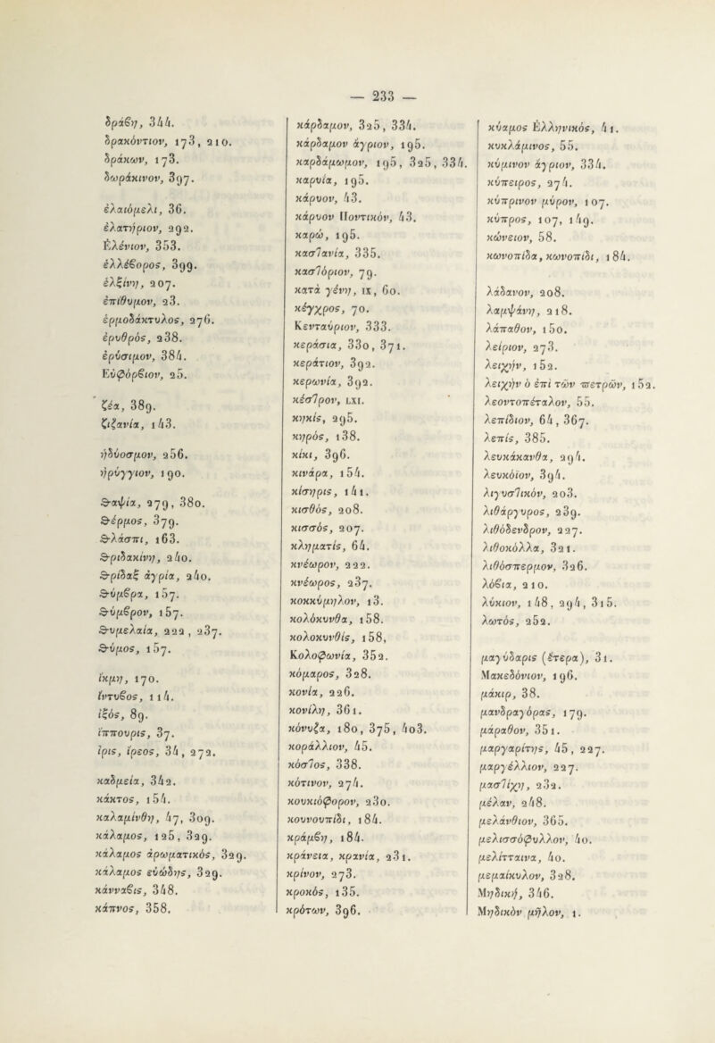 SpaÇï], 346. hpxxôvTtov, 178, 210. § p6.-H.wv, 173. hcopdxtvov, 397. èXaiôpeXi, 3C. £À<m/p<ov, 292. ÉÀéinot», 353. éXXéSopos, 399. èXÇtvi}, 207. £77t’OvpOV, 23. éppohdxTvXos, 276. èpvOpôs, q38. èpvatpov, 384. E0(pôpëtov, 25. Çéa, 389. ZtÇavtai, 1 43. IjhvoCTpOV, 2 56. Vpvjyiov, 190. &a\pix, 279, 38o. &éppos, 379. S-Xdcnrt, 16 3. 3-piSax»»/, 2 4o. S-p/Sa| àypix, 24o. 3-vp^pa, 157. &ÙpëpOV, 157. &vpeXala, 222, 287. QrVpOS, l5j. l'xpyj, 170. tvTvëûS, 114. iÇôs, 89. ïmrovpis, 37. ?pjs, t'psos, 34, 272. nxhpstx, 342. xâxTos, 154. xaXxpivdyj, 47, 809. niXapLOs, 1 25 , 329. xd.Xctp.os dpwpanxôs, 329. xdXapos eùwfojs, 329. xdvvzÇis, 348. xdnvos, 358, xdpùctpov, 325, 334. xdphxpov dyptov, 195. xapSdpcopov, ig5, 3q5, 334. «apvj'a, 195. xâpuor, 43. xcépvov Ilofrotôi», 43. xapw, 195. xaelaivict, 335. xctcrlôptov, 79. xarà ix, 60. 7°- KevraOpioi’, 333. xepdcrux, 33o, 371. xepAjiov, 392. xepwvta, 392. xéalpov, lxi. xyjxts, 295. mjpôs, 138. xixi, 396. xtvdpct, 1 54. xbrjpis, 1 4 1. xtaOos, 208. xhjctôs, 207. xXyjpaits, 64. xvéwpov, 222. xvéœpos, 287. xoxxvpijXov, i3. xoXôxvvda, 158. xoXoxwOis, 158, KoXo<pc*)vtat, 352. xôpapos, 328. xovict, 226. xovtXrj, 361. xôvv£x, 180, 375, 4o3. xopdXXtov, 65. xàcrlos, 338. xôtcvov, 274. xovxtôpopov, 2.3o. xovvovnlàt, 184. xpdpêïj, 184- xpdveia, xpzvtoc, 281. xplvov, 273. xpoxite, 135. XpÔTCOV, 396. xôccpos ÈXXyjvixàs, 4 j. xvxXdptvos, 55. xvptvov dyptov, 334. xvTcetpos, 276. x07rpa>of pvpov, 107. xti7rpos, 107, 169. xcoveiov, 58. XWVOTlllct , XCOVOTTtht, 1 8 4 . ÀàSat’ot', 208. Xotpÿdvrj, 218. Xdirxdov, i5o. Xeiptov, 278. 1Ô2. Xsr/rjv b èiri xwv -ureTpcov, 152. À£orro7r^TaAor, 55. À£7Tthtov, 64 , 367. Xsids, 385. XsvxixctvdcL, 296. Xevxôïov, 896. Xiyvalixov, 208. XiGdpyvpos, 239. XtffdSevêpov, 227. XboxôXXx, 32 1. XiOàcnreppov, 826. XôStz, 2 10. Xvxtov, 148, 296 , 315. À(Wt6s, 252. porjûSapj? (érepa), 3i. Max£§6mor, 196. [idxtp, 38. pavSpayôpas, 1 79. pdpxdov, 351. papyaprn/s, 45, 227. papyéXXtov, 227. pxollyy], 282. péXav, 268. psXdvOiov, 365. psXiacràÇvXXov, 4o. psXrtTztvct, 40. [ispatxvXov, 32 8. MrjStxij, 346. Mj;3<xôv pfjXov, i.