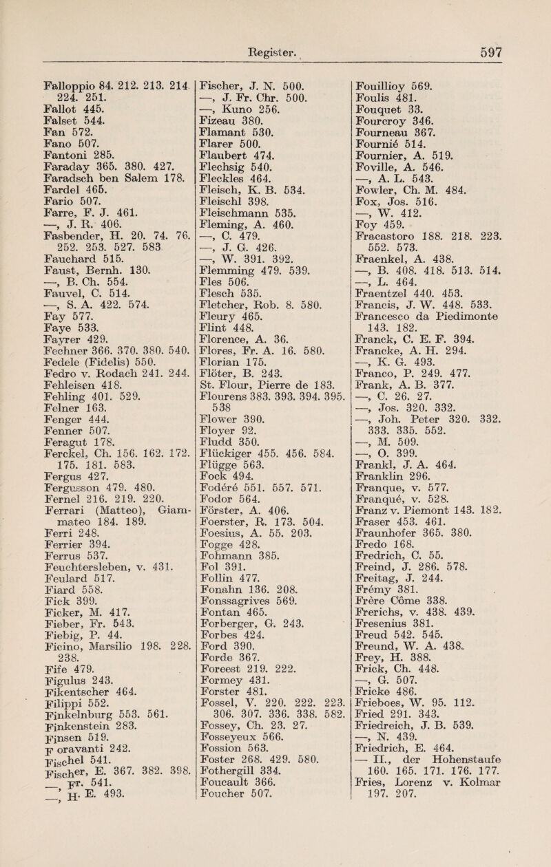 Falloppio 84. 212. 213. 214 224. 251. Fallot 445. Falset 544. Fan 572. Fano 507. Fantoni 285. Faraday 365. 380. 427. Faradsch ben Salem 178. Fardel 465. Fario 507. Farre, F. J. 461. —, J. R. 406. Fasbender, H. 20. 74. 76. 252. 253. 527. 583 Fanchard 515. Faust, Bernh. 130. —, B. Ch. 554. Fauvel, C. 514. —, S. A. 422. 574. Fay 577. Faye 533. Fayrer 429. Feehner 366. 370. 380. 540. Fedele (Fidelis) 550. Fedro v. Rodach 241. 244. Fehleisen 418. Fehling 401. 529. Feiner 163. Fenger 444. Fenner 507. Feragut 178. Ferckel, Ch. 156. 162. 172. 175. 181. 583. Fergus 427. Fergusson 479. 480. Fernei 216. 219. 220. _ Ferrari (Matteo), Giam- mateo 184. 189. Ferri 248. Ferrier 394. Ferrus 537. Feuchtersieben, v. 431. Feulard 517. Fiard 558. Fick 399. Ficker, M. 417. Fieber, Fr. 543. Fiebig, P. 44. Ficino, Marsilio 198. 228. 238. Fite 479. Fignlus 243. Fikentscher 464. Rilippi 552. Finkelnburg 553. 561. Finkenstein 283. Finsen 519. jr- oravanti 242. FisChel 541. Fischer> E. 367. 382. 398. __ yr. 541. H. E. 493. Fischer, J. IST. 500. —, J. Fr. Ohr. 500. —, Kuno 256. Fizeau 380. Flamant 530. Flarer 500. Flaubert 474. Flechsig 540. Fleckles 464. Fleisch, K. B. 534. Fleischl 398. Fleischmann 535. Fleming, A. 460. —, C. 479. —, J. G. 426. —, W. 391. 392. Flemming 479. 539. Fies 506. Flesch 535. Fletcher, Rob. 8. 580. Fleury 465. Flint 448. Florence, A. 36. Flores, Fr. A. 16. 580. Florian 175. Flöter, B. 243. St. Flora*, Pierre de 183. Flourens 383. 393. 394. 395. 538 Flower 390. Floyer 92. Fludd 350. Flückiger 455. 456. 584. Flügge 563. Fock 494. Federe 551. 557. 571. Fodor 564. Förster, A. 406. Foerster, R. 173. 504. Foesius, A. 55. 203. Fogge 428. Fohmann 385. Fol 391. Follin 477. Fonahn 136. 208. Fonssagrives 569. Fontan 465. Forberger, G. 243. Forbes 424. Ford 390. Forde 367. Foreest 219. 222. Formey 431. Förster 481. Fossel, V. 220. 222. 223. 306. 307. 336. 338. 582. Fossey, Ch. 23. 27. Fosseyeux 566. Fossion 563. Foster 268. 429. 580. Fothergill 334. Foucault 366. Foucher 507. Fouillioy 569. Foulis 481. Fouquet 33. Fourcroy 346. Fourneau 367. Fourniö 514. Fournier, A. 519. Foville, A. 546. —, A. L. 543. Fowler, Ch. M. 484. Fox, Jos. 516. —, W. 412. Foy 459. Fracastoro 188. 218. 223. 552. 573. Fraenkel, A. 438. —, B. 408. 418. 513. 514. _f F. 464. Fraentzel 440. 453. Francis, J. W. 448. 533. Francesco da Piedimonte 143. 182. Franck, C. E. F. 394. Francke, A. H. 294. —, K. G. 493. Franco, P. 249. 477. Frank, A. B. 377. , C. 26. 27. —, Jos. 320. 332. —, Joh. Peter 320. 332. 333. 335. 552. —, M. 509. —, O. 399. Frankl, J. A. 464. Franklin 296. Franque, v. 577. Franque, v. 528. Franz v. Piemont 143. 182. Fraser 453. 461. Fraunhofer 365. 380. Fredo 168. Fredrich, C. 55. Fremd, J. 286. 578. Freitag, J. 244. Frörny 381. Frere Cöme 338. Frerichs, v. 438. 439. Fresenius 381. Freud 542. 545. Freund, W. A. 438. Frey, H. 388. Frick, Ch. 448. —, G. 507. Fricke 486. Frieboes, W. 95. 112. Fried 291. 343. Friedreich, J. B. 539. _ xr 439 Friedrich, E. 464. — II., der Hohenstaufe 160. 165. 171. 176. 177. Fries, Lorenz v. Kolmar 197. 207.