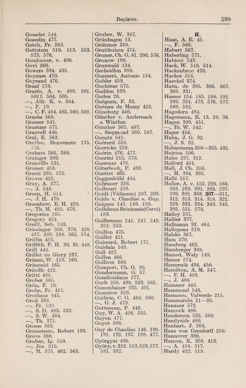 Gosselet 544. Gosselin 477. Gotch, Fr. 269. Gottstein 510. 513. 553. 573. 576. Goudoever, v. 496. Govi 260. Gowers 394. 435. Goyanes 470. Goyrand 476. Graaf 270. Graefe, A. v. 499. 501. 502 f. 504. 505. —, Alfr. K. v. 504. — F. 19. —, C. F. 484. 485. 500. 502. Graehs 568. Graeser 541. Graetzer 571. Graevell 440. Graf, E. 563. Graffeo, Benvenuto 175. 176. Graham 366. 380. Grainger 389. Granville 531. Grasset 458. Grassi 260. 575. Graves 425. Gray, A. 377. —, J. 546. Green, H. 514. —, J. H. 479. Greenhow, E. H. 428. —, Th. M. 425. 479. Gregorius 185. Gregory 424. Greift, Seb. 243. Griesinger 366. 370. 420. 437. 489. 538. 565. 574. Griffin 425. Griffith, F. H. 30. 35. 448. Grill 444. Grillet de Givry 237. Grimm, W. 159. 160. Grimoald 165. Grisolle 422. Gritti 495. Grober 565. Grön, F. 10. Grohe, Fr. 411. Groshans 445. Groß 368. —, Fr. 539. —, S. D. 483. 532. —, S. W. 484. Th. 371. Grosse 563. Grosseteste, Robert 193. Grove 380. Gr über, lg. 510. —, Jos. 510. —, M. 375. 462. 563. Gr über, W. 387. Grünhagen 13. Grützner 350. Gruithuisen 474. Grüner, Ch. G. 81. 200. 576. Grunow 190. Grunwald 134. Gscheidlen 398. Guaineri, Antonio 184. Gubler 459. Gucheras 575. Gudden 539. Gudea 26. Gueguen, F. 33. Guenau de Mussy 422. Günsburg 440. Günther v. Andernach s. Winther. Günther 365. 487. —, Siegmund 260. 587. Guentz 541. Guerard 558. Guericke 258. Guerin 476. 477. Guerini 515. 578. Guersant 476. Güter bock, P. 493. Guettet 465. Guggenbühl 444. Guhrauer 256. Guibourt 459. Guidi (Vidianus) 207. 209. Guido v. Ghauliae s. Guy. Guignes 142. 149. 150. Guilelmus Brixiensis(Corvi) 183. Guillemeau 241. 247. 249. 252. 253. Guillon 475. Guillot 421. Guiscard, Robert 171. Guislain 549. Gull 427. Güllen 466. Gulliver 389. Gumpert, Ch. G. 90. Gundermann, G. 57. Gundissalinus 177. Gurlt 250. 490. 583. 585. Gussenbauer 235. 491. Gusserow 529. Guthrie, C. G. 480. 500. —, G. J. 479. Guttmann, P. 440. Guy, W. A. 426. 555. Guyon 477. Guyot 508. Guy de Chauliac 146. 190. 191. 192. 197. 199. 477. Györgyai 496. Györy, v. 222. 513.523.577. 58i. 582. H. Haas, A. E. 45. —, F. 566. Habart 567. Haberling 571. Habicot 249. Hack, W. 510. 514. Hackenbruc 470. Hacker 518. Haeckel 374. Haen, de 305. 306. 307. 308. 331. Haeser 154. 185. 188. 192. 200. 334. 473. 576. 577. 580. 582. Hagedorn 494. Plagemann, E. 13. 20. 36. Hagen 309. 451. —, Fr. W. 542. Hager 456. Hahn, J. G. 92. —, J. S. 92. Hahnemann 350—355. 432. Hairion 506. Haies 297. 312. Haiford 424. Hall, J. Ch. 556. —, M. 394. 395. Halle 557. Haller, A. v. 152. 226. 266. 268. 269. 291. 295. 297. 298. 302. 303. 307—311, 312. 313. 314. 318, 322. 329. 333. 334. 343. 345. 395. 551. 578. Halley 571. Halber 377. Hallmann 92. 464. Plallopeau 519. Halske 367. Ham 270. Hamberg 462. Hamberger 308. Hamed, Waly 149. Hamer 574. Hamernik 434. 450. Hamilton, A. M. 547. —, F. H. 483. —, J. 480. Hammer 448. Hammond 546. Hamusco, Valverde 215. Hammurabi 21—26. Hanauer 572. Hancock 480. Handerson 532. 580. Handyside 480. Hanhart, J. 204. Hans von Gersdorff 250. Hannover 390. Hansen, K. 350. 413. —, A. 418. 517. Hardy 422. 519.