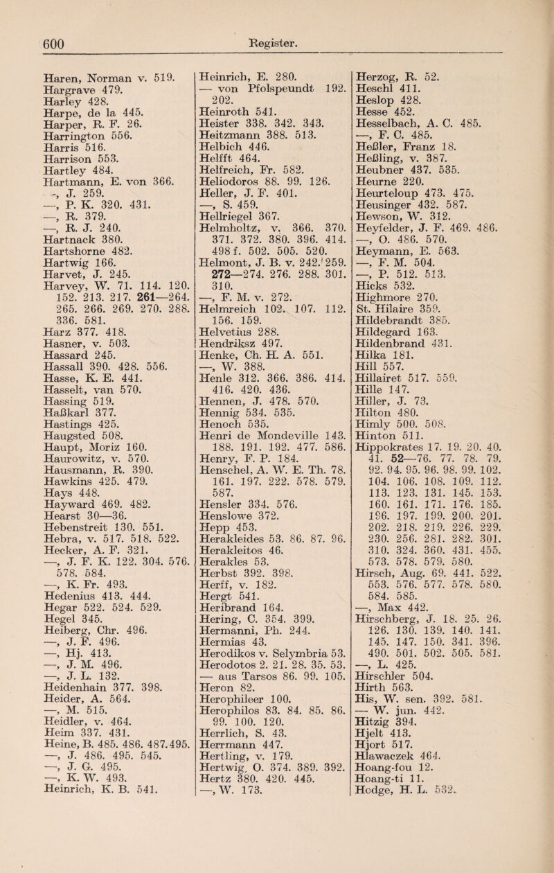 Haren, Norman v. 519. Hargrave 479. Harley 428. Harpe, de la 445. Har per, R. F. 26. Harrington 556. Harris 516. Harrison 553. Hartley 484. Hartmann, E. von 366. J. 259. —, P. K. 320. 431. —, R. 379. —> R. J. 240. Hartnack 380. Hartshorne 482. Hartwig 166. Harvet, J. 245. Harvey, W. 71. 114. 120. 152. 213. 217. 261—264. 265. 266. 269. 270. 288. 336. 581. Harz; 377. 418. Hasner, v. 503. Hassard 245. Hassall 390. 428. 556. Hasse, K. E. 441. Hasselt, van 570. Hassing 519. Haßkarl 377. Hastings 425. Haugsted 508. Haupt, Moriz 160. Haurowitz, v. 570. Hausmann, R. 390. Hawkins 425. 479. Hays 448. Hayward 469. 482. Hearst 30—36. Hebenstreit 130. 551. Hebra, v. 517. 518. 522. Hecker, A. F. 321. —, J. F. K. 122. 304. 576. 578. 584. —, K. Fr. 493. Hedenius 413. 444. Hegar 522. 524. 529. Hegel 345. Heiberg, Chr. 496. —, J. F. 496. —, Hj. 413. —, J. M. 496. —, J. L. 132. Heidenhain 377. 398. Heider, A. 564. —, M. 515. Heidler, v. 464. Heim 337. 431. Heine, B. 485. 486. 487.495. J. 486. 495. 545. —, J. G. 495. —, K. W. 493. Heinrich, K. B. 541. Heinrich, E. 280. — von Pfolspeundt 192. 202. Heinroth 541. Heister 338. 342. 343. Heitzmann 388. 513. Helbich 446. Helfft 464. Helfreich, Fr. 582. Heliodoros 88. 99. 126. Heller, J. F. 401. —, S. 459. Hellriegel 367. Helmholt z, v. 366. 370. 371. 372. 380. 396. 414. 498 f. 502. 505. 520. Helmont, J. B. v. 242.f 259. 272—274. 276. 288. 301. 310. —, F. M. v. 272. Helmreich 102. 107. 112. 156. 159. Helvetius 288. Hendriksz 497. Henke, Ch. H. A. 551. —, W. 388. Heule 312. 366. 386. 414. 416. 420. 436. Hennen, J. 478. 570. Hennig 534. 535. Henoch 535. Henri de Mondeville 143. 188. 191. 192. 477. 586. Henrv, F. P. 184. Henschel, A. W. E. Th. 78. 161. 197. 222. 578. 579. 587. Hensler 334. 576. Henslowe 372. Hepp 453. Herakleides 53. 86. 87. 96. Herakleitos 46. Herakles 53. Herbst 392. 398. Herff, v. 182. Hergt 541. Heribrand 164. Hering, C. 354. 399. Hermanni, Ph. 244. Hermias 43. Herodikos v. Selymbria 53. Herodotos 2. 21. 28. 35. 53. •—• aus Tarsos 86. 99. 105. Heron 82. Herophileer 100. Herophilos 83. 84. 85. 86. 99. 100. 120. Herrlich, S. 43. Herrmann 447. Hertling, v. 179. Hertwig, O. 374. 389. 392. Hertz 380. 420. 445. — W. 173. Herzog, R. 52. Heschl 411. Heslop 428. Hesse 452. Hesselbach, A. C. 485. —, F. C. 485. Heßler, Franz 18. Heßling, v. 387. Heubner 437. 535. Heurne 220. Heurteloup 473. 475. Heusinger 432. 587. Hewson, W. 312. Hevfelder, J. F. 469. 486. —,^0. 486. 570. Heymann, E. 563. —, F. M. 504. —, P. 512. 513. Hicks 532. Highmore 270. St. Hilaire 359. Hildebrandt 385. Hildegard 163. Hildenbrand 431. Hilka 181. Hill 557. Hillairet 517. 559. Hille 147. Hi]ler, J. 73. Hilton 480. Himly 500. 508. Hinton 511. Hippokrates 17. 19. 20. 40. 41. 52—76. 77. 78. 79. 92. 94. 95. 96. 98. 99. 102. 104. 106. 108. 109. 112. 113. 123. 131. 145. 153. 160. 161. 171. 176. 185. 1S6. 197. 189. 200. 201. 202. 218. 219. 226. 229. 230. 256. 281. 282. 301. 310. 324. 360. 431. 455. 573. 578. 579. 580. Hirsch, Aug. 69. 441. 522. 553. 576. 577. 578. 580. 584. 585. —, Max 442. Hirschberg, J. 18. 25. 26. 126. 130. 139. 140. 141. 145. 147. 150. 341. 396. 490. 501. 502. 505. 581. —, L. 425. Hirschier 504. Hirth 563. His, W. sen. 392. 581. — W. jun. 442. Hitzig 394. Hjelt 413. Hjort 517. Hlawaczek 464. Hoang-fou 12. Hoang-ti 11. Hedge, H. L. 532.