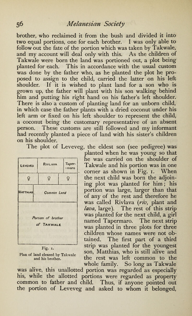 brother, who reclaimed it from the bush and divided it into two equal portions, one for each brother. I was only able to follow out the fate of the portion which was taken by Takwale, and my account will deal only with this. As the children of Takwale were born the land was portioned out, a plot being planted for each. This in accordance with the usual custom was done by the father who, as he planted the plot he pro¬ posed to assign to the child, carried the latter on his left shoulder. If it is wished to plant land for a son who is grown up, the father will plant with his son walking behind him and putting his right hand on his father’s left shoulder. There is also a custom of planting land for an unborn child, in which case the father plants with a dried coconut under his left arm or fixed on his left shoulder to represent the child, a coconut being the customary representative of an absent person. These customs are still followed and my informant had recently planted a piece of land with his sister’s children on his shoulder. The plot of Leveveg, the eldest son (see pedigree) was planted when he was young so that he was carried on the shoulder of Takwale and his portion was in one . corner as shown in Fig. i. When the next child was born the adjoin¬ ing plot was planted for him ; his portion was large, larger than that of any of the rest and therefore he was called Rivlava (riv, plant and lava, large). The rest of this strip was planted for the next child, a girl named Tapermaro. The next strip was planted in three plots for three children whose names were not ob¬ tained. The first part of a third strip was planted for the youngest son, Matthias, who is still alive and the rest was left common to the whole family. So long as Takwale was alive, this unallotted portion was regarded as especially his, while the allotted portions were regarded as property common to father and child. Thus, if anyone pointed out the portion of Leveveg and asked to whom it belonged, Ceveveo Rivlava ' Taper- -niaro $ 9 $ Matthias Common Land Portion of brother of Takwale Fig. i. Plan of land cleared by Takwale and his brother.