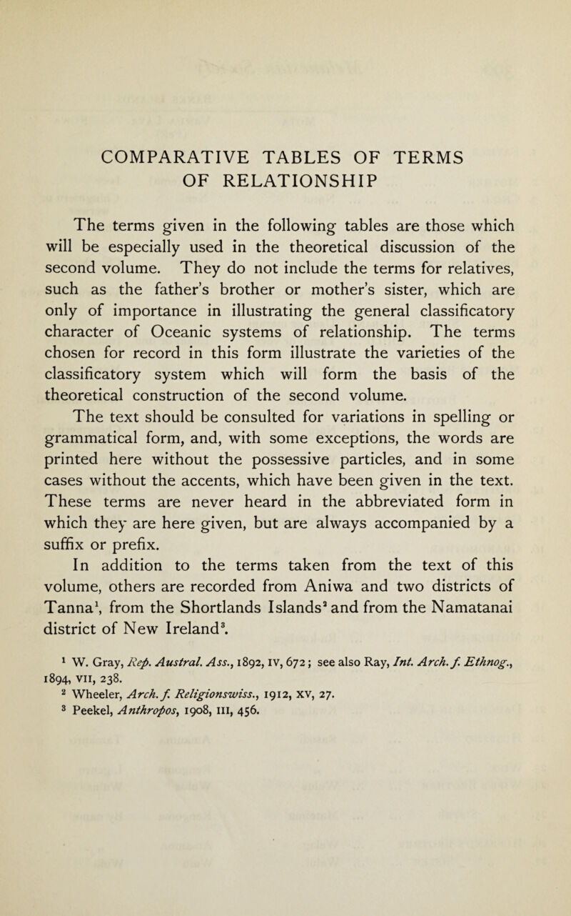 COMPARATIVE TABLES OF TERMS OF RELATIONSHIP The terms given in the following tables are those which will be especially used in the theoretical discussion of the second volume. They do not include the terms for relatives, such as the father’s brother or mother’s sister, which are only of importance in illustrating the general classificatory character of Oceanic systems of relationship. The terms chosen for record in this form illustrate the varieties of the classificatory system which will form the basis of the theoretical construction of the second volume. The text should be consulted for variations in spelling or grammatical form, and, with some exceptions, the words are printed here without the possessive particles, and in some cases without the accents, which have been given in the text. These terms are never heard in the abbreviated form in which they are here given, but are always accompanied by a suffix or prefix. In addition to the terms taken from the text of this volume, others are recorded from Aniwa and two districts of Tanna1, from the Shortlands Islands3 and from the Namatanai district of New Ireland3. 1 W. Gray, Rep. Austral. Ass., 1892, iv, 672; see also Ray, Int. Arch.f Ethnog., 1894, vii, 238. 2 Wheeler, Arch.f Religionswiss., 1912, XV, 27. 3 Peekel, Anthropos, 1908, in, 456.