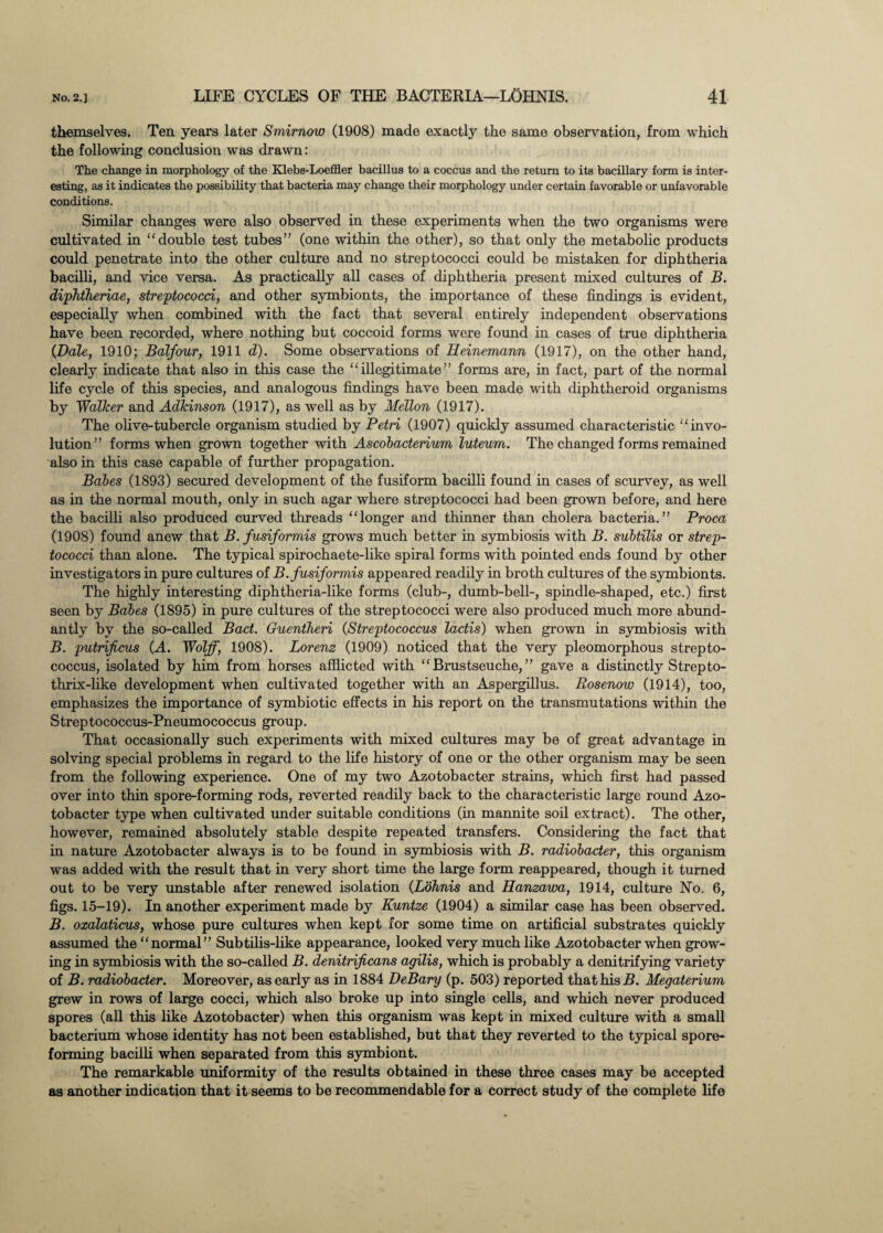 themselves. Ten years later Smimow (1908) made exactly the same observation, from which the following conclusion was drawn: The change in morphology of the Klebe-Loeffler bacillus to a coccus and the return to its bacillary form is inter¬ esting, as it indicates the possibility that bacteria may change their morphology under certain favorable or unfavorable conditions. Similar changes were also observed in these experiments when the two organisms were cultivated in “double test tubes” (one within the other), so that only the metabolic products could penetrate into the other culture and no streptococci could be mistaken for diphtheria bacilli, and vice versa. As practically all cases of diphtheria present mixed cultures of B. diplitheriae, streptococci, and other symbionts, the importance of these findings is evident, especially when combined with the fact that several entirely independent observations have been recorded, where nothing but coccoid forms were found in cases of true diphtheria (Dale, 1910; Balfour, 1911 d). Some observations of Heinemann (1917), on the other hand, clearly indicate that also in this case the “illegitimate” forms are, in fact, part of the normal life cycle of this species, and analogous findings have been made with diphtheroid organisms by Walker and Adkinson (1917), as well as by Mellon (1917). The olive-tubercle organism studied by Petri (1907) quickly assumed characteristic “invo¬ lution” forms when grown together with Ascobacterium luteum. The changed forms remained also in this case capable of further propagation. Babes (1893) secured development of the fusiform bacilli found in cases of scurvey, as well as in the normal mouth, only in such agar where streptococci had been grown before, and here the bacilli also produced curved threads “longer and thinner than cholera bacteria.” Proca (1908) found anew that B. fusiformis grows much better in symbiosis with B. subtilis or strep¬ tococci than alone. The typical spirochaete-like spiral forms with pointed ends found by other investigators in pure cultures of B.fusiformis appeared readily in broth cultures of the symbionts. The highly interesting diphtheria-like forms (club-, dumb-bell-, spindle-shaped, etc.) first seen by Babes (1895) in pure cultures of the streptococci were also produced much more abund¬ antly by the so-called Bad. Guentheri (Streptococcus ladis) when grown in symbiosis with B. putrificus (A. Wolff, 1908). Lorenz (1909) noticed that the very pleomorphous strepto¬ coccus, isolated by him from horses afflicted with “ Brustseuche, ” gave a distinctly Strepto- thrix-like development when cultivated together with an Aspergillus. Rosenow (1914), too, emphasizes the importance of symbiotic effects in his report on the transmutations within the Streptococcus-Pneumococcus group. That occasionally such experiments with mixed cultures may be of great advantage in solving special problems in regard to the life history of one or the other organism may be seen from the following experience. One of my two Azotobacter strains, which first had passed over into thin spore-forming rods, reverted readily back to the characteristic large round Azo¬ tobacter type when cultivated under suitable conditions (in mannite soil extract). The other, however, remained absolutely stable despite repeated transfers. Considering the fact that in nature Azotobacter always is to be found in symbiosis with B. radiobader, this organism was added with the result that in very short time the large form reappeared, though it turned out to be very unstable after renewed isolation (Lohnis and Hanzawa, 1914, culture No. 6, figs. 15-19). In another experiment made by Kuntze (1904) a similar case has been observed. B. oxalaticus, whose pure cultures when kept for some time on artificial substrates quickly assumed the “normal” Subtilis-like appearance, looked very much like Azotobacter when grow¬ ing in symbiosis with the so-called B. denitrificans agilis, which is probably a denitrifying variety of B. radiobader. Moreover, as early as in 1884 DeBary (p. 503) reported that his 7i. Megaterium grew in rows of large cocci, which also broke up into single cells, and which never produced spores (all this like Azotobacter) when this organism was kept in mixed culture with a small bacterium whose identity has not been established, but that they reverted to the typical spore¬ forming bacilli when separated from this symbiont. The remarkable uniformity of the results obtained in these three cases may be accepted as another indication that it seems to be recommendable for a correct study of the complete life