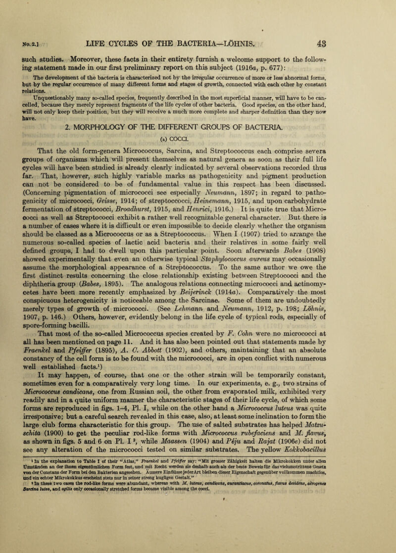 such studies. Moreover, these facts in their entirety furnish a welcome support to the follow¬ ing statement made in our first preliminary report on this subject (1916a, p. 677): The development of the bacteria is characterized not by the irregular occurrence of more or less abnormal forms, but by the regular occurrence of many different forms and stages of growth, connected with each other by constant relations. Unquestionably many so-called species, frequently described in the most superficial manner, will have to be can¬ celled, because they merely represent fragments of the life cycles of other bacteria. Good species, on the other hand, will not only keep their position, but they will receive a much more complete and sharper definition than they now have. 2. MORPHOLOGY OF THE DIFFERENT GROUPS OF BACTERIA. (a) COCCI. That the old form-genera Micrococcus, Sarcina, and Streptococcus each comprise severa groups of organisms which will present themselves as natural genera as soon as their full life cycles will have been studied is already clearly indicated by several observations recorded thus far. That, however, such highly variable marks as pathogenicity and pigment production can not be considered to be of fundamental value in this respect has been discussed. (Concerning pigmentation of micrococci see especially Neumann, 1897; in regard to patho¬ genicity of micrococci, Geisse, 1914; of streptoccocci, Heinemann, 1915, and upon carbohydrate fermentation of streptococci, Broadhurst, 1915, and Henrici, 1916.) It is quite true that Micro¬ cocci as well as Streptococci exhibit a rather well recognizable general character. But there is a number of cases where it is difficult or even impossible to decide clearly whether the organism should be classed as a Micrococcus or as a Streptococcus. When I (1907) tried to arrange the numerous so-called species of lactic acid bacteria and their relatives in some fairly well defined groups, I had to dwell upon this particular point. Soon afterwards Babes (1908) showed experimentally that even an otherwise typical Staphylococcus aureus may occasionally assume the morphological appearance of a Streptococcus. To the same author we owe the first distinct results concerning the close relationship existing between Streptococci and the diphtheria group (Babes, 1895). The analogous relations connecting micrococci and actinomy- cetes have been more recently emphasized by Beijerinck (1914a). Comparatively the most conspicuous heterogenicity is noticeable among the Sarcinae. Some of them are undoubtedly merely types of growth of micrococci. (See Lehmann and Neumann, 1912, p. 198; Lohnis, 1907, p. 146.) Others, however, evidently belong in the life cycle of typical rods, especially of spore-forming bacilli. That most of the so-called Micrococcus species created by F. Cohn were no micrococci at all has been mentioned on page 11. And it has also been pointed out that statements made by Fraenkel and Pfeiffer (1895), A. C. Abbott (1902), and others, maintaining that an absolute constancy of the cell form is to be found with the micrococci, are in open conflict with numerous well established facts.1) It may happen, of course, that one or the other strain will be temporarily constant, sometimes even for a comparatively very long time. In our experiments, e. g., two strains of Micrococcus candicans, one from Russian soil, the other from evaporated milk, exhibited very readily and in a quite uniform manner the characteristic stages of their life cycle, of which some forms are reproduced in figs. 1-4, PI. I, while on the other hand a Micrococcus luteus was quite irresponsive; but a careful search revealed in this case, also, at least some inclination to form the large club forms characteristic for this group. The use of salted substrates has helped Matzu- schita (1900) to get the peculiar rod-like forms with Micrococcus rubefaciens and M. jlavus, as shown in figs. 5 and 6 on PI. 12, while Maassen (1904) and Peju and Rajat (1906e) did not see any alteration of the micrococci tested on similar substrates. The yellow EoTckobacillus 1 In the explanation to Table I of their “Atlas,” Fraenkel and Pfeiffer say: “Mit grosser Zahigkeit halten die Mikrokokken unter alien Umstanden an der ihnen eigentiimlichen Form fest, und mit Recbt werden sie deshalb auch als der beste Beweis fiir das vielumstrittene Gesetz von der Constanz der Form bei den Bakterien angesehen. Aussere Einflilsse jederArt bleiben dieser Eigenschaft gegeniiber vollkommen machtlos, and ein echter Mikrokokkus erscheint stets nur in seiner streng kugligen Gestalt.” s In these two cases the rod-like forms were abundant, whereas with M. luteus, candicans, aurantiacus, coronatus, flavus desiiens, aerogenes Sarcina lutca, and agilis only occasionally stretched forms became visible among the cocci.