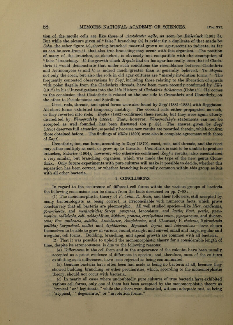 tion of the motile cells are like those of Azotobacter agile, as seen by Beijerinck (1901 b). But while the picture given of “false” branching (a) is evidently a duplicate of that made by Cohn, the other figure (e), showing branched material grown on agar, seems to indicate, as far as can be seen from it, that also true branching may occur with this organism. The position of many of the branches, as sketched, is obviously not compatible with the assumption of “false” branching. If the growth which Migula had on his agar has really been that of Clado- thrix it would demonstrate that under such conditions the resemblance between Cladothrix and Actinomyces (e and h) is indeed much greater than is generally believed. To Migula not only the cocci, but also the rods in old agar cultures are “merely involution forms.” The frequently contested observations by Zopf, including those relating to the liberation of spirals with polar flagella from the Cladothrix threads, have been more recently confirmed by Ellis (1912) in his “Investigations into the Life History of Cladothrix dichotoma (Cohn).” He comes to the conclusion that Cladothrix is related on the one side to Crenothrix and Clonothrix, on the other to Pseudomonas and Spirillum. Cocci, rods, threads, and spiral forms were also found by Zojpf (1881-1883) with Beggiatoa. All short forms exhibited temporary motility. The coccoid cells either propagated as such, or they reverted into rods. Engler (1882) confirmed these results, but they were again utterly discredited by Winogradsky (1888). That, however, Winogradsky's statements can not be accepted as well founded, has been discussed (on p. 38). The answer given by Zopj (1895) deserves full attention, especially because new results are recorded therein, which confirm those obtained before. The findings of Billet (1890) were also in complete agreement with those of Zopf. Crenothrix, too, can form, according to Zopf (1879), cocci, rods, and threads, and the cocci may either multiply as such or grow up to threads. Crenothrix is said to be unable to produce branches, Schorler (1904), however, who otherwise confirmed Zopf’s results, also encountered a very similar, but branching, organism, which was made the type of the new genus Clono¬ thrix. Only future experiments with pure cultures will make it possible to decide, whether this separation has been correct, or whether branching is equally common within this group as it is with all other bacteria. 3. CONCLUSIONS. In regard to the occurrence of different cell forms within the various groups of bacteria the following conclusions can be drawn from the facts discussed on pp. 7-88: (1) The monomorphistic theory of F. Cohn, R. Koch, and their followers, still accepted by many bacteriologists as being correct, is irreconcilable with numerous facts, which prove conclusively that all bacteria are pleomorphic. All well studied species—like Micr. candicans, gonorrhoeae, and meningitidis; Strept. pyogenes, lanceolatus, and lactis; Bad. pestis, pneu¬ moniae, radidcola, coli, acidophilum, bijidum, proteus, erysipelatos suum, pyocyaneum, and fluores- cens; Bac. anthracis, subtilis, Azotobacter, Amylobacter, and Chauvoei; V. cholerae, Spirochaeta pallida; Corynebact. mallei and diphtheriae; Mycobact. leprae and tuberculosis—have shown themselves to be able to grow in various, round, straight and curved, small and large, regular and irregular, cell forms. Budding, branching, and apical growth are common with all bacteria. (2) That it was possible to uphold the monomorphistic theory for a considerable length of time, despite its erroneousness, is due to the following reasons: (a) Differences in the cell form and in the appearance of the colonies have been usually accepted as a priori evidence of difference in species; and, therefore, most of the cultures exhibiting such differences, have been rejected as being contaminated. (b) Genuine bacteria have often been laid aside as being no bacteria at all, because they showed budding, branching, or other peculiarities, which, according to the monomorphistic theory, should not occur with bacteria. (c) In nearly all cases where undoubtedly pure cultures of true bacteria have exhibited various cell forms, only one of them has been accepted by the monomorphistic theory as “typical” or “legitimate,” while the others were discarded, without adequate test, as being “atypical,” “degenerate,” or “involution forms.”