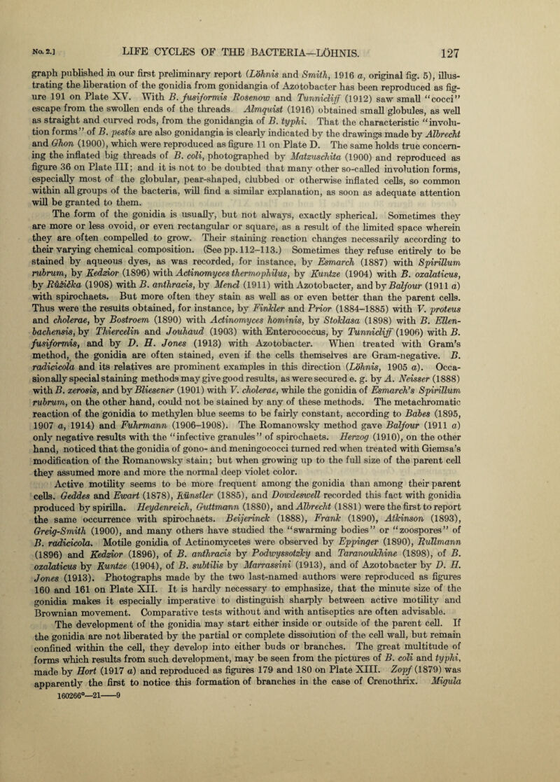 graph published in our first preliminary report (Lohnis and Smith, 1916 a, original fig. 5), illus¬ trating the liberation of the gonidia from gonidangia of Azotohacter has been reproduced as fig¬ ure 191 on Plate XV. With B. fusiformis Rosenow and Tunniclif (1912) saw small “cocci” escape from the swollen ends of the threads. Almquist (1916) obtained small globules, as well as straight and curved rods, from the gonidangia of B. typhi. That the characteristic “involu¬ tion forms” of B. pestis are also gonidangia is clearly indicated by the drawings made by Albrecht and Ghon (1900), which were reproduced as figure 11 on Plate D. The same holds true concern¬ ing the inflated big threads of B. coli, photographed by Matzuschita (1900) and reproduced as figure 36 on Plate III; and it is not to be doubted that many other so-called involution forms, especially most of the globular, pear-shaped, clubbed or otherwise inflated cells, so common within all groups of the bacteria, will find a similar explanation, as soon as adequate attention will be granted to them. The form of the gonidia is usually, but not always, exactly spherical. Sometimes they are more or less ovoid, or even rectangular or square, as a result of the limited space wherein they are often compelled to grow. Their staining reaction changes necessarily according to their varying chemical composition. (See pp. 112-113.) Sometimes they refuse entirely to be stained by aqueous dyes, as was recorded, for instance, by Esmarch (1887) with Spirillum rubrum, by Kedzior (1896) with Actinomyces thermo philus, by Kuntze (1904) with B. oxalaticus, by Rti£i6ka (1908) with B. anthracis, by Mencl (1911) with Azotobacter, and by Balfour (1911 a) with spirochaets. But more often they stain as well as or even better than the parent cells. Thus were the results obtained, for instance, by Finkler and Prior (1884-1885) with V. proteus and cholerae, by Bostroem (1890) with Actinomyces hominis, by Stoklasa (1898) with B. Ellen- bachensis, by Thiercelin and Jouhaud (1903) with Enterococcus, by Tunnicliff (1906) with B. fusiformis, and by D. H. Jones (1913) with Azotobacter. When treated with Gram’s method, the gonidia are often stained, even if the cells themselves are Gram-negative. B. radicicola and its relatives are prominent examples in this direction (Lohnis, 1905 a). Occa¬ sionally special staining methods may give good results, as were secured e. g. by A. Neisser (1888) with B. xerosis, and by Bliesener (1901) with V. cholerae, while the gonidia of Esmarch's Spirillum rubrum, on the other hand, could not be stained by any of these methods. The metachromatic reaction of the gonidia to methylen blue seems to be fairly constant, according to Babes (1895, 1907 a, 1914) and Fuhrmann (1906-1908). The Romanowsky method gave Balfour (1911 a) only negative results with the “infective granules” of spirochaets. Herzog (1910), on the other hand, noticed that the gonidia of gono- and meningococci turned red when treated with Giemsa’s modification of the Romanowsky stain; but when growing up to the full size of the parent cell they assumed more and more the normal deep violet color. Active motility seems to be more frequent among the gonidia than among their parent cells. Geddes and Ewart (1878), Runstler (1885), and Dowdeswell recorded this fact with gonidia produced by spirilla. Heydenreich, Guttmann (1880), and Albrecht (1881) were the first to report the same occurrence with spirochaets. Beijerinck (1888), Frank (1890), Atkinson (1893), Greig-Smith (1900), and many others have studied the “swarming bodies” or “zoospores” of B. radicicola. Motile gonidia of Actinomycetes were observed by Eppinger (1890), Rullmann (1896) and Kedzior (1896), of B. anthracis by Podwyssotzky and Taranoukhine (1898), of B. oxalaticus by Kuntze (1904), of B. subtilis by Marrassini (1913), and of Azotobacter by D. H. Jones (1913). Photographs made by the two last-named authors were reproduced as figures 160 and 161 on Plate XII. It is hardly necessary to emphasize, that the minute size of the gonidia makes it especially imperative to distinguish sharply between active motility and Brownian movement. Comparative tests without and with antiseptics are often advisable. The development of the gonidia may start either inside or outside of the parent cell. If the gonidia are not liberated by the partial or complete dissolution of the cell wall, but remain confined within the cell, they develop into either buds or branches. The great multitude of forms which results from such development, may be seen from the pictures of B. coli and typhi, made by Hort (1917 a) and reproduced as figures 179 and 180 on Plate XIII. Zopf (1879) was apparently the first to notice this formation of branches in the case of Crenothrix. Migula 160266°—21-9