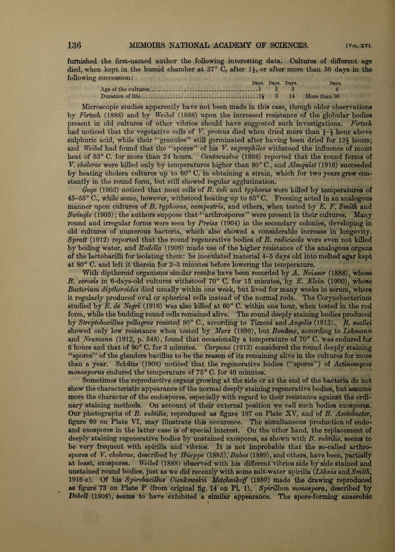 furnished the first-named author the following interesting data. Cultures of different age died, when kept in the humid chamber at 37° C, after 1^, or after more than 50 days in the following succession: Days. Days. Days. Days. Age of the cultures.1 2 3 8 Duration of life.11 3 14 More than 50 Microscopic studies apparently have not been made in this case, though older observations by Firtsch (1888) and by Weibel (1888) upon the increased resistance of the globular bodies present in old cultures of other vibrios should have suggested such investigations. Firtsch had noticed that the vegetative cells of V. proteus died when dried more than hour above sulphuric acid, while their “granules” still germinated after having been dried for 12£ hours; and Weibel had found that the “spores” of his V. saprophiles withstood the influence of moist heat of 53° C. for more than 24 hours. Cantacuzene (1898) reported that the round forms of V. cholerae were killed only by temperatures higher than 80° C., and Almquist (1916) succeeded by heating cholera cultures up to 60° C. in obtaining a strain, which for two years grew con¬ stantly in the round form, but still showed regular agglutination. Gage (1903) noticed that most cells of B. coli and typhosus were killed by temperatures of 45-55° C., while some, however, withstood heating up to 85° C. Freezing acted in an analogous manner upon cultures of B. typhosus, campestris, and others, when tested by E. F. Smith and Swingle (1905); the authors suppose that “ arthrospores ” were present in their cultures. Many round and irregular forms were seen by Preisz (1904) in the secondary colonies, developing in old cultures of numerous bacteria, which also showed a considerable increase in longevity. Spratt (1912) reported that the round regenerative bodies of B. radicicola were even not killed by boiling water, and Rodella (1908) made use of the higher resistance of the analogous organs of the lactobacilli for isolating them: he inoculated material 4-5 days old into melted agar kept at 80° C. and left it therein for 2-3 minutes before lowering the temperature. With diptheroid organisms similar results have been recorded by A. Neisser (1888), whose B. xerosis in 6-days-old cultures withstood 70° C. for 15 minutes, by E. Klein (1900), whose Bacterium diptheroides died usually within one week, but lived for many weeks in serum, where it regularly produced oval or spherical cells instead of the normal rods. The Corynebacterium studied by E. de Negri (1916) was also killed at 60° C. within one hour, when tested in the rod form, while the budding round cells remained alive. The round deeply staining bodies produced by Streptobacillus pellagrae resisted 80° C., according to Tizzoni and Angelis (1913). B. mallei showed only low resistance when tested by Marx (1899), but Bondme, according to Lehmann and Neumann (1912, p. 548), found that occasionally a temperature of 70° C. wras endured for 6 hours and that of 90° C. for 3 minutes. Carpano (1913) considered the round deeply staining “spores’ ’ of the glanders bacillus to be the reason of its remaining alive in the cultures for more than a year. Schutze (1908) noticed that the regenerative bodies (“spores”) of Actinomyces monosporus endured the temperature of 75° C. for 40 minutes. Sometimes the reproductive organs growing at the side or at the end of the bacteria do not show the characteristic appearance of the normal deeply staining regenerative bodies, but assume more the character of the endospores, especially with regard to their resistance against the ordi¬ nary staining methods. On account of their external position we call such bodies exospores. Our photographs of B. subtilis, reproduced as figure 197 on Plate XV, and of B. Azotobacter, figure 69 on Plate VI, may illustrate this occurence. The simultaneous production of endo- and exospores in the latter case is of special interest. On the other hand, the replacement of deeply staining regenerative bodies by unstained exospores, as shown with B. subtilis, seems to be very frequent with spirilla and vibrios. It is not improbable that the so-called arthro¬ spores of V. cholerae, described by Hueppe (1885), Babes (1889), and others, have been, partially at least, exospores. Weibel (1888) observed with his different vibrios side by side stained and unstained round bodies, just as we did recently with some salt-water spirilla (Lohnis and Smith, 1916 a). Of his Spirobacillus Cienkowskii Metchnikoff (1889) made the drawing reproduced as figure 73 on Plate P (from original fig. 14 on PI. 1). Spirillum monospora, described by Dobell (1908), seems to have exhibited a similar appearance. The spore-forming anaerobic