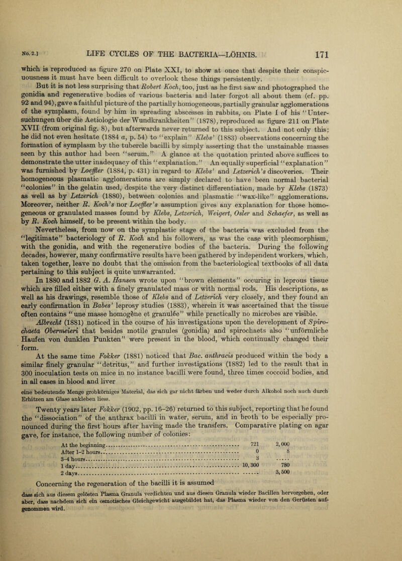 which is reproduced as figure 270 on Plate XXI, to show at once that despite their conspic¬ uousness it must have been difficult to overlook these things persistently. But it is not less surprising that Robert Koch, too, just as he first saw and photographed the gonidia and regenerative bodies of various bacteria and later forgot all about them (cf. pp. 92 and 94), gave a faithful picture of the partially homogeneous, partially granular agglomerations of the symplasm, found by him in spreading abscesses in rabbits, on Plate I of his “Unter- suchungen fiber die Aetiologie der Wundkrankheiten” (1878), reproduced as figure 211 on Plate XVII (from original fig. 8), but afterwards never returned to this subject. And not only this; he did not even hesitate (1884 a, p. 54) to “explain” Klebs’ (1883) observations concerning the formation of symplasm by the tubercle bacilli by simply asserting that the unstainable masses seen by this author had been “serum.” A glance at the quotation printed above suffices to demonstrate the utter inadequacy of this ‘ ‘ explanation. ” An equally superficial1 ‘ explanation ” was furnished by Loeffler (1884, p. 431) in regard to Klebs’ and Letzerich’s discoveries. Their homogeneous plasmatic agglomerations are simply declared to have been normal bacterial “colonies” in the gelatin used, despite the very distinct differentiation, made by Klebs (1873) as well as by Letzerich (1880), between colonies and plasmatic “wax-like” agglomerations. Moreover, neither R. Koch’s nor Loeffler’s assumption gives any explanation for those homo¬ geneous or granulated masses found by Klebs, Letzerich, Weigert, Osier and Schaefer, as well as by R. Koch himself, to be present within the body. Nevertheless, from now on the symplastic stage of the bacteria was excluded from the “legitimate” bacteriology of R. Koch and his followers, as was the case with pleomorphism, with the gonidia, and with the regenerative bodies of the bacteria. During the following decades, however, many confirmative results have been gathered by independent workers, which, taken together, leave no doubt that the omission from the bacteriological textbooks of all data pertaining to this subject is quite unwarranted. In 1880 and 1882 G. A. Hansen wrote upon “brown elements” occuring in leprous tissue which are filled either with a finely granulated mass or with normal rods. His descriptions, as well as his drawings, resemble those of Klebs and of Letzerich very closely, and they found an early confirmation in Babes’ leprosy studies (1883), wherein it was ascertained that the tissue often contains “une masse homogene et granule ” while practically no microbes are visible. Albrecht (1881) noticed in the course of his investigations upon the development of Spiro- chaeta Obermeieri that besides motile granules (gonidia) and spirochaets also “unformliche Haufen von dunklen Punkten” were present in the blood, which continually changed their form. At the same time Fokker (1881) noticed that Bac. anthracis produced within the body a similar finely granular “detritus,” and further investigations (1882) led to the result that in 300 inoculation tests on mice in no instance bacilli were found, three times coccoid bodies, and in all cases in blood and liver eine bedeutende Menge grobkomiges Material, das sich gar nicht farben und weder durch Alkohol noch auch durch Erhitzen am Glase ankleben liess. Twenty years later Fokker (1902, pp. 16-26) returned to this subject, reporting that he found the “dissociation” of the anthrax bacilli in water, serum, and in broth to be especially pro¬ nounced during the first hours after having made the transfers. Comparative plating on agar gave, for instance, the following number of colonies: At the beginning. 721 2,000 After 1-2 hours.. 0 3 3-4 hours. 3 . 1 day. 10,300 780 2 days. 3,500 Concerning the regeneration of the bacilli it is assumed dass sich aus diesem gelosten Plasma Granula verdichten und aus diesen Granula wieder Bacillen hervorgehen, oder aber, dass nachdem sich ein osmotisches Gleichgewicht ausgebildet hat, das Plasma wieder von den GerGsten auf- genommen wird.