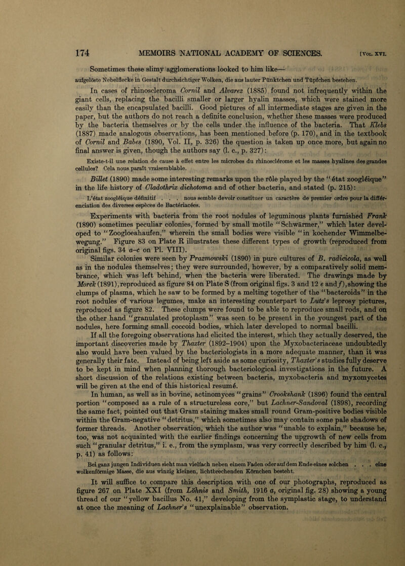 Sometimes these slimy agglomerations looked to him like— aufgeloste Nebelfleeke in Gestalt durchsichtiger Wolken, die aus lauter Piinktchen und Ttipfchen bestehen. In cases of rhinoscleroma Comil and Alvarez (1885) found not infrequently within the giant cells, replacing the bacilli smaller or larger hyalin masses, which were stained more easily than the encapsulated bacilli. Good pictures of all intermediate stages are given in the paper, but the authors do not reach a definite conclusion, whether these masses were produced by the bacteria themselves or by the cells under the influence of the bacteria. That Klebs (1887) made analogous observations, has been mentioned before (p. 170), and in the textbook of Comil and Babes (1890, Yol. II, p. 326) the question is taken up once more, but again no final answer is given, though the authors say (1. c., p. 327): Existe-t-il une relation de cause a effet entre les microbes du rhinoscl^rome et les masses hyalines des grandes cellules? Cela nous parait vraisemblable. Billet (1890) made some interesting remarks upon the r6le played by the “ 6tat zoogffiique” in the life history of Cladothrix dichotoma and of other bacteria, and stated (p. 215): L’6tat zoogl6ique d6finitif . . . nous semble devoir constituer un caractere de premier ordre pour la di£f4r- enciation des diverses esp&ces de Bact6riac6es. Experiments with bacteria from the root nodules of leguminous plants furnished Frank (1890) sometimes peculiar colonies, formed by small motile “Schwarmer,” which later devel¬ oped to “Zoogloeahaufen,” wherein the small bodies were visible “in kochender Wimmelbe- wegung.” Figure 83 on Plate R illustrates these different types of growth (reproduced from original figs. 34 a-c on PI. VIII). Similar colonies were seen by Prazmowski (1890) in pure cultures of B. radicicola, as well as in the nodules themselves; they were surrounded, however, by a comparatively solid mem- brance, which was left behind, when the bacteria were liberated. The drawings made by Morck (1891), reproduced as figure 84 on Plate S (from original figs. 3 and 12 e and/),showing the clumps of plasma, which he saw to be formed by a melting together of the “bacteroids” in the root nodules of various legumes, make an interesting counterpart to Lutz’s leprosy pictures, reproduced as figure 82. These clumps were found to be able to reproduce small rods, and on the other hand “granulated protoplasm” was seen to be present in the youngest part of the nodules, here forming small coccoid bodies, which later developed to normal bacilli. If all the foregoing observations had elicited the interest, which they actually deserved, the important discoveries made by Thaxter (1892-1904) upon the Myxobacteriaceae undoubtedly also would have been valued by the bacteriologists in a more adequate manner, than it was generally their fate. Instead of being left aside as some curiosity, Thaxter’s studies fully deserve to be kept in mind when planning thorough bacteriological investigations in the future. A short discussion of the relations existing between bacteria, myxobacteria and myxomycetes will be given at the end of this historical resumA In human, as well as in bovine, actinomyces “grains” Crookshank (1896) found the central portion “composed as a rule of a structureless core,” but Lachner-Sandoval (1898), recording the same fact, pointed out that Gram staining makes small round Gram-positive bodies visible within the Gram-negative “detritus,” which sometimes also may contain some pale shadows of former threads. Another observation, which the author was “unable to explain,” because he, too, was not acquainted with the earlier findings concerning the upgrowth of new cells from such “granular detritus,” i. e., from the symplasm, was very correctly described by him (1. c., p. 41) as follows: Bei ganz jungen Individuen sieht man vielfach neben einem Faden oderauf dem Ende einea aolchen . . . eine wolkenformige Masse, die aus winzig kleinen, lichtbrechenden Komchen besteht. It will suffice to compare this description with one of our photographs, reproduced as figure 267 on Plate XXI (from Lohnis and Smith, 1916 a, original fig. 28) showing a young thread of our “yellow bacillus No. 41,” developing from the symplastic stage, to understand at once the meaning of Lachner’s “ unexplainable ” observation.