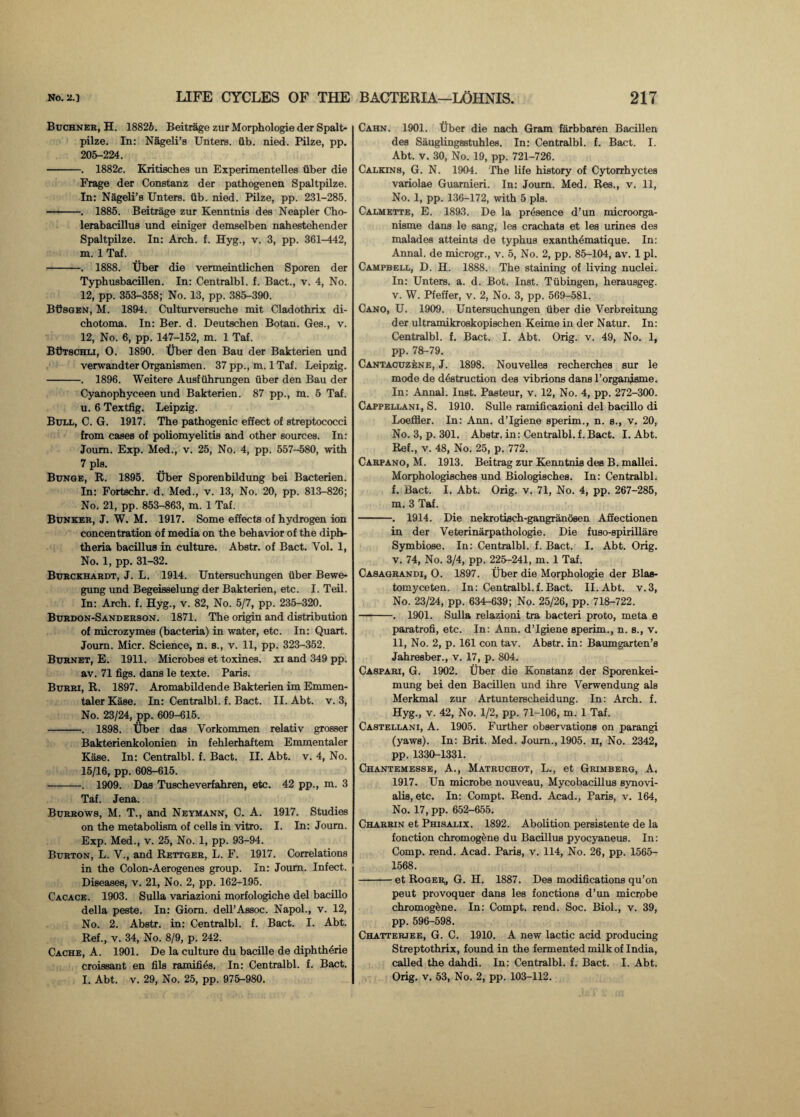 Buchner, H. 18826. Beitrage zur Morphologie der Spalt- pilze. In: Nageli’s Unters. fib. nied. Pilze, pp. 205-224. -. 1882c. Kritisches un Experimentelles fiber die Frage der Constanz der pathogenen Spaltpilze. In: Nageli’s Unters. lib. nied. Pilze, pp. 231-285. —--. 1885. Beitrage zur Kenntnis des Neapler Cho- lerabacillus und einiger demselben nahestehender Spaltpilze. In: Arch. f. Hyg., v. 3, pp. 361-442, m. 1 Taf. -. 1888. tiber die vermeintlichen Sporen der Typhusbacillen. In: Centralbl. f. Bact., v. 4, No. 12, pp. 353-358; No. 13, pp. 385-390. BtlsGEN, M. 1894. Culturversuche mit Cladothrix di- chotoma. In: Ber. d. Deutschen Botan. Ges., v. 12, No. 6, pp. 147-152, m. 1 Taf. BOtschli, O. 1890. Uber den Bau der Bakterien und verwandter Organismen. 37 pp., m. 1 Taf. Leipzig. -. 1896. Weitere Ausffihrungen fiber den Bau der Cyanophyceen und Bakterien. 87 pp., m. 5 Taf. u. 6 Textfig. Leipzig. Bull, C. G. 1917. The pathogenic effect of streptococci from cases of poliomyelitis and other sources. In: Joum. Exp. Med., v. 25, No. 4, pp. 557-580, with 7 pis. Bunge, R. 1895. Uber Sporenbildung bei Bacterien. In: Fortschr. d. Med., v. 13, No. 20, pp. 813-826; No. 21, pp. 853-863, m. 1 Taf. Bunker, J. W. M. 1917. Some effects of hydrogen ion concentration of media on the behavior of the diph¬ theria bacillus in culture. Abstr. of Bact. Vol. 1, No. 1, pp. 31-32. Burckhardt, J. L. 1914. Untersuchungen fiber Bewe- gung und Begeisselung der Bakterien, etc. I. Teil. In: Arch. f. Hyg., v. 82, No. 5/7, pp. 235-320. Burdon-Sanderson. 1871. The origin and distribution of microzymes (bacteria) in water, etc. In: Quart. Joum. Micr. Science, n. s., v. 11, pp. 323-352. Burnet, E. 1911. Microbes et toxines. xi and 349 pp. av. 71 figs, dans le texte. Paris. Burri, R. 1897. Aromabildende Bakterien im Emmen- taler Kase. In: Centralbl. f. Bact. II. Abt. v. 3, No. 23/24, pp. 609-615. -. 1898. tjher das Yorkommen relativ grosser Bakterienkolonien in fehlerhaftem Emmentaler Kase. In: Centralbl. f. Bact. II. Abt. v. 4, No. 15/16, pp. 608-615. -. 1909. Das Tuscheverfahren, etc. 42 pp., m. 3 Taf. Jena. Burrows, M. T., and Neymann, C. A. 1917. Studies on the metabolism of cells in vitro. I. In: Joum. Exp. Med., v. 25, No. 1, pp. 93-94. Burton, L. V., and Rettger, L. F. 1917. Correlations in the Colon-Aerogenes group. In: Joum. Infect. Diseases, v. 21, No. 2, pp. 162-195. Cacace. 1903. Sulla variazioni morfologiche del bacillo della peste. In: Giom. dell’Assoc. Napol., v. 12, No. 2. Abstr. in: Centralbl. f. Bact. I. Abt. Ref., v. 34, No. 8/9, p. 242. Cache, A. 1901. De la culture du bacille de diphtherie croissant en fils ramifies. In: Centralbl. f. Bact. I. Abt. v. 29, No. 25, pp. 975-980. Cahn. 1901. Uber die nach Gram farbbaren Bacillen des Sauglingsstuhles. In: Centralbl. f. Bact. I. Abt. v. 30, No. 19, pp. 721-726. Calkins, G. N. 1904. The life history of Cytorrhyctes variolae Guamieri. In: Joum. Med. Res., v. 11, No. 1, pp. 136-172, with 5 pis. Calmette, E. 1893. De la presence d’un microorga- nisme dans le sang, les crachats et les urines des malades atteints de typhus exanth^matique. In: Annal. de microgr., v. 5, No. 2, pp. 85-104, av. 1 pi. Campbell, D. H. 1888. The staining of living nuclei. In: Unters. a. d. Bot. Inst. Tubingen, herausgeg. v. W. Pfeffer, v. 2, No. 3, pp. 569-581. Cano, U. 1909. Untersuchungen fiber die Verbreitung der ultramikroskopischen Keime in der Natur. In: Centralbl. f. Bact. I. Abt. Orig. v. 49, No. 1, pp. 78-79. Cantacuzene, J. 1898. Nouvelles recherches sur le mode de destruction des vibrions dans l’organisme. In: Annal. Inst. Pasteur, v. 12, No. 4, pp. 272-300. Cappellani, S. 1910. Sulle ramificazioni del bacillo di Loeffler. In: Ann. d’lgiene sperim., n. s., v. 20, No. 3, p. 301. Abstr. in: Centralbl. f.Bact. I. Abt. Ref., v. 48, No. 25, p. 772. Carpano, M. 1913. Beitrag zur Kenntnis des B. mallei. MorphologiBch.es und Biologisches. In: Centralbl. f. Bact. I. Abt. Orig. v. 71, No. 4, pp. 267-285, m. 3 Taf. -. 1914. Die nekrotmch-gangranosen Affectionen in der Veterinarpathologie. Die fuso-spirillare Symbiose. In: Centralbl. f. Bact. I. Abt. Orig. v. 74, No. 3/4, pp. 225-241, m. 1 Taf. Casagrandi, O. 1897. Uber die Morphologie der Blas- tomyceten. In: Centralbl. f. Bact. II. Abt. v.3, No. 23/24, pp. 634-639; No. 25/26, pp. 718-722. —-. 1901. Sulla relazioni tra bacteri proto, meta e paratrofi, etc. In: Ann. d’lgiene sperim., n. s., v. 11, No. 2, p. 161 con tav. Abstr. in: Baumgarten’s Jahresber., v. 17, p. 804. Caspari, G. 1902. Uber die Konstanz der Sporenkei- mung bei den Bacillen und ihre Verwendung als Merkmal zur Artunterscheidung. In: Arch. f. Hyg., v. 42, No. 1/2, pp. 71-106, m. 1 Taf. Castellani, A. 1905. Further observations on parangi (yaws). In: Brit. Med. Joum., 1905. h, No. 2342, pp. 1330-1331. Chantemesse, A., Matruchot, L., et Grimberg, A. 1917. Un microbe nouveau, Mycobacillus synovi- alis, etc. In: Compt. Rend. Acad., Paris, v. 164, No. 17, pp. 652-655. Charrin et Phisalix. 1892. Abolition persistente de la fonction chromogkne du Bacillus pyocyaneus. In: Comp. rend. Acad. Paris, v. 114, No. 26, pp. 1565- 1568. -et Roger,, G. H. 1887. Des modifications qu’on peut provoquer dans les fonctions d’un microbe chromogene. In: Compt. rend. Soc. Biol., v. 39, pp. 596-598. Chatterjee, G. C. 1910. A new lactic acid producing Streptothrix, found in the fermented milk of India, called the dahdi. In: Centralbl. f. Bact. I. Abt. Orig. v. 53, No. 2, pp. 103-112.