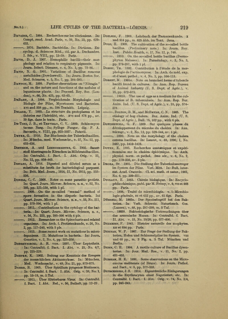 Davaine, C. 1864. Recherches sur les vibrioniens. In: Compt. rend. Acad. Paris, v. 59, No. 15, pp. 629- 633. -. 1876. Bactdrie. Bactdridie. In: Dictionn. En- cyclop. d. Sciences M6d., 6d. par A. Dechambre. 1. S4r., v. VIII, pp. 13-39. Paris. Davis, D. J. 1907. Hemophilic bacilli—their mor¬ phology and relation to respiratory pigments. In: Journ. Infect. Diseases, v. 4, No. 1, pp. 73-86. Davis, N. G. 1901. Variations of Bacillus rosaceus metalloides (Dowdeswell). In: Joum. Boston Soc. Med. Sciences, v. 5, No. 7, pp. 384-385. Dawson, M. 1899. Further observations on “Nitragin” and on the nature and functions of the nodules of leguminous plants. In: Proceed. Roy. Soc. (Lon¬ don), v. 66, No. 425, pp. 63-65. DeBary, A. 1884. Vergleichende Morphologie und Biologie der Pilze, Mycetozoen und Bacterien. xvi and 558 pp., m. 198 Textabb. Leipzig. Delage, Y. 1895. La structure du protoplasma et les theories sur I’h6redit6, etc. xvi and 878 pp., av. 39 figs, dans le texte. Paris. De-Toni, J. B., et Trevisan, C. V. 1889. Schizomyce- taceae Naeg. In: Sylloge Fungor. dig. P. A. Saccardo, v. VIII, pp. 923-1037. Patavii. Deyke, G. 1910. Zur Biochemie der Tuberkelbazillen. In: Munchn. med. Wochenschr., v. 57, No. 12, pp. 633-636. Dietrich, A. und Liebermeister, G. 1902. Sauer- stoff tibertragende Kornchen in Milzbrandbacillen. In: Centralbl. f. Bact. I. Abt. Orig. v. 31, No. 12, pp. 858-865. Dista80, A. 1916. Digested and diluted serum as a substitute for broth for bacteriological purposes. In: Brit. Med. Joum., 1916, II, No. 2912, pp. 555- 556. Dobell, C. C. 1908. Notes on some parasitic protists. In: Quart. Joum. Microsc. Science, n. s., v. 52, No. 205, pp. 121-138, with 1 pi. -. 1909. On the so-called “sexual” method of spore formation in the disporic bacteria. In: Quart. Joum. Microsc. Science, n. s., v. 53, No. 211, pp. 579-596, with 1 pi. -. 1911. Contributions to the cytology of the bac¬ teria. In: Quart. Journ. Microsc. Science, n. s., v. 56, No. 223, pp. 395-506 with 4 pis. -. 1912. Researches on the Spirochaets and related organisms. In: Arch. f. Protistenkunde, v. 26, No. 2, pp. 117-240, with 5 pis. --. 1913. Some recent work on mutations in micro¬ organisms. II. Mutations in bacteria. In: Journ. Genetics, v. 2, No. 4, pp. 325-350. Dobrzyniecki, A. R. von. 1897. Uber Leptothrix. In: Centralbl. f. Bact. I. Abt. v. 21, No. 6/7, pp. 225-229. Doepke, K. 1902. Beitrag zur Kenntnis des Erregers der menschlichen Aktinomykose. In: Mtinchen. Med. Wochenschr., v. 49, No. 21, pp. 873-875. Doerr, R. 1905. Uber Spirillum pyogenes Mezinescu. In: Centralbl. f. Bact. I. Abt. Orig. v. 38, No. 1, pp. 15-19, m. 1 Taf. -. 1911. Uber filtrierbares Virus. In: Centralbl. f. Bact. I. Abt. Ref., v. 50, Beiheft, pp. 12-23 . Doflein, F. 1909. Lehrbuch der Protozoenkunde. x und 914 pp., m. 825 Abb. im Text. Jena. Dold, H. 1909. The cultivation of the so-called bottle bacillus. (Preliminary note.) In: Journ. Roy. Inst. Public Health, v. 17, No. 12, p. 748. -. 1910. On the so-called bottle bacillus (Dermo- phyton Malassez). In: Parasitology, v. 3, No. 3, pp. 279-287, with 1 pi. Domec, Th. 1892. Contribution k l’6tude de la mor¬ phologie de l’actinomyces. In: Arch, de m6d. exp. et d’anat. pathol., v. 4, No. 1, pp. 104-113. Dorset, M. 1901a. Note on branched forms of tubercle bacilli found in cultures. In: Ann. Rep. Bureau of Animal Industry (U. S. Dept, of Agric.), v. 18, pp. 572-573. -. 19016. The use of eggs as a medium for the cul¬ tivation of B. tuberculosis. In: Ann. Rep. Bur. Anim. Ind. (U. S. Dept, of Agric.), v. 18, pp. 574- 578. -. Bolton, B. M., and McBryde, C. N. 1905. The etiology of hog cholera. Bur. Anim. Ind. (U. S. Dept, of Agric.), Bull. 75, 102 pp., with 6 pis. Dowdeswell, G. F. 1889. Sur quelques phases du ddveloppement du microbe du cholera. In: Ann. microgr., v. 2, No. 12, pp. 529-544, av. 1 pi. -. 1890. Note on the morphology of the cholera comma bacillus. In: Lancet, v. 68, 1890, I, No. 3487, pp. 1419-1423. Doyen, E. 1885. Recherches anatoimiques et experi- mentales sur le cholera epidemique. In: Arch, physiol, norm, et pathol. 3me s5r., v. 6, No. 2, pp. 179-236, av. 3 pis. Droba, St. 1901. Die Stellung der Tuberkuloseerreger im System der Pilze. Vorl. Mitt. In: Bull, inter- nat. Acad. Cracovie. Cl. sci. math, et natur., 1901, No. 6, pp. 309-311. Duclaux, E. 1883. Chimie biologique. In: Encyclo¬ pedic chimique, publ. par M. Fr4my, v. 9, vn et 908 pp. Paris. -. 1898. Traite de microbiologie. v. l:Microbio- logie gen^rale, m et 632 pp., av. 61 figs. Paris. Duggeli, M. 1905a. Der Speziesbegriff bei den Bak- terien. In: Verh. Schweiz. Naturforsch. Ges. (Luzern), v. 88, pp. 287-299, m. 5 Taf. —-. 19056. Bakteriologische Untersuchungen fiber das armenische Mazun. In: Centralbl. f. Bact. II. Abt. v. 15, No. 19/20, pp. 577-600. Dujardin, F. 1841. Histoire naturelle des zoophytes. xii et 684 pp. Paris. Dunbar, W. P. 1907. Zur Frage der Stellung der Bak- terien, Hefen und Schimmelpilze im System, vm und 60 pp., m. 3 Fig. u. 5 Taf. Mfinchen und Berlin. Dunn, C. H. 1904. A motile culture of Bacillus dysen- teriae. In: Jour. Med. Res., v. 11, No. 2, pp. 451-453. Durham, H. E. 1898. Some observations on the Micro¬ coccus melitensis (of Bruce). In: Joum. Pathol, and Bact., v. 5, pp. 377-388. Dutschenko, J. S. 1914. Eigentfimliche Einlagerungen in die Erythroeyten einer Nagetierart, etc. In: Centralbl. f. Bact. I. Abt. Orig. v. 74, No. 3/4, pp. 241-243.