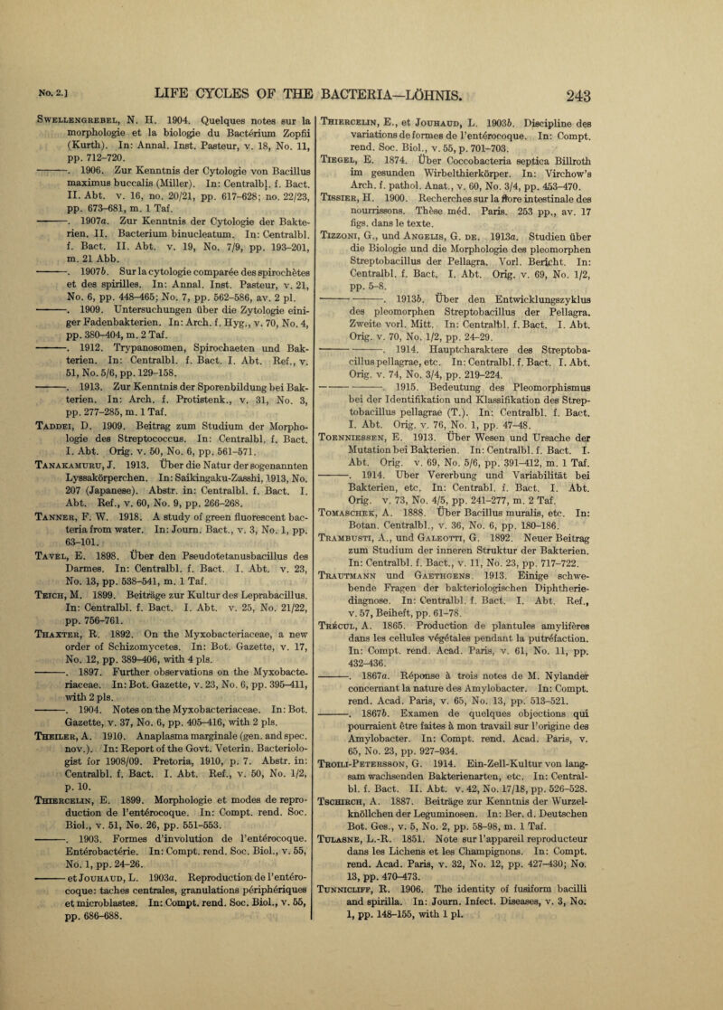 Swellengrebel, N. H. 1904. Quelques notes sur la morphologie et la biologie du Bacterium Zopfii (Kurth). In: Annal. Inst. Pasteur, v. 18, No. 11, pp. 712-720. -. 1906. Zur Kenntnis der Cytologie von Bacillus maximus buccalis (Miller). In: Centralbl. f. Bact. II. Abt. v. 16, no. 20/21, pp. 617-628; no. 22/23, pp. 673-681, m. 1 Taf. -. 1907a. Zur Kenntnis der Cytologie der Bakte- rien. II. Bacterium binucleatum. In: Centralbl. f. Bact. II. Abt. v. 19, No. 7/9, pp. 193-201, m.21 Abb. -. 19076. Sur la cytologie compare des spirochetes et des spirilles. In: Annal. Inst. Pasteur, v. 21, No. 6, pp. 448-465; No. 7, pp. 562-586, av. 2 pi. -. 1909. Untersuchungen tiber die Zytologie eini- ger Fadenbakterien. In: Arch. f. Hyg., v. 70, No. 4, pp. 380-404, m. 2 Taf. -. 1912. Trypanosomen, Spirochaeten und Bak- terien. In: Centralbl. f. Bact. I. Abt. Ref., v. 51, No. 5/6, pp. 129-158. -—. 1913. Zur Kenntnis der Sporenbildung bei Bak- terien. In: Arch. f. Protistenk., v. 31, No. 3, pp. 277-285, m.l Taf. Taddei, D. 1909. Beitrag zum Studium der Morpho¬ logie des Streptococcus. In: Centralbl. f. Bact. I. Abt. Orig. v. 50, No. 6, pp. 561-571. Tanakamuru, J. 1913. Uber die Natur der sogenannten Lyssakorperchen. In: Saikingaku-Zasshi, 1913, No. 207 (Japanese). Abstr. in: Centralbl. f. Bact. I. Abt. Ref., v. 60, No. 9, pp. 266-268. Tanner, F. W. 1918. A study of green fluorescent bac¬ teria from water. In: Journ. Bact., v. 3, No. 1, pp. 63-101. Tavel, E. 1898. Uber den Pseudotetanusbacillus des Darmes. In: Centralbl. f. Bact. I. Abt. v. 23, No. 13, pp. 538-541, m. 1 Taf. Teich, M. 1899. Beitrage zur Kultur des Leprabacillus. In: Centralbl. f. Bact. I. Abt. v. 25, No. 21/22, pp. 756-761. Thaxter, R. 1892. On the Myxobacteriaceae, a new order of Schizomycetes. In: Bot. Gazette, v. 17, No. 12, pp. 389-406, with 4 pis. -. 1897. Further observations on the Myxobacte¬ riaceae. In: Bot. Gazette, v. 23, No. 6, pp. 395-411, with 2 pis. -. 1904. Notes on the Myxobacteriaceae. In: Bot. Gazette, v. 37, No. 6, pp. 405^16, with 2 pis, Theiler, A. 1910. Anaplasma marginale (gen. and spec, nov.). In: Report of the Govt. Veterin. Bacteriolo¬ gist for 1908/09. Pretoria, 1910, p. 7. Abstr. in: Centralbl. f. Bact. I. Abt. Ref., v. 50, No. 1/2, p. 10. Thiercelin, E. 1899. Morphologie et modes de repro¬ duction de l’ent6rocoque. In: Compt. rend. Soc. Biol., v. 51, No. 26, pp. 551-553. -. 1903. Formes d’involution de l’enterocoque. Enterobacterie. In: Compt. rend. Soc. Biol., v. 55, No. 1, pp. 24-26. ■-etJouHAUD, L. 1903a. Reproduction de l’entero- coque: taches centrales, granulations peripheriques et microblastes. In: Compt. rend. Soc. Biol., v. 55, pp. 686-688. Thiercelin, E., et Jouhaud, L. 19036. Discipline des variations de formes de l’ent^rocoque. In: Compt. rend. Soc. Biol., v. 55, p. 701-703. Tiegel, E. 1874. Uber Coccobacteria septica Billroth im gesunden Wirbelthierkorper. In: Virchow’s Arch. f. pathol. Anat., v. 60, No. 3/4, pp. 453-470. Tis8Ier, H. 1900. Recherches sur la ffore intestinale des nourrissons. These m6d. Paris. 253 pp., av. 17 figs, dans le texte. Tizzoni, G., und Angelis, G. de. 1913a. Studien liber die Biologie und die Morphologie des pleomorphen Streptobacillus der Pellagra. Vorl. Bericht. In: Centralbl. f. Bact. I. Abt. Orig. v. 69, No. 1/2, pp. 5-8. •-. 19136. Uber den Entwicklungszyklus des pleomorphen Streptobacillus der Pellagra. Zweite vorl. Mitt. In: Centralbl. f. Bact. I. Abt. Orig. v. 70, No. 1/2, pp. 24-29. -. 1914. Hauptcharaktere des Streptoba¬ cillus pellagrae, etc. In: Centralbl. f. Bact. I. Abt. Orig. v. 74, No. 3/4, pp. 219-224. -. 1915. Bedeutung des Pleomorphismus bei der Identifikation und Klassifikation des Strep¬ tobacillus pellagrae (T.). In: Centralbl. f. Bact. I. Abt. Orig. v. 76, No. 1, pp. 47-48. Toenniessen, E. 1913. Uber Wesen und Ursache der Mutation bei Bakterien. In: Centralbl. f. Bact. I. Abt. Orig. v. 69, No. 5/6, pp. 391-412, m. 1 Taf. -. 1914. Uber Vererbung und Variabilitat bei Bakterien, etc. In: Centrabl. f. Bact. I. Abt. Orig. v. 73, No. 4/5, pp. 241-277, m. 2 Taf. Tomaschek, A. 1888. Uber Bacillus muralis, etc. In: Botan. Centralbl., v. 36, No. 6, pp. 180-186. Trambusti, A., und Galeotti, G. 1892. Neuer Beitrag zum Studium der inneren Struktur der Bakterien. In: Centralbl. f. Bact., v. 11, No. 23, pp. 717-722. Trautmann und Gaethgens. 1913. Einige schwe- bende Fragen der bakteriologischen Diphtherie- diagnose. In: Centralbl. f. Bact. I. Abt. Ref., v. 57, Beiheft, pp. 61-78. Trecul, A. 1865. Production de plantules amyliferes dans les cellules v6g6tales pendant la putrefaction. In: Compt. rend. Acad. Paris, v. 61, No. 11, pp. 432-436. -. 1867a. R6pon.se h, trois notes de M. Nylander concernant la nature des Amylobacter. In: Compt. rend. Acad. Paris, v. 65, No. 13, pp. 513-521. -. 18676. Examen de quelques objections qui pourraient etre faites a mon travail sur l’origine des Amylobacter. In: Compt. rend. Acad. Paris, v. 65, No. 23, pp. 927-934. Troili-Petersson, G. 1914. Ein-Zell-Kultur von lang- sam wachsenden Bakterienarten, etc. In: Central¬ bl. f. Bact. II. Abt. v. 42, No. 17/18, pp. 526-528. Tschirch, A. 1887. Beitrage zur Kenntnis der Wurzel- knollchen der Leguminosen. In: Ber. d. Deutschen Bot. Ges., v. 5, No. 2, pp. 58-98, m. 1 Taf. Tulasne, L.-R. 1851. Note sur l’appareil reproducteur dans les Lichens et les Champignons. In: Compt. rend. Acad. Paris, v. 32, No. 12, pp. 427-430; No. 13, pp. 470-473. Tunnicliff, R. 1906. The identity of fusiform bacilli and spirilla. In: Journ. Infect. Diseases, v. 3, No. 1, pp. 148-155, with 1 pi.