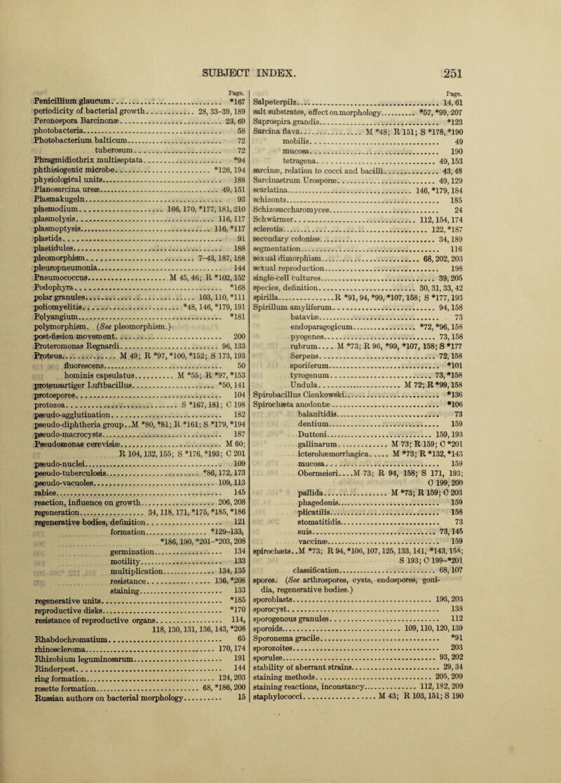 Page. Penicillium glaucum... *167 periodicity of bacterial growth. 28, 33-39,189 Peronospora Barcinonae.23,69 photobacteria. 58 Photobacterium balticum. 72 tuberosum. 72 Phragm idiothrix multiseptata. *94 phthisiogenic microbe. *126,194 physiological units. 188 Planosarcina urese.. 49,151 Plasmakugeln. 93 plasmodium. 166,170, *177,181, 210 plasmolysis..... 116,117 plasmoptysis..... 116, *117 plastids.,.,...........„..... 91 plastidules. 188 pleomorphism. 7-43,187,188 pleuropneumonia. 144 Pneumococcus. M 45, 46; R *102,152 Podophyra... *168 polar granules. 103,110, *111 poliomyelitis.*48,146, *179,191 Polyangium. *181 polymorphism. {See pleomorphism.) post-fission movement... 200 Proteromonas Regnardi. 96,133 Proteus... M 49; R *97, *100, *152; S 173,193 fluorescens. 50 hominis capsulatus.M *55; R *97, *153 proteusartiger Luftbacillus. *50,141 protospores. 104 protozoa. S *167,181; C 198 pseudo-agglutination,... 182 pseudo-diphtheria group. .M *80, *81; R *161; S *179, *194 pseudo-macrocysts. 187 Pseudomonas cerevisiae.,... M 60; R 104,132,155; S *176, *193; C 201 pseudo-nuclei. 109 pseudo-tuberculosis. *86,172,173 pseudo-vacuoles. 109,113 rabies. 145 reaction, influence on growth. 206,208 regeneration. 34,118,171, *175, *185, *186 regenerative bodies, definition.,. 121 formation... *129-133, *186,190, *201-*203, 208 germination. 134 motility.,... 133 multiplication. 134,135 resistance...,. 136,*208 staining. 133 regenerative units. *185 reproductive disks. *170 resistance of reproductive organs. 114, 118,130,131,136,143, *208 Rhabdochromatium. 65 rhinoscleroma..170,174 Rhizobium leguminosarum. 191 Rinderpest. 144 ring formation. 124,203 rosette formation. 68, *186,200 Russian authors on bacterial morphology. 15 Page. Salpeterpilz.. 14,61 salt substrates, effect on morphology. *57, *99,207 Saprospira grandis. *123 Sarcinaflava. M *48; R 151; S *178, *190 mobilis. 49 mucosa.j. 190 tetragena.49,153 sarcinee, relation to cocci and bacilli.43,48 Sarcinastrum Urosporse.49,129 scarlatina. 146, *179,184 schizonts.. 185 Schizosaccharomyces. 24 Sch warmer. 112,154,174 sclerotia. 122, *187 secondary colonies. 34,189 segmentation. 116 sexual dimorphism. 68, 202, 203 sexual reproduction. 198 single-cell cultures. 39, 205 species, definition. 30, 31, 33,42 spirilla.R *91,94, *99, *107,158; S *177,193 Spirillum amyliferum. 94,158 bataviae. 73 endoparagogicum. *72, *96,158 pyogenes. 73,158 rubrum_M *73; R 96, *99, *107, 158; S *177 Serpens.72,158 sporiferum. *101 tyrogenum.73, *158 Undula.. M 72; R *99,158 Spirobacillus Cienkowski. *136 Spirochseta anodontse. *106 balanitidis. 73 dentium. 159 Duttoni. 159,193 gallinarum.M 73; R 159; C *201 icterohsemorrhagica.M *73; R *132, *143 mucosa...... 159 Obermeieri... .M 73; R 94, 158; S 171, 193; O 199,200 pallida....M *73; R 159; C 203 phagedenis. 159 plicatilis. 158 stomatitidis. 73 suis.73,145 vaccinse. 159 spirochaets. .M *73; R 94, *106,107,125,133,141, *143,158; S 193;C 199-*201 classification. 68,107 spores. (See arthrospores, cysts, endospores, goni- dia, regenerative bodies.) sporoblasts. 193,203 sporocyst. 138 sporogenous granules. 112 sporoids. 109,110,120,139 Sporonema gracile. *91 sporozoites. 203 sporules. 93, 202 stability of aberrant strains.29,34 staining methods. 205,209 staining reactions, inconstancy. 112,182, 209 staphylococci.M43; R 103,151; S 190
