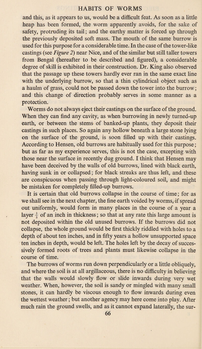 and this, as it appears to us, would be a difficult feat. As soon as a little heap has been formed, the worm apparently avoids, for the sake of safety, protruding its tail; and the earthy matter is forced up through the previously deposited soft mass. The mouth of the same burrow is used for this purpose for a considerable time. In the case of the tower-like castings (see Figure 2) near Nice, and of the similar but still taller towers from Bengal (hereafter to be described and figured), a considerable degree of skill is exhibited in their construction. Dr. King also observed that the passage up these towers hardly ever ran in the same exact fine with the underlying burrow, so that a thin cylindrical object such as a haulm of grass, could not be passed down the tower into the burrow; and this change of direction probably serves in some manner as a protection. Worms do not always eject their castings on the surface of the ground. When they can find any cavity, as when burrowing in newly turned-up earth, or between the stems of banked-up plants, they deposit their castings in such places. So again any hollow beneath a large stone lying on the surface of the ground, is soon filled up with their castings. According to Hensen, old burrows are habitually used for this purpose; but as far as my experience serves, this is not the case, excepting with those near the surface in recently dug ground. I think that Hensen may have been deceived by the walls of old burrows, lined with black earth, having sunk in or collapsed; for black streaks are thus left, and these are conspicuous when passing through fight-coloured soil, and might be mistaken for completely ffiled-up burrows. It is certain that old burrows collapse in the course of time; for as we shall see in the next chapter, the fine earth voided by worms, if spread out uniformly, would form in many places in the course of a year a layer \ of an inch in thickness; so that at any rate this large amount is not deposited within the old unused burrows. If the burrows did not collapse, the whole ground would be first thickly riddled with holes to a depth of about ten inches, and in fifty years a hollow unsupported space ten inches in depth, would be left. The holes left by the decay of succes¬ sively formed roots of trees and plants must likewise collapse in the course of time. The burrows of worms run down perpendicularly or a little obliquely, and where the soil is at all argillaceous, there is no difficulty in believing that the walls would slowly flow or slide inwards during very wet weather. When, however, the soil is sandy or mingled with many small stones, it can hardly be viscous enough to flow inwards during even the wettest weather; but another agency may here come into play. After much rain the ground swells, and as it cannot expand laterally, the sur-