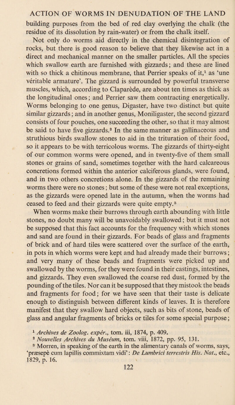 building purposes from the bed of red clay overlying the chalk (the residue of its dissolution by rain-water) or from the chalk itself. Not only do worms aid directly in the chemical disintegration of rocks, but there is good reason to believe that they likewise act in a direct and mechanical manner on the smaller particles. All the species which swallow earth are furnished with gizzards; and these are lined with so thick a chitinous membrane, that Perrier speaks of it,1 as ‘une veritable armature’. The gizzard is surrounded by powerful transverse muscles, which, according to Claparede, are about ten times as thick as the longitudinal ones; and Perrier saw them contracting energetically. Worms belonging to one genus, Digaster, have two distinct but quite similar gizzards; and in another genus, Moniligaster, the second gizzard consists of four pouches, one succeeding the other, so that it may almost be said to have five gizzards.2 In the same manner as gallinaceous and struthious birds swallow stones to aid in the trituration of their food, so it appears to be with terricolous worms. The gizzards of thirty-eight of our common worms were opened, and in twenty-five of them small stones or grains of sand, sometimes together with the hard calcareous concretions formed within the anterior calciferous glands, were found, and in two others concretions alone. In the gizzards of the remaining worms there were no stones; but some of these were not real exceptions, as the gizzards were opened late in the autumn, when the worms had ceased to feed and their gizzards were quite empty.3 When worms make their burrows through earth abounding with little stones, no doubt many will be unavoidably swallowed; but it must not be supposed that this fact accounts for the frequency with which stones and sand are found in their gizzards. For beads of glass and fragments of brick and of hard tiles were scattered over the surface of the earth, in pots in which worms were kept and had already made their burrows; and very many of these beads and fragments were picked up and swallowed by the worms, for they were found in their castings, intestines, and gizzards. They even swallowed the coarse red dust, formed by the pounding of the tiles. Nor can it be supposed that they mistook the beads and fragments for food; for we have seen that their taste is delicate enough to distinguish between different kinds of leaves. It is therefore manifest that they swallow hard objects, such as bits of stone, beads of glass and angular fragments of bricks or tiles for some special purpose; 1 Archives de Zoolog. exper., tom. iii, 1874, p. 409. 2 Nouvelles Archives du Museum, tom. viii, 1872, pp. 95, 131. 3 Morren, in speaking of the earth in the alimentary canals of worms, says, ‘praesepe cum lapillis commixtam vidi’: De Lumbrici terrestris His. Nat., etc., 1829, p. 16.