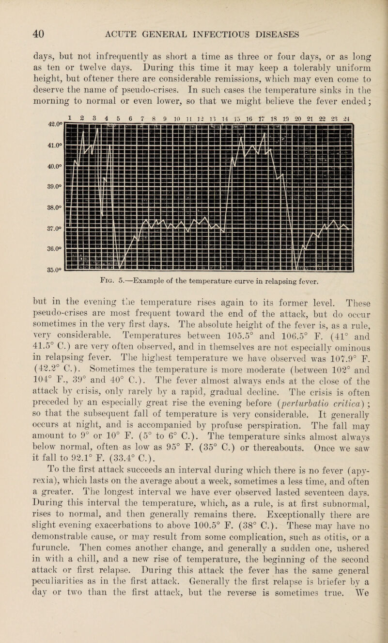 days, but not infrequently as short a time as three or four days, or as long as ten or twelve days. During this time it may keep a tolerably uniform height, but oftener there are considerable remissions, which may even come to deserve the name of pseudo-crises. In such cases the temperature sinks in the morning to normal or even lower, so that we might believe the fever ended; 42.0° 41.0° 40.0° 39.0° 38.0° 37.0° 36.0° 35.0° Fig. 5.—Example of the temperature curve in relapsing fever. 1 2 3 4 5 6 7 8 9 10 It 12 H 14 15 16 17 18 19 20 21 22 23 24 but in the evening the temperature rises again to its former level. These pseudo-crises are most frequent toward the end of the attack, but do occur sometimes in the very first days. The absolute height of the fever is, as a rule, very considerable. Temperatures between 105.5° and 106.5° F. (41° and 41.5° C.) are very often observed, and in themselves are not especially ominous in relapsing fever. The highest temperature we have observed was 107.9° F. (42.2° C.). Sometimes the temperature is more moderate (between 102° and 104° F., 39° and 40° C.). The fever almost always ends at the close of the attack by crisis, only rarely by a rapid, gradual decline. The crisis is often preceded by an especially great rise the evening before (perturbatio critica) ; so that the subsequent fall of temperature is very considerable. It generally occurs at night, and is accompanied by profuse perspiration. The fall may amount to 9° or 10° F. (5° to 6° C.). The temperature sinks almost always below normal, often as low as 95° F. (35° C.) or thereabouts. Once we saw it fall to 92.1° F. (33.4° C.). To the first attack succeeds an interval during which there is no fever (apy- rexia), which lasts on the average about a week, sometimes a less time, and often a greater. The longest interval we have ever observed lasted seventeen days. During this interval the temperature, which, as a rule, is at first subnormal, rises to normal, and then generally remains there. Exceptionally there are slight evening exacerbations to above 100.5° F. (38° C.). These may have no demonstrable cause, or may result from some complication, such as otitis, or a furuncle. Then comes another change, and generally a sudden one, ushered in with a chill, and a new rise of temperature, the beginning of the second attack or first relapse. During this attack the fever has the same general peculiarities as in the first attack. Generally the first relapse is briefer by a day or two than the first attack, but the reverse is sometimes true. We