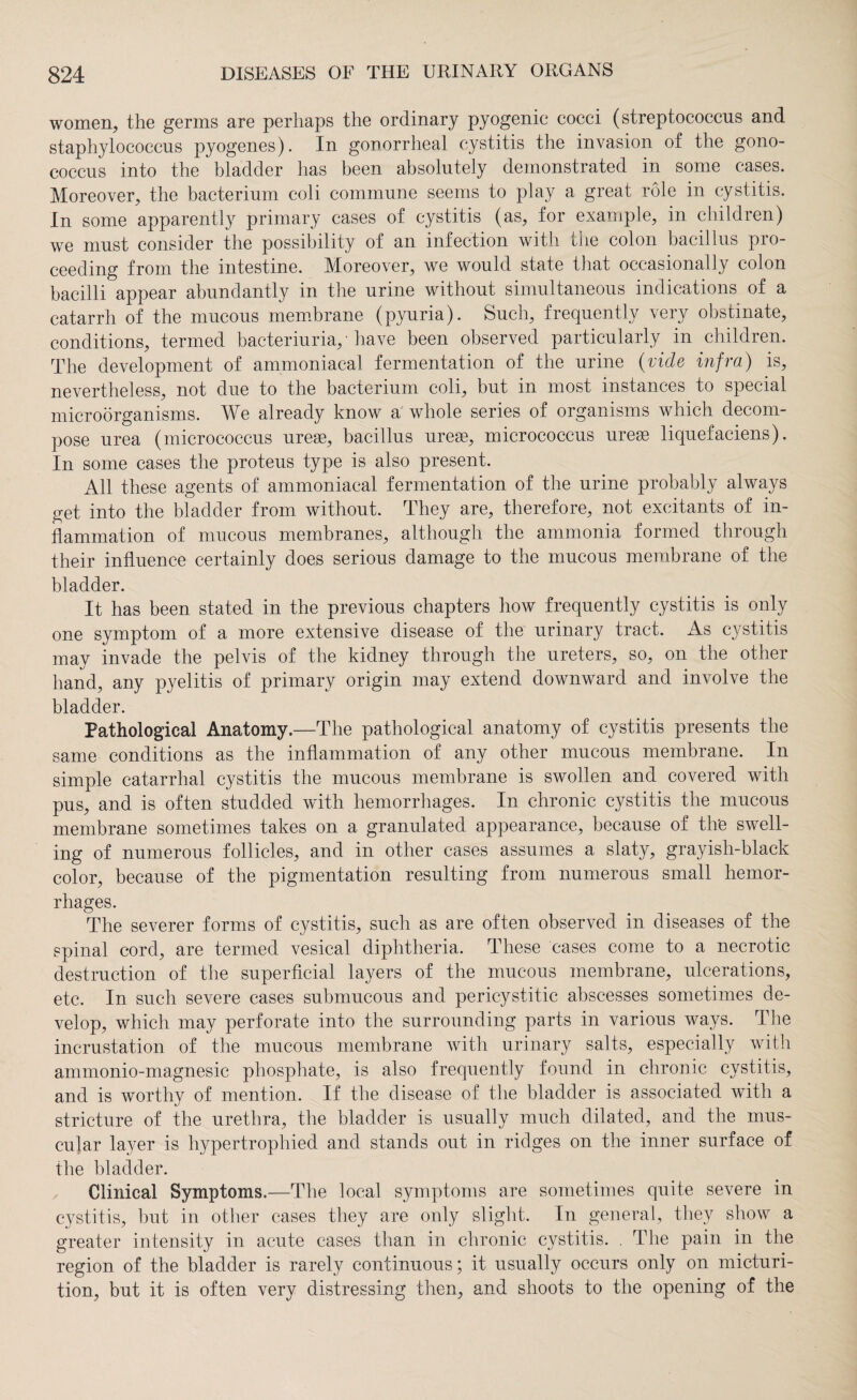 women, the germs are perhaps the ordinary pyogenic cocci (streptococcus and staphylococcus pyogenes). In gonorrheal cystitis the invasion of the gono¬ coccus into the bladder has been absolutely demonstrated in some cases. Moreover, the bacterium coli commune seems to play a great role in cystitis. In some apparently primary cases of cystitis (as, for example, in children) we must consider the possibility of an infection with the colon bacillus pro¬ ceeding from the intestine. Moreover, we would state that occasionally colon bacilli appear abundantly in the urine without simultaneous indications of a catarrh of the mucous membrane (pyuria). Such, frequently very obstinate, conditions, termed bacteriuria, ’ have been observed particularly in children. The development of ammoniacal fermentation of the urine (vide infra) is, nevertheless, not due to the bacterium coli, but in most instances to special microorganisms. We already know a whole series of organisms which decom¬ pose urea (micrococcus ureas, bacillus ureas, micrococcus ureas liquefaciens). In some cases the proteus type is also present. All these agents of ammoniacal fermentation of the urine probably always get into the bladder from without. They are, therefore, not excitants of in¬ flammation of mucous membranes, although the ammonia formed through their influence certainly does serious damage to the mucous membrane of the bladder. It has been stated in the previous chapters how frequently cystitis is only one symptom of a more extensive disease of the urinary tract. As cystitis may invade the pelvis of the kidney through the ureters, so, on the other hand, any pyelitis of primary origin may extend downward and involve the bladder. Pathological Anatomy.—The pathological anatomy of cystitis presents the same conditions as the inflammation of any other mucous membrane. In simple catarrhal cystitis the mucous membrane is swollen and covered with pus, and is often studded with hemorrhages. In chronic cystitis the mucous membrane sometimes takes on a granulated appearance, because of tire swell¬ ing of numerous follicles, and in other cases assumes a slaty, grayish-black color, because of the pigmentation resulting from numerous small hemor¬ rhages. The severer forms of cystitis, such as are often observed in diseases of the spinal cord, are termed vesical diphtheria. These cases come to a necrotic destruction of the superficial layers of the mucous membrane, ulcerations, etc. In such severe cases submucous and pericystitic abscesses sometimes de¬ velop, which may perforate into the surrounding parts in various ways. The incrustation of the mucous membrane with urinary salts, especially with ammonio-magnesic phosphate, is also frequently found in chronic cystitis, and is worthy of mention. If the disease of the bladder is associated with a stricture of the urethra, the bladder is usually much dilated, and the mus¬ cular layer is hypertrophied and stands out in ridges on the inner surface of the bladder. Clinical Symptoms.—The local symptoms are sometimes quite severe in cystitis, but in other cases they are only slight. In general, they show a greater intensity in acute cases than in chronic cystitis. . The pain in the region of the bladder is rarely continuous; it usually occurs only on micturi¬ tion, but it is often very distressing then, and shoots to the opening of the