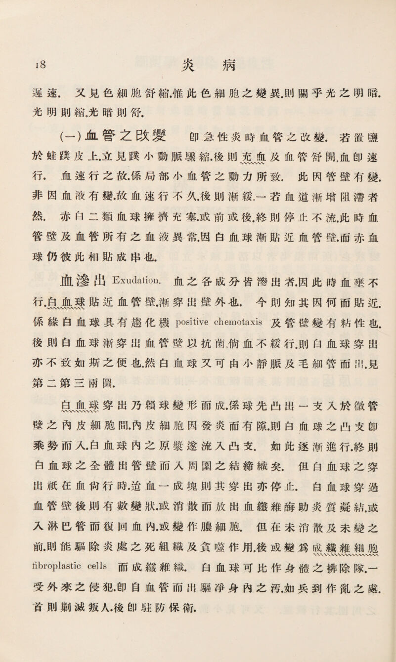 遲速.又見色細胞舒縮.惟此色細胞之變異.則關乎光之明暗. 光明則縮。光暗則舒. (一）血管之改變 卽急性炎時血管之改變.若置鹽 於蛙蹼皮上.立見蹼小動脈驟縮.後則充血及血管舒開,血卽速 行.血速行之故•係局部小血管之動力所致.此因管壁有變. 非因血液有變•故血速行不久.後則漸緩.一若血道漸增阻滯者 然，赤白二類血球擁擠充塞.或前或後.終則停止不流.此時血 管壁及血管所有之血液異常•因白血球漸貼近血管壁.而赤血 球仍彼此相貼成串也. 血滲出 Exudation. 血之各成分皆滲出者•因此時血壅不 行.白血球貼近血管壁.漸穿出壁外也.今則知其因何而貼近. 〜W〜〜*v*w*w〜. 係緣白血球具有趨化機positive chemotaxis及管壁變有粘性也. 後則白血球漸穿出血管壁以抗菌3倘血不緩行，則白血球穿出 亦不致如斯之便也，然白血球又可由小靜脈及毛細管而出.見 第二第三兩圖. gllL壤穿出乃賴球變形而成.係球先凸出一支入於微管 壁之內皮細胞間•內皮細胞因發炎而有隙.則白血球之凸支卽 乘勢而入•白血球內之原漿遂流入凸支.如此逐漸進行.終則 白血球之全體出管壁而入周圍之結締織矣.但白血球之穿 出祇在血尙行時•适血一成塊則其穿出亦停止.白血球穿過 血管壁後則有數變狀•或消散而放出血鑼雜酶助炎質凝結.或 入淋巴管而復回血內•或變作膿細胞.伹在未消散及未變之 前•則能驅除炎處之死組織及貪噬作用.後或變爲成纖雜細胞 fibroplastic cells而成纖維織.白血球可比作身體之排除隊.一 受外來之侵犯•卽自血管而出驅淨身內之汚.如兵到作亂之處, 首則剿滅叛人•後卽駐防保衛.