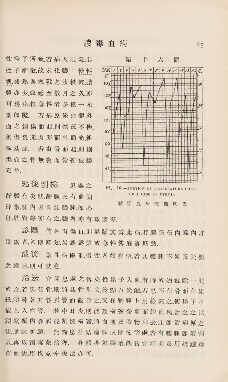 濃毒血病 性栓子所致.若病人壯健.其 桂子漸散.故未化膿.慢性 煮•發熟與寒戰之狀較輕•膿 腫亦少.或延至數月之久.亦 可獲痊.惟急性者多僅一星 期卽斃.若病原係由體外 面之創傷而起.則情况不佳^ 創傷裂開.肉芽面乾而光3組 織易爛•若由骨而起，則創 傷底之骨無膜而骨管被膿 充盈. 死後剖檢患處之 靜脈有炎7状.靜脈內有血團 碎散•肺內多有此膿腫•卽心, 第 十六圖 OF A CASE OF PYEMIA 膿毒血病體溫度表 肝，脾，腎等亦有之•膿內亦有球菌羣. 診斷倘外有傷江則易斷其爲此病•若膿腫在內臟內非 顯露者•紉則難知•易誤爲瘧或急性僂麻質斯熟. 豫後急性病極重•慢性者頗有樓•若其膿腫不累及緊要 之臟腑.則可就愈。 洽法宜阻患處之傳染性栓子入血，有時或須截除一肢 或公•若患在骨•則將其骨刮去•後點石炭酸.若患不在骨而在組 織•須尋著其靜脈管而截除之•又在膿腫上用線繫之.使栓子不 能上入血管，若中耳炎.則能致橫竇發炎而結血塊,治之之法. 須繫頸內靜脈並割開橫賣•將血塊及穢物刮去•此卽治病原之 法•屢試屢驗•無論患在結締織或關節等處•若有膽腫卽須割 放•再以消毒藥治理•身體亦須調治•飮食宜精美及用抗鏈球 菌血淸.用伐克辛療法亦可.