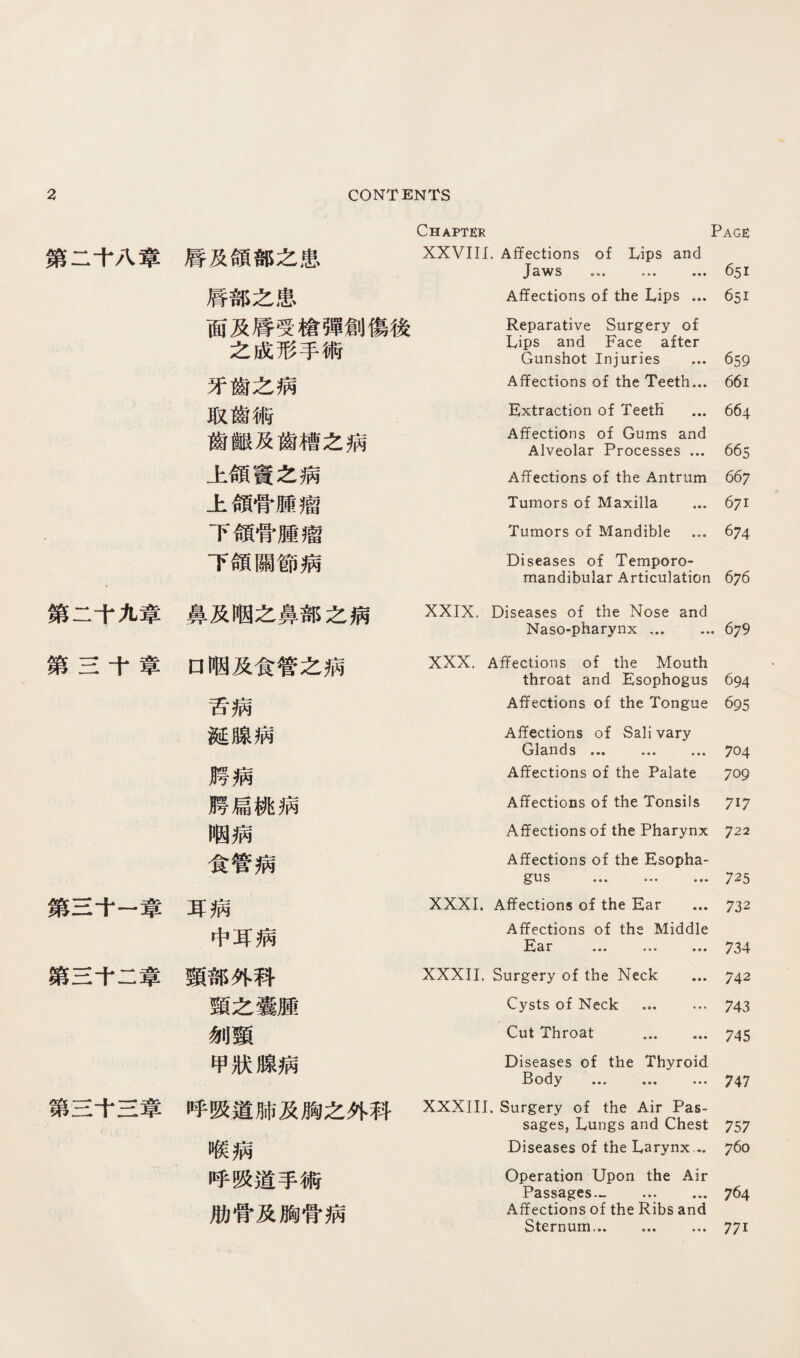 Page Chapter 第二十八寧 唇及領部之患 XXVIII. Affections of Lips and Jaws ... … ... 651 唇部之患 Affections of the Lips ... 651 面及唇受槍彈創傷後 之成形手術 Reparative Surgery of Lips and Face after Gunshot Injuries ... 659 牙齒之病 Affections of the Teeth... 661 取齒術 齒離及齒槽之病 Extraction of Teet丘 ... Affections of Gums and Alveolar Processes ... 664 665 上顧寶之病 Affections of the Antrum 667 上領骨腫瘤 Tumors of Maxilla ... 671 下領骨腫瘤 Tumors of Mandible ... 674 下領關節病 Diseases of Temporo¬ mandibular Articulation 676 第二千九章 鼻及個之鼻部之病 XXIX. Diseases of the Nose and Nasopharynx. 679 第s千章 口徊及食管之病 XXX. Affections of the Mouth throat and Esophogus 694 舌病 Affections of the Tongue 695 诞腺病 Affections of Sali vary Glands ••• ••• ••• 704 腾病 Affections of the Palate 709 腾扁桃病 Affections of the Tonsils 717 晒病 Affections of the Pharynx 722 食管病 Affections of the Esopha¬ gus .. 725 第S十一章 耳病 中耳病 XXXI. Affections of the Ear ... Affections of the Middle 过 r ■■■ 732 734 第二千二韋 類部外群 XXXII. Surgery of the Neck … 742 頸之囊腫 Cysts of Neck . 743 劍頸 Cut Throat . 745 甲狀腺病 Diseases of the Thyroid Body ••• ••• 747 第兰千三章 j 1 呼吸道肺及胸之外科 XXXIII. Surgery of the Air Pas¬ sages, Lungs and Chest 757 喉病 Diseases of the Larynx.,. 760 呼吸道手術 肋骨及胸骨病 Operation Upon the Air Passages … . Affections of the Ribs and Sternum. ... 764 771