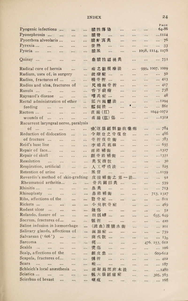 Pyogenic infections. * ♦ ♦ 臟性傳梁 ... • • • • « • Page 64-% Pyonephrosis. ♦ ♦ ■ 腦臂 . ■ ♦ ♦ • ■ • ...1114 Pyorrhoea alveolaris. • • • 臟方•搏炎 ... ♦ ♦ ♦ • ♦ ♦ ... 76 Pyrexia. ♦ ** 發熱 . • « ■ • • « … 33 Pyuria. •专♦ 臟張 . • • ♦ 1098, 1114, 1178 Quinsy. • ♦ ♦ 急體性扁桃炎 • ♦ ♦ ♦ ♦ ♦ ... 751 Radical cure of hernia ... • • • 術之斷根據法 • ♦ ♦' 999, 1007, 1009 Radium, uses of, in surgery • • • 銳磯症. ♦ ♦ • ... 50 Radius, fractures of. • • • 燒骨折. ... 4。 Radius and ulna, fractures of » • • 巧繞雨曾折… • ♦ ♦ ... 417 Ranula. . • • • 营下袋瘤 ... • ♦ ♦ ... 738 Raynaud’s disease . ■ • • 谭巧症… … …4容 Rectal administration of ether 赃內施凝法… ♦ ♦ • ...1294 feeding ••• ••• ••• ♦ • ♦ 化飼法. 9 ... 861 ••• ••• ••• , ••• ♦ ♦ • 直腸（胚） ... … 1044-1072 wounds of ... ... … ... Recurrent laryngeal nerve, paralysis 直腸（脏）傷… … ...1312 of ••• ♦ • • 嚷:返臟經割斷致讓攤 ... 784 Reduction of dislocation ... » • • 令離位之曾樓化 • ♦ • ... 4% of fracture . • • • 骨折樓位術… …舰 Reid，s base line ... • • • 李德氏底線… ... 635 Repair of face. ■ • • 面修補術 ... ♦ ♦ • …1327 Repair of skull ... ... • • • 顔骨修輔術… ... …T33I Resolution ... ... ... • • • 炎賞消散 ... ... 30 Respiration, artificial ... * * * 人工呼吸法… … ... 825 Retention of urine . • ♦ ♦ 藤留 ... ... • • ■ …1159 Reverdin's method of skin-grafting 皮接補術么第一 法… ... 92 Rheumatoid arthritis. 曾巧關節炎… …539 Rhinitis ... ... … ... • ♦ ♦ 鼻炎 ... ... ... 713 Rhinoplasty ... ... ... • • • 鼻修補術 ... ♦ ♦ ♦ 713, 1327 Ribs, affections of the ... • • • 肋骨症. ... 8ii Rickets ... ... ... ... • • • 小兒軟营症 ... 469 Rodent ulcer ... . ♦ ♦ ■ 鈍傷 . ... 52 Rolando, fissure of . ♦ ♦ ■ 額顧[祿… ... 635, 649 Sacrum, fractures of. t ■ • 離折 . • • V ... 420 Saline infusion in haemorrhage (流血）灌鹽水術 • • • ... 201 Salivary glands, affections of 帝 诞腺症. …739 Salvarsan (‘ 606，）. • • ■ 薩巧散. ••• i3o Sarcoma . • ♦ • ’ ••• ••• ••• 476, 153, 6口 Scalds ••• ... 繫傷 . ...106 Scalp, a任ections of the ... ■ ♦ • 願皮患. 609-612 Scapula, fractures of. • ♦ • 縛折 . ... 402 Scat's ... ... 1^5! • • • ••• ••• ...187 Schleich's local anaesthesia ... 深射局郁麻木法 • « « ...1280 Sciatica ... 祝大腦經痛症 305, 563 Scirrhus of breast . ■ •垂 硬通 . ...168 t