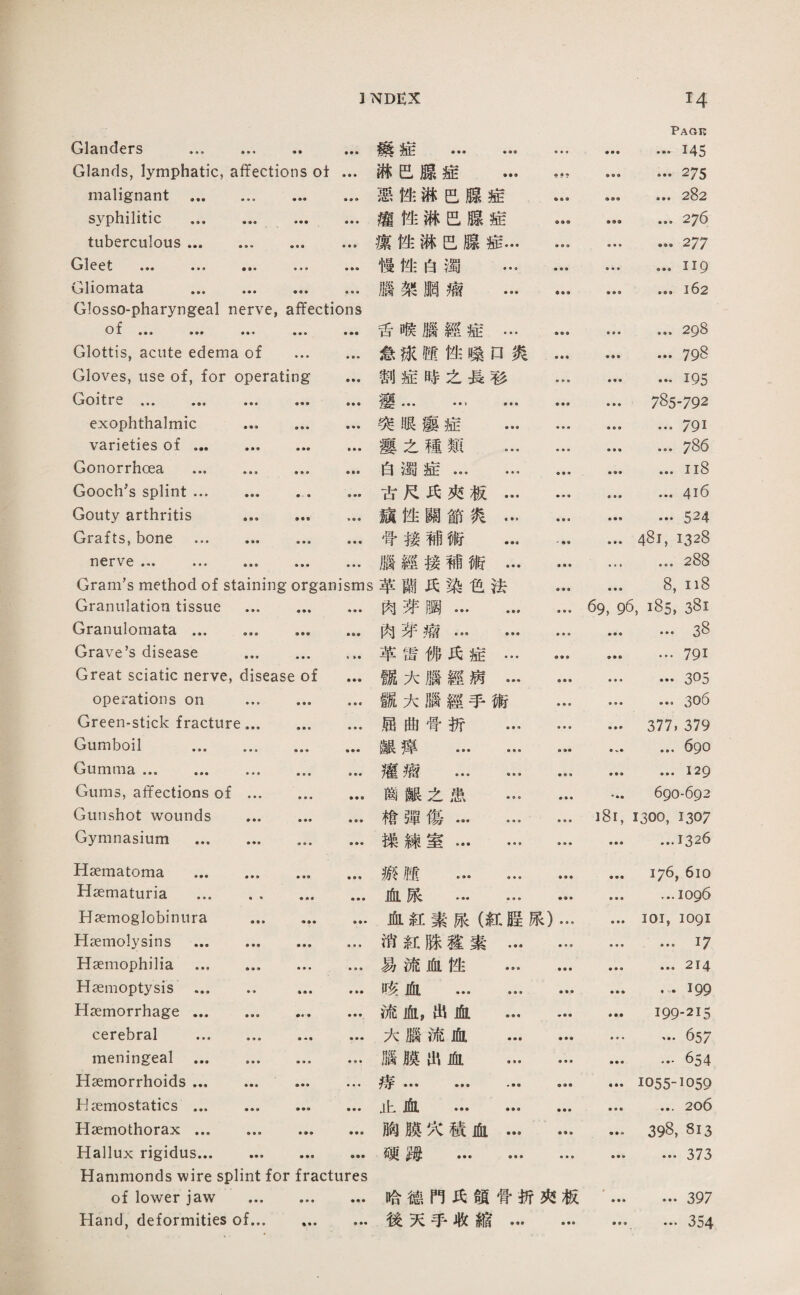 Glanders . • • ♦ • • 療症 … ••• • ♦ ♦ Pag朽 ■■■ 145 Glands, lymphatic, affections of ■ ■ ♦ 郝E腺症 ... * § • ，•• ••• 275 malignant . • •• • • • 惡挫紙己腺症 »■ • ••• 282 syphilitic . • •• 灌性琳邑腺症 ■■■ 2^6 tuberculous. • ♦ • • • • 潔性淋G膝疲… • ■ • ■ ••• 2^7 ••• ••• ••• ■ • • • • • 慢性白濁 … • • • …IIQ Gliomata . ♦ ♦ ♦ • ♦ • 臟架腮瘤 ... ♦ 162 Glosso-pharyngeal nerve, affections o f ■■■ 舌喉腦經症… .298 Glottis, acute edema of ♦春• 急泳隨性暖口炎 • ♦ • • • • • • • 79^ Gloves, use of, for operating • • • 割症呼么甚衫 • • ® IQ 另 Goitre ... ... ... • • • • ♦ ♦ 藝.. ... • • • ... 785-792 exophthalmic … • • • • • • 巧眼瘦症 … • ■ ■ … …791 varieties of ... ... • •• • • • 藝之種類 … • • • .7% Gonorrhoea . • ♦ • • • • 白濁症... ••• ♦ ♦ ■ .ii8 Gooch’s splint. • •• 古尺巧夾板… • • • .416 Gouty arthritis ... 窥性關節炎… … 524 Grafts, bone . • • • ♦ ♦ ♦ 骨接補術 ... -•* ... 48i, 1328 nerve ... . ♦ • ♦ ♦ ♦ « 腦經接補術… • ■ ■ ... ... 2摊 Gram’s method of staining organisms 苹關氏染芭法 • • • ... 8, ii8 Granulation tissue ... •参• 肉芽觸. • ♦ ♦ 69, 96, 185, 381 Granulomata. • •• 肉芽瀉. ■参• ••• • • • 38 Grave’s disease ... • • • 苹儀佛氏症… ♦ • ♦ ••• ... 791 Great sciatic nerve, disease of 飄大腦經病… • • • ••• 305 operations on ... • • • • • • f琼大腦經手術 ♦ ■ • ，•• ••• 30資 Green-stick fracture... 屈曲曾折 ... ♦ ♦ • ... 377, 379 Gumboil . • • • • •眷 銀揮 . • •• .690 Gumma. • • • • • ♦ 灌藏 . • • • ... ...129 Gums, affections of ... • • • ♦ ♦ ■ 齒銀之患 ... • ♦ ♦ ... 690-692 Gunshot wounds … • • • 檐彈傷. • • • i8i，1300, 1307 Gymnasium . • • ♦ • ♦ ■ 操練室. • ■ ♦ .1326 Hsematoma . ■ •• 獻趨 . • • ♦ ... 176, 610 Hsematuria . ■ ♦ ♦ 血旅 ... ... ... …1096 Hsemoglobinura ... ■ • ■ 血紅素眼（紅膛張）… ... loi, 1091 Hsemolysins . • • • • • • 消紅勝灌素… ■ ■■ 17 Haemophilia . • ♦ ■ • • • 易流血性 ... ■ ■ • ... ... 214 Haemoptysis . ♦ ♦ ♦ ♦ ♦争 咳血 ... • • • • • 199 Haemorrhage. ««'• • • • 流血，出血 ... ♦ ■ • ... 199-215 cerebral . • • • 大腦流化 ... ... 657 meningeal ... ... • • • 臟膜化血 ... ♦ ♦ ♦ ••• ••- 6。4 Haemorrhoids. • •• • • • ••• ••• • •• • •• …1055-1059 Hjemostatics. • • • ■ ■ • 止血 ••• ••• ... ... 2o6 Hsemothorax. • • • 胸膜义横血… ♦ • • … 398, 813 Hallux rigidus. • •• • •• 颂跳 . ♦ • ■ … ••• 373 Hammonds wire splint for fractures of lower jaw . 哈德門巧頌骨巧夾板 • •• ••• 397 Hand, deformities of... • • • • ♦♦ 後天手取縮… • •• • • • • • • 354*